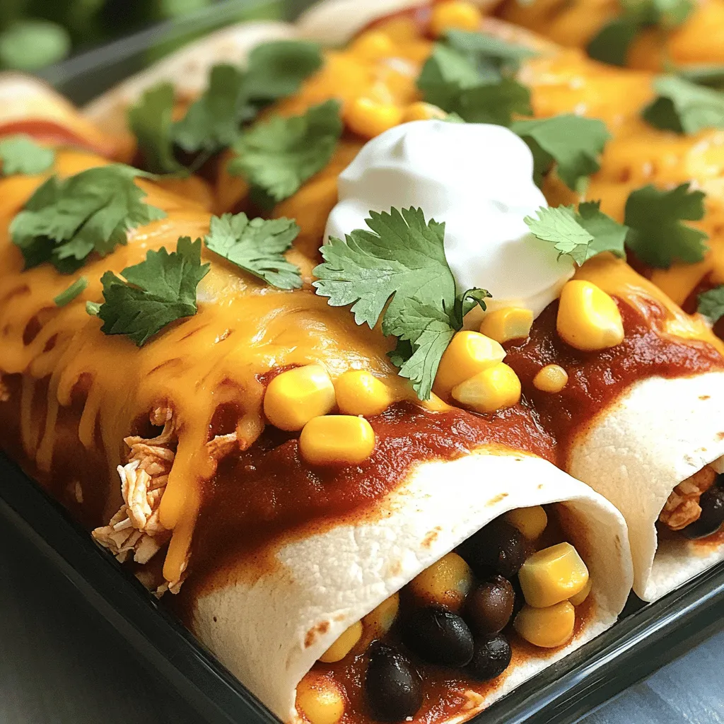 For easy chicken enchiladas, gather these key items: - 2 cups cooked chicken, shredded - 1 cup black beans, drained and rinsed - 1 cup corn kernels (fresh or frozen) - 1 cup shredded cheddar cheese - 1 cup enchilada sauce (store-bought or homemade) - 8 small flour tortillas - 1/2 teaspoon cumin - 1/2 teaspoon garlic powder - Salt and pepper to taste These ingredients work together well. The shredded chicken adds protein. The black beans and corn bring fiber and sweetness. The cheese adds creaminess, while the enchilada sauce gives a tasty kick. You can dress up your enchiladas with these tasty toppings: - Fresh cilantro, chopped - Sour cream - Avocado slices - Sliced jalapeños - Chopped green onions These toppings can enhance flavor and add color to your dish. Cilantro gives freshness. Sour cream balances heat, and avocado adds creaminess. To round out your dinner, try these sides: - Guacamole - Simple green salad - Mexican rice - Refried beans These sides can make your meal more filling and varied. Guacamole adds creaminess, while a green salad brings crunch. Mexican rice or refried beans can provide extra flavor and texture. Enjoy your easy chicken enchiladas with these tasty options for a well-rounded meal! For the full recipe, check out the complete guide. To start, gather your ingredients. You need cooked chicken, black beans, corn, and spices. In a bowl, mix the shredded chicken, black beans, corn, half the cheese, cumin, garlic powder, salt, and pepper. Use a fork to combine everything well. This step is key for flavor. Make sure every bite has a taste of each ingredient. Now, we need to assemble the enchiladas. First, preheat your oven to 350°F (175°C). Spread some enchilada sauce on the bottom of a baking dish. This prevents sticking and adds flavor. Take a tortilla and spoon about 1/3 cup of the chicken mix into the center. Roll it tight and place it seam-side down in the dish. Repeat for all tortillas. Once they are in the dish, pour the rest of the sauce on top and sprinkle the remaining cheese. Cover the dish with foil and bake for 20 minutes. After that, remove the foil and bake for another 10 minutes. You want the cheese to be bubbly and lightly golden. This adds a nice texture. Once done, let them sit for a few minutes. Garnish with fresh cilantro before serving. Enjoy your easy chicken enchiladas hot! You can find the full recipe in the earlier section. To boost flavor in your enchiladas, try these simple ideas: - Use fresh spices: Fresh spices have more flavor than old ones. - Add lime juice: A squeeze of lime brightens the taste. - Mix in herbs: Fresh cilantro or parsley adds a nice touch. - Experiment with sauces: Try different enchilada sauces for a new twist. These small changes can make your dish stand out. You will notice the difference right away. Avoid these common pitfalls for great enchiladas: - Overfilling the tortillas: Too much filling can cause breakage. - Not sealing properly: Make sure you roll them tightly to keep the filling inside. - Skipping the sauce: Always add sauce at the bottom and on top to keep them moist. - Baking too long: Overbaking can dry out the enchiladas. Being mindful of these points helps you create a better meal. Having the right tools can simplify your cooking: - Mixing bowl: A large bowl helps combine ingredients without spilling. - 9x13 inch baking dish: This size fits all your enchiladas perfectly. - Tongs: Use tongs to flip tortillas easily without tearing them. - Measuring cups: Accurate measurements ensure balanced flavors. These tools can save you time and effort in the kitchen. You will enjoy cooking even more! {{image_2}} You can easily swap chicken for veggies. Try using black beans, mushrooms, or zucchini. These options give you a hearty filling. You can also add peppers for crunch. Using cheese or tofu can add protein. This way, you create a tasty vegetarian dish everyone will love. While enchilada sauce is classic, you can mix it up. Green sauce, or salsa verde, offers a fresh taste. You might also enjoy a creamy sauce made with sour cream and green chiles. For a twist, try a chipotle sauce for a smoky flavor. These variations keep your meal exciting and new. Keep spice levels in check by adjusting the ingredients. If you like heat, add diced jalapeños or a few pinches of cayenne. For a milder dish, skip the spicy elements. You can also use mild salsa. Just remember, the spice should enhance the flavor, not overwhelm it. To keep your leftover enchiladas fresh, let them cool first. Place them in an airtight container. Make sure to cover them tightly. This helps prevent drying out. Store them in the fridge for up to three days. If you have a lot, separate them into smaller portions. This way, you can enjoy them later without wasting food. When you're ready to eat your leftovers, use the oven for the best taste. Preheat your oven to 350°F (175°C). Place the enchiladas in a baking dish. Add a splash of enchilada sauce to keep them moist. Cover with foil to avoid drying out. Bake for about 20 minutes or until heated through. This method keeps the cheese gooey and delicious. To freeze enchiladas, wrap them tightly in plastic wrap or foil. You can also use a freezer-safe container. They can last for up to three months in the freezer. When ready to eat, thaw them in the fridge overnight. Reheat them in the oven as mentioned above. This makes for a quick and yummy meal on busy days. You can find the Full Recipe for more details on making these enchiladas. Yes, you can make Easy Chicken Enchiladas ahead of time. Assemble them and store them in the fridge. Cover the baking dish with plastic wrap or foil. They will stay fresh for up to 24 hours. When ready to bake, simply remove the cover and bake as directed. This saves time for a busy night. You can use many substitutes for chicken in this recipe. For a vegetarian option, try black beans or lentils. Shredded beef or pork also works well. If you want a lighter option, use shredded turkey. Each alternative brings its own flavor, so choose what you like best. To make enchiladas gluten-free, swap the flour tortillas for corn tortillas. Corn tortillas are naturally gluten-free. Check the enchilada sauce too; some brands add gluten. Look for labels that say gluten-free or make your own sauce. This way, you can enjoy your enchiladas without worry. Easy Chicken Enchiladas are a delight to make and enjoy. We covered simple ingredients, helpful steps, and tasty variations. You learned how to prepare, assemble, and bake them to perfection. Adding flavor, avoiding common mistakes, and knowing storage tips will help you succeed. With right substitutions, anyone can enjoy this dish. Keep these tricks in mind for the best enchiladas ever. Try it out, and enjoy your meal!