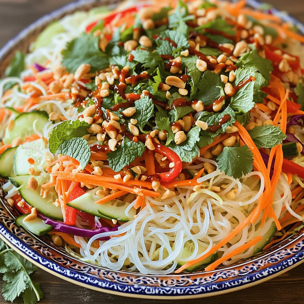 - 8 oz rice vermicelli noodles - 1 cup shredded carrots - 1 red bell pepper, julienned - 1 cucumber, sliced into thin ribbons - 1 cup red cabbage, shredded - 3 tablespoons lime juice - 2 tablespoons fish sauce or soy sauce - 1 tablespoon sesame oil - 1 tablespoon sugar or honey - 1-2 teaspoons Sriracha - 1 clove garlic, minced - 1 teaspoon ginger, grated - 1/4 cup fresh cilantro, chopped - 1/4 cup fresh mint leaves, chopped - 1/4 cup peanuts, toasted and roughly chopped Gather all these ingredients before you start. You can find the full recipe at the end of this article. The rice vermicelli noodles are the base of this dish. They soak up the dressing well and add a nice texture. The fresh veggies like carrots, bell peppers, cucumber, and red cabbage make this salad colorful and crunchy. The dressing brings everything together. Lime juice adds a zesty kick while fish sauce gives depth. Sriracha adds the spice, so adjust it based on your heat preference. For toppings, fresh herbs like cilantro and mint add brightness. Peanuts give a nice crunch. You can mix and match based on your taste. Enjoy this fresh and flavorful meal! - Bring water to a boil and cook noodles for 5 minutes. - Drain and rinse under cold water. Cooking noodles can be simple. I love using rice vermicelli for this salad. It cooks quickly and has a nice texture. The key is not to overcook them. After cooking, rinse them under cold water. This stops the cooking process and keeps them from sticking together. - Whisk together dressing ingredients in a small bowl. - Adjust spiciness and sweetness to taste. Now, let's make the dressing. In a small bowl, mix lime juice, fish sauce, sesame oil, sugar or honey, Sriracha, minced garlic, and grated ginger. Whisk it until smooth. Taste it! You can make it spicier or sweeter by adding more Sriracha or sugar. This dressing is what makes the salad pop. - Mix noodles with vegetables in a large bowl. - Pour dressing over and toss gently. In a large bowl, combine the cooled noodles with shredded carrots, red bell pepper, cucumber ribbons, and red cabbage. Don’t forget the fresh herbs! Add cilantro and mint for extra flavor. Pour the dressing over this mix and toss gently. Make sure everything is coated well. This salad is bright and colorful, perfect for any meal! For the full recipe, check out the details above. Enjoy making your spicy Thai noodle salad! To cook rice vermicelli noodles perfectly, follow these steps: - Start by boiling water in a pot. - Add the noodles and cook for about 5 minutes. - When they are tender, drain them right away. - Rinse the noodles under cold water to stop the cooking. This method keeps your noodles firm and avoids mushiness. Overcooked noodles can ruin your dish, so be mindful of the time. You can customize the dressing to fit your needs. Here’s how: - Swap out fish sauce for soy sauce if you want a vegetarian option. - If you like more heat, add extra Sriracha. This way, you can make the salad work for different diets while keeping it tasty. Making your salad look great is easy: - Serve it in a decorative bowl to catch the eye. - Garnish with extra peanuts and fresh cilantro for a pop of color. These little touches make your dish stand out. For the full recipe, check out the Spicy Thai Noodle Salad. Enjoy your cooking! {{image_2}} You can change up your Spicy Thai Noodle Salad by adding protein. Grilled chicken or shrimp works great. They add a nice, savory element that pairs well with the fresh flavors. If you want a vegetarian option, try substituting tofu. Tofu soaks up flavors nicely and adds protein without meat. Feel free to get creative with your veggies. Use bell peppers of different colors for a vibrant look. They add crunch and sweetness. You can also incorporate snap peas or other vegetables. Snap peas bring a crisp texture that enhances every bite. The more colorful, the better! Your dressing can also change to fit your taste. Experiment with different oils, like peanut oil, for a nutty twist. You might also add lime zest for extra flavor. This brightens the salad and makes it pop. Don’t hesitate to mix and match until you find your favorite blend. For the complete details on making this delicious salad, check out the Full Recipe. To keep your Spicy Thai Noodle Salad fresh, store it in an airtight container in the fridge. It tastes best within 2-3 days. After that, the veggies may lose their crunch. When you want a quick meal, just grab the container. Toss the salad again to mix the flavors before enjoying. You can freeze the salad, but it’s best to freeze components separately. Store the noodles and dressing in different bags or containers. This way, the veggies stay fresh. When you want to eat it, thaw the noodles and veggies in the fridge overnight. Mix them together with the dressing before serving. Spicy Thai Noodle Salad pairs well with grilled chicken or shrimp. You can also serve it with spring rolls or a light soup. For the best taste, serve the salad cold. This keeps the flavors bright and fresh. Enjoy it on a warm day for a refreshing meal. Check out the Full Recipe for more ideas! It takes about 15 minutes to prep and 30 minutes total. This includes cooking time, so you can enjoy your salad quickly. You can serve four people with this recipe. Yes! To make this salad vegan, swap fish sauce for soy sauce. You can also use maple syrup instead of honey for sweetness. This keeps the flavor and makes it plant-based. For extra crunch, try adding chopped peanuts or toasted sesame seeds. You can also use crispy fried onions or water chestnuts. These toppings add texture and flavor to your salad. To adjust the spice level, change the amount of Sriracha in the dressing. Start with one teaspoon for mild heat. You can add more if you like it spicier. Taste as you go, and make it your own! This blog post covered a fresh and tasty Spicy Thai Noodle Salad. We talked about the main ingredients, from rice vermicelli to colorful veggies. I shared how to prepare the dressing and tips on serving. You also learned variations to keep the dish exciting. In conclusion, this salad is easy to make and fun to customize. Try new flavors and enjoy your creations.