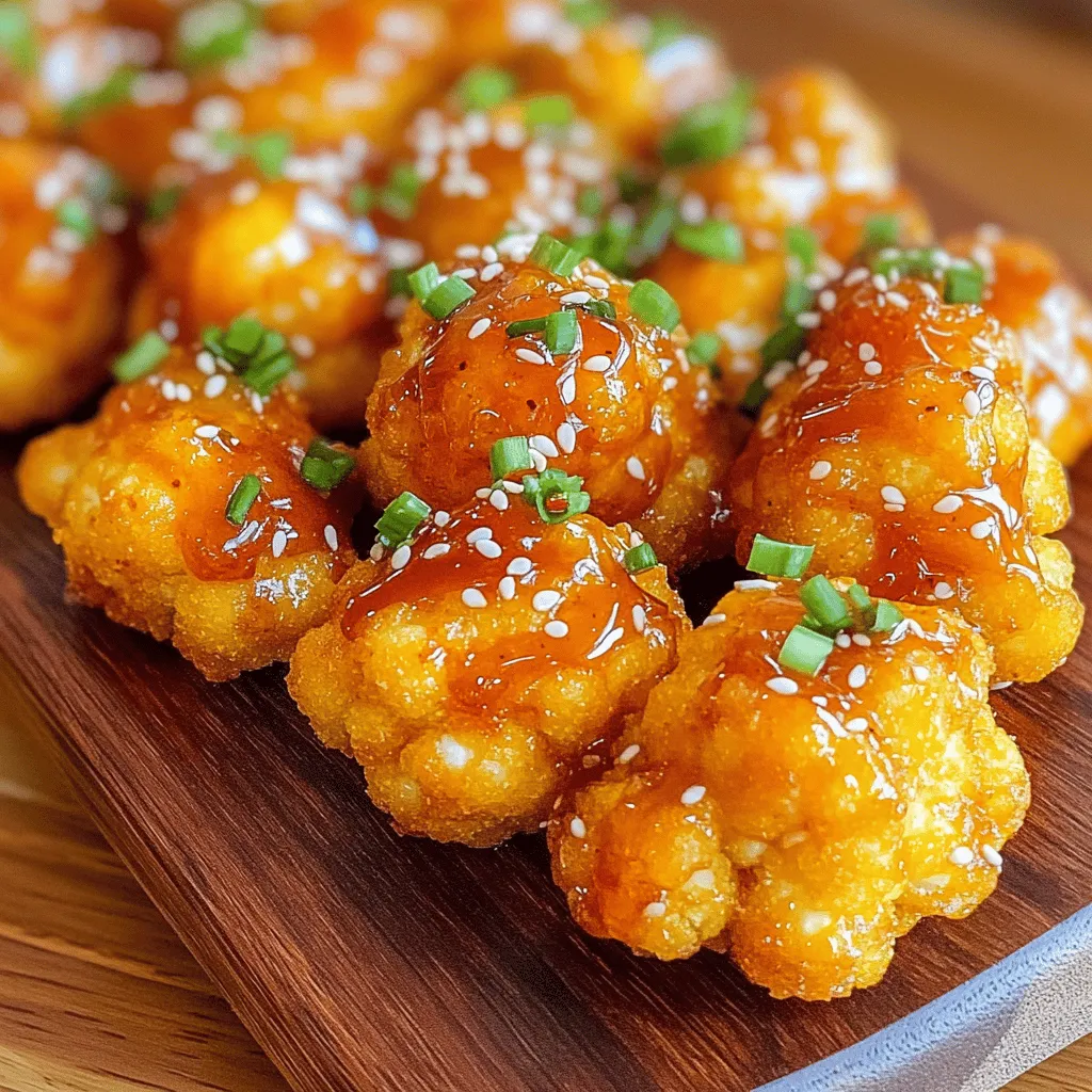 - 1 medium head of cauliflower - 1/2 cup all-purpose flour (or gluten-free alternative) - 1/4 cup Sriracha sauce - 2 tablespoons honey - Olive oil and apple cider vinegar - Garlic powder, paprika, salt, and pepper - Chopped green onions - Sesame seeds The main ingredients for Sriracha honey cauliflower bites bring bold flavors and fun textures. The cauliflower acts as a great canvas for the sauce. I love using a medium head of cauliflower, as it gives you enough bites for sharing or snacking. The flour creates a light coating that crisps up nicely in the oven. You can use all-purpose flour or a gluten-free option if needed. The Sriracha sauce is what gives this dish its heat and flavor. You can adjust the amount to suit your taste. For the additional ingredients, honey adds a sweet touch that balances the heat of the Sriracha. Olive oil keeps the bites moist, while apple cider vinegar adds a hint of tang. The spices like garlic powder and paprika enhance the overall flavor. Salt and pepper help to bring everything together. When it comes to garnishing, I recommend using chopped green onions for a fresh crunch. Sesame seeds add a nice visual touch and a little extra crunch. These simple ingredients combine to create a delightful snack that’s easy to make and hard to resist. For the full recipe, check out the details above. - Preheat the oven to 425°F (220°C). - Cut the cauliflower into bite-sized florets. - In a large bowl, whisk together the flour, water, garlic powder, paprika, salt, and pepper. - Dip each cauliflower floret into the batter. Make sure each piece is well coated. - Place the coated cauliflower on a lined baking sheet. - Bake in the oven for 20-25 minutes until golden brown and crispy. - While the cauliflower bakes, prepare the Sriracha honey sauce. Mix Sriracha, honey, olive oil, and apple cider vinegar in a bowl. - After baking, remove the cauliflower from the oven. - Drizzle or toss the Sriracha honey sauce over the bites until they are evenly coated. - Return the coated cauliflower to the oven. Bake for an additional 5-10 minutes to caramelize the sauce. To get the best texture, coat each cauliflower piece well in the batter. This helps all sides crisp up nicely. Make sure your oven is at 425°F (220°C) before you bake. I find that baking for 20 to 25 minutes gives the best golden brown result. If you want extra crunch, bake for a few more minutes. Just keep an eye on them! You can change the heat level of Sriracha by adding more or less sauce. If you want it milder, start with a small amount, then taste it. You can also use other sweeteners, like maple syrup or agave nectar, to make the sauce. These can give a unique twist to the flavor. Serve these bites on a nice platter. I like to garnish them with chopped green onions and sesame seeds. This not only looks fun but also adds a nice crunch. Pair them with a cool dip like ranch or yogurt. This contrast makes each bite even better. Enjoy them hot for the best taste! For the full recipe, check out the earlier sections. {{image_2}} You can switch up the sauce for your Sriracha Honey Cauliflower Bites. Instead of Sriracha honey, try peanut sauce. It adds a rich, nutty taste. Simply mix peanut butter with soy sauce and a bit of water for the right consistency. This gives a different flavor but keeps it tasty. Another fun twist is using BBQ sauce. It brings a smoky sweetness to the dish. Just toss the baked cauliflower bites in your favorite BBQ sauce after baking. The result is a sweet and spicy blend that may surprise you! Add more veggies to your dish for extra crunch. Bell peppers and carrots pair well with cauliflower. You can roast them alongside the bites. This adds color and different textures. Consider adding cheese for a savory touch. A sprinkle of feta or Parmesan cheese can enhance the flavor. Just add it after baking for a melted, golden finish. It truly elevates the dish! Making Sriracha Honey Cauliflower Bites gluten-free is easy. Use a gluten-free flour mix instead of all-purpose flour. This keeps the texture while making it friendly for gluten-free diets. If you want a vegan option, replace honey with maple syrup or agave nectar. Both provide sweetness without animal products. This way, everyone can enjoy this delicious snack! For the full recipe, check the details above. To keep your Sriracha honey cauliflower bites fresh, follow these simple steps. First, let the bites cool completely. Then, place them in an airtight container. Store them in the fridge for up to three days. If you want to save them for longer, freezing is a great option. You can freeze the bites in a single layer on a baking sheet. Once frozen, transfer them to a freezer-safe bag. They will last for up to two months in the freezer. To enjoy your leftover bites, reheating properly is key. The best method is using an oven. Preheat the oven to 375°F (190°C). Place the bites on a baking sheet and heat for about 10-15 minutes. This will help them regain their crispy texture. Avoid using the microwave, as it can make them soggy. If you choose to microwave, use a paper towel to absorb excess moisture. But remember, the oven is your best bet for crunch! To spice up your Sriracha Honey Cauliflower Bites, add more Sriracha sauce. You can also mix in chili powder or cayenne pepper. Start with a small amount, taste, and adjust as needed. This way, you control the heat and make it just right for you. You can prep these bites ahead of time. Prepare the batter and coat the cauliflower florets. Store them in the fridge for a few hours. When you're ready to cook, just bake them as directed. If you want to save time, you can even bake them and store them in the fridge. Simply reheat when needed. These bites pair well with various dips and side dishes. Try serving them with ranch dressing or yogurt dip for a cool contrast. You can also add a side of steamed rice or a fresh salad. These options balance the heat and add freshness. Yes, you can make these bites in an air fryer. Coat the cauliflower as usual and preheat your air fryer to 400°F (200°C). Place the coated florets in a single layer. Cook for about 12-15 minutes, shaking the basket halfway through. This method gives you a crispy texture without much oil. Leftovers can last about 3-4 days in the fridge. Store them in an airtight container to keep them fresh. For best results, reheat in the oven to maintain crispiness. Avoid using the microwave, as it can make them soggy. You want that crunchy bite again! If you need to save them longer, consider freezing. This blog post showed you how to make tasty Sriracha Honey Cauliflower Bites. You learned the key ingredients and easy steps to follow. We discussed tips for perfect texture and flavor, plus fun ways to switch things up. Always feel free to get creative with this recipe. You can adjust the heat or even try different sauces. These bites are great for any meal or snack. Enjoy making this dish and sharing it with others!