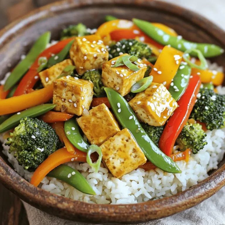 - 1 block firm tofu, drained and pressed - Assorted fresh vegetables: red bell pepper, broccoli, snap peas, carrot, and baby corn - Aromatics: garlic and ginger - 2 tablespoons soy sauce - 1 tablespoon sesame oil - Salt and pepper to taste - Cooked rice or noodles When making a vegetable stir-fry with tofu, these ingredients give you great flavor and texture. The firm tofu provides a nice base. Pressing it helps remove moisture, allowing it to cook perfectly. Fresh vegetables add color and crunch. I love using red bell pepper, broccoli, snap peas, carrot, and baby corn. These veggies not only taste great but also look beautiful on the plate. For seasoning, soy sauce and sesame oil are key. They add depth to the dish. Salt and pepper bring everything together. You can adjust these to fit your taste. Lastly, serving the stir-fry over rice or noodles makes it a filling meal. The starch absorbs the sauce and complements the veggies well. Check out the Full Recipe for a detailed guide on how to prepare this delicious dish. First, cut the pressed tofu into bite-sized cubes. Pressing gets rid of extra water. This step helps the tofu soak up flavors. Next, pat it dry with a paper towel. This helps the cornstarch stick. Toss the tofu cubes in cornstarch until they are evenly coated. This coating gives the tofu a crispy texture when cooked. Now, heat a large non-stick skillet or wok over medium-high heat. Add 1 tablespoon of sesame oil. When the oil is hot, add the tofu cubes. Fry them until they turn golden brown on all sides. This should take about 8 to 10 minutes. Once done, remove the tofu from the skillet and set it aside. In the same skillet, add a little more sesame oil if needed. Add minced garlic and grated ginger. Sauté these for about 30 seconds until they smell great. Then, add your sliced vegetables: red bell pepper, broccoli, snap peas, carrot, and baby corn. Stir-fry them for about 5 to 7 minutes. You want the veggies to be tender-crisp, not mushy. Now, return the cooked tofu to the skillet. Pour in 2 tablespoons of soy sauce. Toss everything together. Cook for another 2 to 3 minutes. This step heats everything through and melds the flavors. Finally, season with salt and pepper to taste. Before serving, sprinkle chopped green onions over the stir-fry for a fresh touch. For the full recipe, check back to see the ingredients list. Tofu can be tricky, but I have some great tips. Start by pressing the tofu. This removes extra water, making it crispy when you fry it. Wrap the tofu in a clean kitchen towel. Place a heavy object on top for about 15-30 minutes. After pressing, cut the tofu into bite-sized cubes. Toss these cubes with cornstarch. This helps them get the perfect crunch when you fry them. Frying tofu is all about the heat. Use a non-stick skillet or wok on medium-high heat. Add sesame oil and let it get hot. Once hot, add your coated tofu. Fry for 8-10 minutes until golden brown. Don’t rush this step, as it gives the tofu flavor and texture. Choosing fresh vegetables makes your stir-fry shine. Look for vibrant colors and firm textures. Red bell peppers should be crisp and shiny. Broccoli florets should be bright green, not wilted. Snap peas need to snap when you break them. For carrots, choose ones that feel firm and smooth. Mix and match your veggies for fun flavors. You can also add seasonal vegetables for variety. Just remember, the fresher the veggies, the better your stir-fry will taste! Stir-frying is all about speed and timing. Start with your aromatics: garlic and ginger. Sauté them first for about 30 seconds before adding your veggies. This releases their strong flavors. Cook your vegetables for about 5-7 minutes. You want them tender but still a bit crisp. Keep the heat high and stir often. This prevents burning and helps all the veggies cook evenly. When everything looks bright and colorful, it’s time to add back the tofu and soy sauce. Toss everything together and cook for just a few more minutes. These tips will help you create a perfect vegetable stir-fry with tofu every time. If you want to see the full recipe, check out the Full Recipe for more details! {{image_2}} If you want to change the protein in your stir-fry, tempeh is a great choice. Tempeh adds a nutty flavor and great texture. You can cube it just like tofu. Another option is seitan, which is made from wheat gluten. It has a chewy texture that many enjoy. Both tempeh and seitan soak up flavors well. Feel free to mix and match your veggies. You can use bell peppers, zucchini, or mushrooms based on what you like. Try spinach or kale for added greens. Each vegetable brings its own taste and crunch. The more colorful your stir-fry, the more fun it is to eat! Want to spice things up? Add red pepper flakes for heat or a splash of rice vinegar for tang. You can also try hoisin sauce for a sweet kick. Fresh herbs like basil or cilantro can add brightness too. Don't be afraid to experiment! Each addition can make your dish unique. For the full recipe, check out the detailed steps and ingredients above! To store leftover vegetable stir-fry, let it cool first. Use an airtight container. Place the stir-fry in the fridge. It stays fresh for about 3-4 days. When ready to eat, check for any off smells. If it smells fine, it's good to go! To reheat your stir-fry, use a skillet. Heat it on medium. Add a splash of water or oil to keep it moist. Stir often for even heating. This method keeps the veggies crisp and the tofu tender. You can also use the microwave. Place the stir-fry in a bowl and cover it with a damp paper towel. Heat for 1-2 minutes. To freeze your stir-fry, place it in a freezer-safe bag. Remove as much air as possible before sealing. This helps avoid freezer burn. The stir-fry can last up to 2-3 months in the freezer. When you’re ready to eat, thaw it in the fridge overnight. Reheat in a skillet or microwave for the best results. For the complete preparation and cooking process, refer to the Full Recipe. Yes, you can use frozen vegetables for stir-fry. They save time and last longer. Frozen veggies often come pre-cut and ready to use. This can make cooking easier. However, they may lose some crunchiness. Fresh vegetables often taste better and offer more texture. If you use frozen, cook them briefly. Do not overcook, or they can become mushy. To enhance flavor, use fresh ingredients. Fresh garlic and ginger add depth. Try adding a splash of rice vinegar for tang. A squeeze of lime juice brightens the dish. Also, experiment with spices like red pepper flakes. If you like heat, add chili paste or sriracha. Consider garnishing with fresh herbs like cilantro or basil for extra zest. Vegetable stir-fry pairs well with many options. Serve it over fluffy rice or noodles for a filling meal. You can also have it with quinoa for a healthy twist. Adding some protein like grilled chicken or shrimp can enhance the dish. For a light option, serve it with a side salad. A simple cucumber salad complements the meal nicely. Vegetable stir-fry can be gluten-free. Just choose gluten-free soy sauce or tamari. Many brands offer gluten-free options. Always check the labels to be sure. You can also use coconut aminos as a soy sauce substitute. This option is naturally gluten-free and has a slightly sweeter taste. This vegetable stir-fry is simple and quick. You learned about using fresh tofu, veggies, and seasonings. Following the steps helps you fry tofu and sauté vegetables perfectly. Remember to customize your stir-fry with your favorite proteins and flavors. Proper storage keeps your leftovers fresh and tasty. With these tips, you can create delicious meals every time. Enjoy your cooking journey!