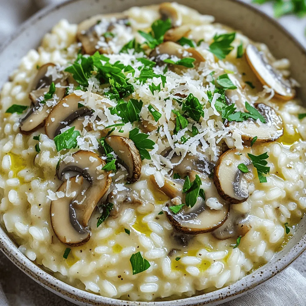 Here’s what you need to make a delightful creamy mushroom risotto: - 1 ½ cups Arborio rice - 4 cups vegetable broth - 1 cup cremini mushrooms, sliced - 1 cup shiitake mushrooms, sliced - 1 medium onion, finely chopped - 2 cloves garlic, minced - 1 cup heavy cream - ½ cup grated Parmesan cheese - 2 tablespoons olive oil - 2 tablespoons unsalted butter - Salt and pepper to taste - Fresh parsley, chopped (for garnish) Each ingredient plays a key role in creating the creamy texture and rich flavor of this dish. Arborio rice gives risotto its signature creaminess, while the mushrooms add umami. The heavy cream and Parmesan cheese enhance that smooth, rich feel. Not everyone can use the same ingredients. Here are some options: - Vegan options: Replace heavy cream with coconut cream and Parmesan with nutritional yeast. - Gluten-free variations: Ensure your vegetable broth is gluten-free. Arborio rice is naturally gluten-free. - Alternative mushrooms: Try using button mushrooms or portobello for different flavors. With these substitutions, you can still enjoy a delicious risotto. 1. Preparing broth Heat the vegetable broth in a saucepan. Keep it warm on low heat. This helps the rice cook evenly. 2. Sautéing onions and garlic In a large skillet, add olive oil and one tablespoon of butter. Heat it over medium. Add the chopped onion. Sauté for about five minutes until it turns soft and clear. 3. Cooking mushrooms Next, add minced garlic and sliced mushrooms. Stir them well. Cook until the mushrooms release their liquid and brown nicely. This takes about eight to ten minutes. Sprinkle a pinch of salt and pepper for flavor. 1. Toasting Arborio rice Add the Arborio rice to the mushroom mix. Stir it often for about two to three minutes. This toasting step brings out the rice’s flavor. 2. Adding broth gradually Now, use a ladle to add the warm broth. Pour it in slowly, one ladle at a time. Stir continuously until most of the liquid is absorbed. Repeat this for about twenty to twenty-five minutes. The rice should be creamy and have a slight bite. 3. Achieving the right consistency Keep stirring until the rice is cooked to your liking. You want it creamy but not mushy. 1. Incorporating cream and cheese Lower the heat and mix in the heavy cream, the remaining butter, and the Parmesan cheese. Stir until everything blends well. 2. Adjusting seasoning Taste your risotto and add more salt or pepper if needed. This step is key for making the dish pop. 3. Allowing the risotto to thicken Remove the skillet from the heat. Let the risotto sit for a few minutes. This helps it thicken up nicely. For the full experience, check the Full Recipe for exact measurements and tips! To make your risotto creamy, stir often. Stirring helps release the starch from the rice. This makes the dish rich and smooth. Use a wooden spoon for the best results. To avoid mushy rice, add broth slowly. Only add more broth when the last ladle is mostly gone. This method keeps each grain firm. Check the rice texture regularly. You want it creamy but slightly chewy. Timing is key. Start cooking the rice when the mushrooms are ready. This way, everything finishes together. If you cook the rice too long, it can turn mushy. Use a heavy-bottomed pot or a wide skillet. These help cook the risotto evenly. A non-stick skillet is also a good choice. It prevents sticking and makes stirring easier. A ladle is your best friend for adding broth. It helps control the amount you pour in. This makes it easier to stir and check the rice. For the best skillet, choose one that is deep and wide. The wider surface area helps the rice cook evenly. A good skillet helps create that creamy texture we all love. {{image_2}} You can make creamy mushroom risotto even better with a few simple tweaks. Try adding fresh herbs like thyme or rosemary. These herbs brighten the dish and add depth. You might also sprinkle in some smoked paprika for a hint of warmth. Incorporating proteins can make the risotto more filling. Grilled chicken or shrimp pairs well with the rich flavors. Just add them in when you mix in the cream and cheese. For a vegetarian twist, add cooked lentils or chickpeas. Using different cheeses can change the flavor profile too. You can swap Parmesan for goat cheese or a sharp cheddar. Each cheese brings its own unique taste to the dish. If you want to make a vegan or dairy-free version, it’s easy. Use nutritional yeast instead of Parmesan. Swap the heavy cream for coconut cream or a plant-based cream. This keeps the dish rich without dairy. For those who need gluten-free options, Arborio rice is naturally gluten-free. Just make sure your vegetable broth is also gluten-free. This way, everyone can enjoy it. If you’re watching carbs, consider cauliflower rice as a substitute. It cooks quicker and gives a light texture. You can still follow the same cooking steps for a delicious low-carb meal. Explore these variations to find what works best for you! For detailed guidance, check the Full Recipe for creamy mushroom risotto. To keep your creamy mushroom risotto fresh, use an airtight container. This helps prevent moisture loss and keeps flavors intact. You can store it in the fridge for up to three days. If you want to keep it longer, freeze the risotto. It can last up to three months in the freezer. Just make sure to label the container with the date. When it's time to enjoy your leftover risotto, reheating it correctly matters. The best method is to use a saucepan over low heat. Add a splash of broth or water to help restore its creamy texture. Stir often to avoid sticking. You can also use a microwave, but cover the bowl to trap steam. This keeps the risotto moist. Always check it halfway through to stir and add more liquid if needed. Avoid letting it dry out, as that can ruin the dish. How long does homemade risotto last? Homemade risotto lasts about 3 to 5 days in the fridge. Store it in an airtight container. Can you make risotto in advance? You can make risotto in advance, but it won’t be as creamy. Prepare it partly and finish cooking before serving. What can I pair with creamy mushroom risotto? Creamy mushroom risotto pairs well with grilled chicken, fresh salad, or roasted vegetables. You can also serve it with a glass of white wine for a special touch. Why is my risotto too thick? If your risotto is too thick, add more broth or water. Stir it in slowly until you reach your desired creaminess. What to do if risotto is too salty? If your risotto is too salty, add a bit of unsalted stock or water. This will help balance the flavors. Can I use regular rice instead of Arborio? You can use regular rice, but the texture will change. Arborio rice gives risotto its creamy, rich quality. - Check out video tutorials for step-by-step guidance on making risotto. - Explore classic risotto recipes to broaden your cooking skills. - Discover more mushroom dishes to enhance your culinary repertoire. For the full recipe, visit the recipe section. In this post, I shared how to make creamy mushroom risotto. We covered the essential ingredients and possible substitutions. I walked you through each step, from preparation to cooking. I offered tips to perfect your dish and explored different flavor variations. Storing and reheating tips ensure you enjoy leftovers too. Risotto is versatile, and with these pointers, you can craft a delightful meal. Experiment with ingredients to find your perfect combination. Enjoy making your risotto delicious and unique!