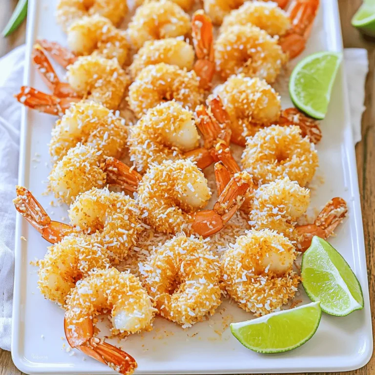 - 1 pound large shrimp, peeled and deveined - 1 cup unsweetened shredded coconut - 1 cup panko breadcrumbs - 1/2 cup all-purpose flour - 2 large eggs - 1 teaspoon garlic powder - 1 teaspoon paprika - 1/2 teaspoon salt - 1/4 teaspoon cayenne pepper (optional) - Vegetable oil, for frying - Fresh lime wedges, for serving When making crispy coconut shrimp, the right ingredients make all the difference. Start with large shrimp. They should be peeled and deveined for the best texture. I love using unsweetened shredded coconut. It gives a great flavor and crunch. Panko breadcrumbs are essential. They create a light and crispy coating that makes our shrimp shine. For the seasonings, I use all-purpose flour mixed with garlic powder, paprika, salt, and cayenne pepper. This blend of spices adds a nice kick. Eggs help the coating stick well. The cayenne pepper is optional. If you like heat, add it. If not, skip it. You will also need vegetable oil for frying. It should be hot but not smoking. Finally, fresh lime wedges add a zesty finish. They brighten up the dish and balance the richness of the shrimp. You can find the full recipe for this dish in the detailed guide. First, pat the shrimp dry with paper towels. This step is key for crispiness. When you remove moisture, the shrimp fry better. Wet shrimp can turn soggy, and we want a crunchy bite. Next, set up three shallow dishes. In the first dish, add flour mixed with garlic powder, paprika, salt, and cayenne pepper. This adds flavor to the shrimp. In the second dish, beat two large eggs until mixed well. The egg helps the coating stick. In the third dish, mix unsweetened shredded coconut and panko breadcrumbs. This will give the shrimp a nice, crunchy layer. To coat the shrimp, first dip one shrimp into the seasoned flour. Shake off the excess flour. Then, dip it into the beaten egg. Let any extra egg drip off. Finally, dredge it in the coconut and panko mix. Press gently to make sure it sticks well. Repeat this for all the shrimp. Now, heat about half an inch of vegetable oil in a large skillet. Heat it over medium heat until it reaches about 350°F (175°C). To check if the oil is ready, drop in a small piece of bread. If it sizzles right away, the oil is hot enough. Carefully add the breaded shrimp to the hot oil in small batches. Avoid overcrowding the pan, as this can lower the oil temperature. Fry each shrimp for about 2-3 minutes on each side. Look for a golden brown color to know they are done. Use a slotted spoon to transfer cooked shrimp to a paper towel-lined plate. This drains off any extra oil. When ready to serve, arrange the crispy coconut shrimp on a platter. Add fresh lime wedges on the side for squeezing over the shrimp. This adds a burst of flavor that pairs well with the crunchiness. Enjoy your delicious creation! For the complete process, refer to the Full Recipe. To make your shrimp super crispy, you need to pay attention to the frying temperature. Keep the oil at 350°F (175°C) while frying. Use a thermometer to check. This hot oil seals the shrimp fast, giving you that crunch we all love. Also, consider using chilled shrimp. Cold shrimp helps the coating stick better. It also makes the shrimp cook evenly. So, take your shrimp out of the fridge just before you start cooking. One big mistake is overcrowding the frying pan. When you add too many shrimp, the oil cools. This makes the shrimp soggy instead of crispy. Always fry in small batches. It takes a little longer, but it’s worth it. Another mistake is skipping the drying process. Wet shrimp will not crisp up well. Always pat the shrimp dry with paper towels before you start breading. This small step makes a huge difference. For dips, a sweet chili sauce works great with crispy coconut shrimp. It adds a nice kick. You can also try a tangy mango salsa for a fresh taste. As for side dishes, serve your shrimp with a light salad or coconut rice. These pairings balance the richness of the shrimp. They also enhance the flavors, making your meal even better. For the full recipe, check out the detailed instructions and let your culinary adventure begin! {{image_2}} To add heat to your crispy coconut shrimp, try using spices like cayenne pepper or chili powder. You can mix these with your flour for extra kick. You can also use hot sauce in your egg wash to spice things up. For dipping sauces, consider making a spicy mango salsa or a zesty sriracha mayo. Both options pair well with the sweetness of the coconut. If you prefer a healthier version, you can bake the shrimp instead of frying. Start by preheating your oven to 400°F (200°C). Line a baking sheet with parchment paper for easy cleanup. To bake, place the coated shrimp on the sheet in a single layer. Bake for 12-15 minutes, flipping halfway through. This will help them crisp up without all the oil. Just keep an eye on them to avoid burning. For a gluten-free version, swap the all-purpose flour with a gluten-free blend. You can also use gluten-free panko breadcrumbs for the coating. These options will still give you that crunch you want. To ensure crispiness, make sure your shrimp are dry before coating. You might also want to add a bit of cornstarch to your gluten-free flour. This will help create that perfect crispy texture. For the full recipe, check out the main article. After enjoying your crispy coconut shrimp, store any leftovers right away. Keep them in airtight containers. This helps keep the shrimp fresh and tasty. Before packing, let the shrimp cool down to room temperature. Don’t store warm shrimp, as it can make them soggy. To bring back the crispiness, I suggest using an oven or an air fryer. Preheat your oven to 350°F (175°C). Place the shrimp on a baking sheet. Heat them for about 10 minutes. If you use an air fryer, set it to 350°F (175°C) and cook for about 5-7 minutes. Avoid the microwave, as it will make your shrimp soft. Yes, you can freeze crispy coconut shrimp! To freeze, first, let them cool completely. Place them in a single layer on a baking sheet. Freeze for about an hour. Once frozen, transfer them to a freezer bag. This will keep them from sticking together. When you want to enjoy them again, let them thaw in the fridge overnight. Reheat as mentioned above for the best results. To keep your shrimp crispy, start by drying them well. Use paper towels to remove any moisture. This step is key. When you coat the shrimp, do it in order: flour, egg, then coconut and panko. Each layer adds crunch. Fry in hot oil, around 350°F. Avoid overcrowding the pan. Let the shrimp cook freely for even crispiness. Yes, you can use frozen shrimp! First, thaw them in the fridge overnight. If you're in a hurry, run cold water over the shrimp in a bowl. After thawing, pat them dry to remove water. This helps them stay crisp when frying. Follow the same coating steps from the recipe for best results. If you can't find panko, try regular breadcrumbs. They work well but may not be as crunchy. You can also use crushed cornflakes or potato chips for a fun twist. Just crush them to a fine texture before coating your shrimp. Each option brings a unique flavor and texture to your dish. Crispy coconut shrimp lasts about 2 to 3 days in the fridge. Store them in an airtight container to keep them fresh. If you notice any moisture, the shrimp may lose their crunch. Reheat them in an oven at 375°F for about 10 minutes to regain crispiness. Crispy coconut shrimp is great with many dips! Sweet chili sauce is a top choice; it adds a nice kick. You can also try a mango salsa for a fruity touch. For a creamy option, mix mayonnaise with lime juice and sriracha for a zesty dip. Homemade sauces are easy and elevate your dish! For the full recipe, check out the comprehensive guide above. Crispy coconut shrimp is a fun and tasty dish. We covered the main ingredients, like shrimp and shredded coconut, and how to prepare them step by step. I shared tips for extra crispiness and common mistakes to avoid. You can even try spicy or baked versions. Remember, proper storage is key to keeping leftovers fresh. Enjoy experimenting with dips and sides! Now you’re ready to impress with your culinary skills. Enjoy your cooking!