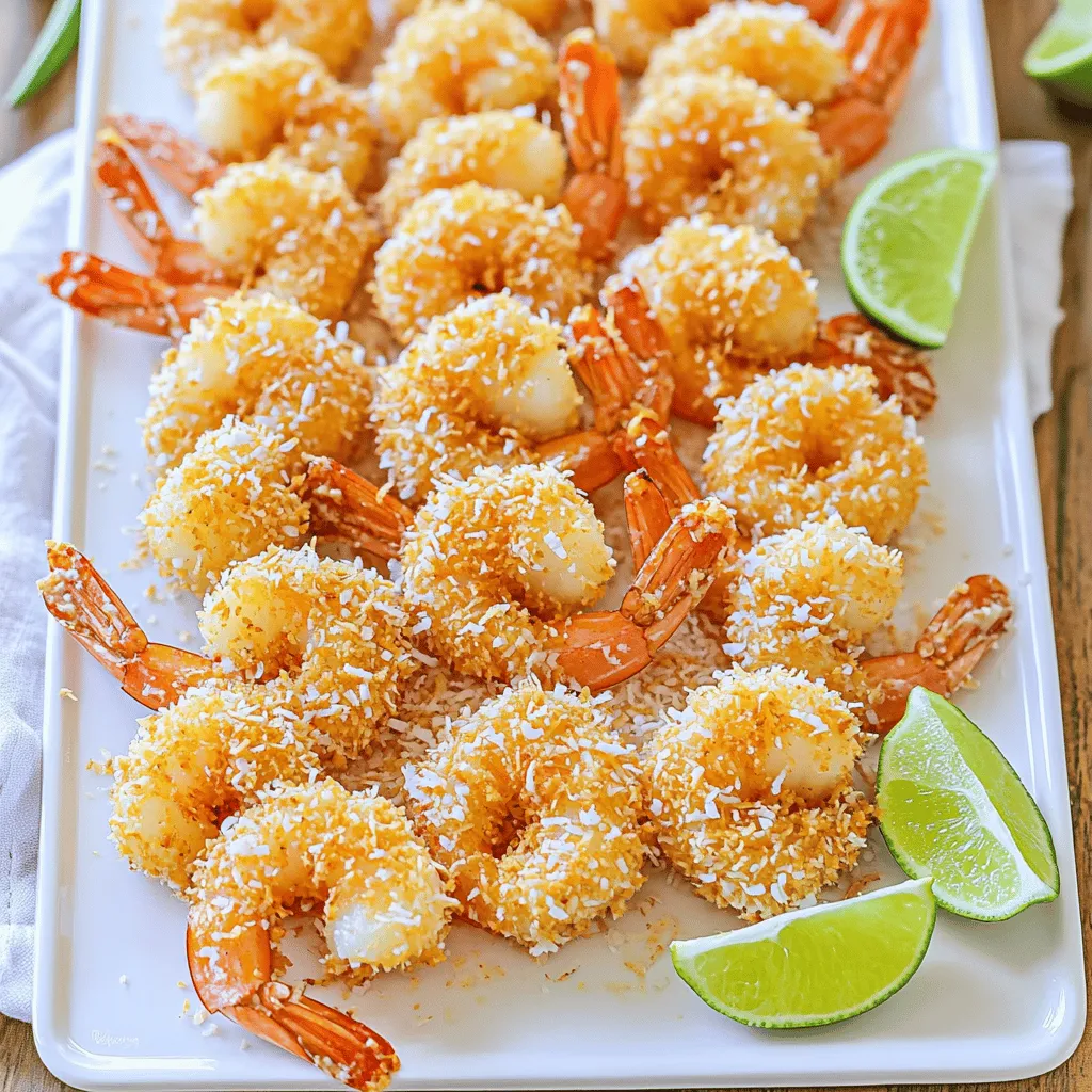 - 1 pound large shrimp, peeled and deveined - 1 cup unsweetened shredded coconut - 1 cup panko breadcrumbs - 1/2 cup all-purpose flour - 2 large eggs - 1 teaspoon garlic powder - 1 teaspoon paprika - 1/2 teaspoon salt - 1/4 teaspoon cayenne pepper (optional) - Vegetable oil, for frying - Fresh lime wedges, for serving When making crispy coconut shrimp, the right ingredients make all the difference. Start with large shrimp. They should be peeled and deveined for the best texture. I love using unsweetened shredded coconut. It gives a great flavor and crunch. Panko breadcrumbs are essential. They create a light and crispy coating that makes our shrimp shine. For the seasonings, I use all-purpose flour mixed with garlic powder, paprika, salt, and cayenne pepper. This blend of spices adds a nice kick. Eggs help the coating stick well. The cayenne pepper is optional. If you like heat, add it. If not, skip it. You will also need vegetable oil for frying. It should be hot but not smoking. Finally, fresh lime wedges add a zesty finish. They brighten up the dish and balance the richness of the shrimp. You can find the full recipe for this dish in the detailed guide. First, pat the shrimp dry with paper towels. This step is key for crispiness. When you remove moisture, the shrimp fry better. Wet shrimp can turn soggy, and we want a crunchy bite. Next, set up three shallow dishes. In the first dish, add flour mixed with garlic powder, paprika, salt, and cayenne pepper. This adds flavor to the shrimp. In the second dish, beat two large eggs until mixed well. The egg helps the coating stick. In the third dish, mix unsweetened shredded coconut and panko breadcrumbs. This will give the shrimp a nice, crunchy layer. To coat the shrimp, first dip one shrimp into the seasoned flour. Shake off the excess flour. Then, dip it into the beaten egg. Let any extra egg drip off. Finally, dredge it in the coconut and panko mix. Press gently to make sure it sticks well. Repeat this for all the shrimp. Now, heat about half an inch of vegetable oil in a large skillet. Heat it over medium heat until it reaches about 350°F (175°C). To check if the oil is ready, drop in a small piece of bread. If it sizzles right away, the oil is hot enough. Carefully add the breaded shrimp to the hot oil in small batches. Avoid overcrowding the pan, as this can lower the oil temperature. Fry each shrimp for about 2-3 minutes on each side. Look for a golden brown color to know they are done. Use a slotted spoon to transfer cooked shrimp to a paper towel-lined plate. This drains off any extra oil. When ready to serve, arrange the crispy coconut shrimp on a platter. Add fresh lime wedges on the side for squeezing over the shrimp. This adds a burst of flavor that pairs well with the crunchiness. Enjoy your delicious creation! For the complete process, refer to the Full Recipe. To make your shrimp super crispy, you need to pay attention to the frying temperature. Keep the oil at 350°F (175°C) while frying. Use a thermometer to check. This hot oil seals the shrimp fast, giving you that crunch we all love. Also, consider using chilled shrimp. Cold shrimp helps the coating stick better. It also makes the shrimp cook evenly. So, take your shrimp out of the fridge just before you start cooking. One big mistake is overcrowding the frying pan. When you add too many shrimp, the oil cools. This makes the shrimp soggy instead of crispy. Always fry in small batches. It takes a little longer, but it’s worth it. Another mistake is skipping the drying process. Wet shrimp will not crisp up well. Always pat the shrimp dry with paper towels before you start breading. This small step makes a huge difference. For dips, a sweet chili sauce works great with crispy coconut shrimp. It adds a nice kick. You can also try a tangy mango salsa for a fresh taste. As for side dishes, serve your shrimp with a light salad or coconut rice. These pairings balance the richness of the shrimp. They also enhance the flavors, making your meal even better. For the full recipe, check out the detailed instructions and let your culinary adventure begin! {{image_2}} To add heat to your crispy coconut shrimp, try using spices like cayenne pepper or chili powder. You can mix these with your flour for extra kick. You can also use hot sauce in your egg wash to spice things up. For dipping sauces, consider making a spicy mango salsa or a zesty sriracha mayo. Both options pair well with the sweetness of the coconut. If you prefer a healthier version, you can bake the shrimp instead of frying. Start by preheating your oven to 400°F (200°C). Line a baking sheet with parchment paper for easy cleanup. To bake, place the coated shrimp on the sheet in a single layer. Bake for 12-15 minutes, flipping halfway through. This will help them crisp up without all the oil. Just keep an eye on them to avoid burning. For a gluten-free version, swap the all-purpose flour with a gluten-free blend. You can also use gluten-free panko breadcrumbs for the coating. These options will still give you that crunch you want. To ensure crispiness, make sure your shrimp are dry before coating. You might also want to add a bit of cornstarch to your gluten-free flour. This will help create that perfect crispy texture. For the full recipe, check out the main article. After enjoying your crispy coconut shrimp, store any leftovers right away. Keep them in airtight containers. This helps keep the shrimp fresh and tasty. Before packing, let the shrimp cool down to room temperature. Don’t store warm shrimp, as it can make them soggy. To bring back the crispiness, I suggest using an oven or an air fryer. Preheat your oven to 350°F (175°C). Place the shrimp on a baking sheet. Heat them for about 10 minutes. If you use an air fryer, set it to 350°F (175°C) and cook for about 5-7 minutes. Avoid the microwave, as it will make your shrimp soft. Yes, you can freeze crispy coconut shrimp! To freeze, first, let them cool completely. Place them in a single layer on a baking sheet. Freeze for about an hour. Once frozen, transfer them to a freezer bag. This will keep them from sticking together. When you want to enjoy them again, let them thaw in the fridge overnight. Reheat as mentioned above for the best results. To keep your shrimp crispy, start by drying them well. Use paper towels to remove any moisture. This step is key. When you coat the shrimp, do it in order: flour, egg, then coconut and panko. Each layer adds crunch. Fry in hot oil, around 350°F. Avoid overcrowding the pan. Let the shrimp cook freely for even crispiness. Yes, you can use frozen shrimp! First, thaw them in the fridge overnight. If you're in a hurry, run cold water over the shrimp in a bowl. After thawing, pat them dry to remove water. This helps them stay crisp when frying. Follow the same coating steps from the recipe for best results. If you can't find panko, try regular breadcrumbs. They work well but may not be as crunchy. You can also use crushed cornflakes or potato chips for a fun twist. Just crush them to a fine texture before coating your shrimp. Each option brings a unique flavor and texture to your dish. Crispy coconut shrimp lasts about 2 to 3 days in the fridge. Store them in an airtight container to keep them fresh. If you notice any moisture, the shrimp may lose their crunch. Reheat them in an oven at 375°F for about 10 minutes to regain crispiness. Crispy coconut shrimp is great with many dips! Sweet chili sauce is a top choice; it adds a nice kick. You can also try a mango salsa for a fruity touch. For a creamy option, mix mayonnaise with lime juice and sriracha for a zesty dip. Homemade sauces are easy and elevate your dish! For the full recipe, check out the comprehensive guide above. Crispy coconut shrimp is a fun and tasty dish. We covered the main ingredients, like shrimp and shredded coconut, and how to prepare them step by step. I shared tips for extra crispiness and common mistakes to avoid. You can even try spicy or baked versions. Remember, proper storage is key to keeping leftovers fresh. Enjoy experimenting with dips and sides! Now you’re ready to impress with your culinary skills. Enjoy your cooking!