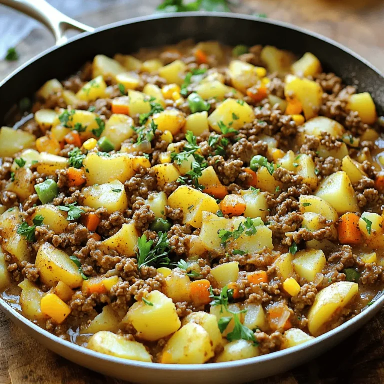- Ground Beef - Potatoes - Onion and Garlic Ground beef is the star of this dish. It brings rich flavor and protein. I love using 1 pound for a hearty meal. Potatoes add a nice texture. Four medium potatoes, diced, work best for this recipe. They soak up all the tasty juices. Onion and garlic give depth and aroma. Use one medium onion and two cloves of garlic for great taste. - Frozen Mixed Vegetables - Spices and Seasonings - Garnish Options You can add frozen mixed vegetables for color and nutrition. A cup of mixed veggies adds sweetness and crunch. Spices and seasonings make your dish unique. I use Worcestershire sauce, paprika, and dried thyme. Adjust salt and pepper to your liking for flavor. Lastly, fresh parsley makes a lovely garnish. It adds a pop of color and freshness to your plate. For the full recipe, check out the Beefy Potato Fusion Delight! Sautéing Onion and Garlic First, heat the olive oil in a large skillet over medium heat. Add the finely chopped onion and minced garlic. Sauté these ingredients until the onions turn soft and clear, about 3 to 4 minutes. This step adds great flavor to your dish. Browning the Ground Beef Next, add the ground beef to the skillet. Use a spatula to break it apart as it cooks. You want it to brown evenly and lose its pink color. This takes about 6 to 7 minutes. Don’t forget to season it with salt, pepper, and paprika. This adds depth to the taste. Incorporating Potatoes and Broth Now, stir in the diced potatoes and pour in the beef broth. Bring this mixture to a gentle simmer. Cover the skillet with a lid and let it cook for about 15 minutes. This step is key as you want the potatoes to become tender. Adding Mixed Vegetables and Seasoning Once the potatoes are soft, it’s time to add the frozen mixed vegetables. Pour in the Worcestershire sauce and sprinkle the dried thyme. Give everything a good stir to combine. Let it simmer for an additional 5 minutes. This helps the flavors mix well together. For the full recipe, check [Full Recipe]. Choosing the Right Potatoes For this meal, I love using Yukon Gold or Russet potatoes. These types are creamy and fluffy. They hold their shape well and cook evenly. Avoid waxy potatoes, as they won't give you that nice texture you want. Always peel and dice your potatoes to make sure they cook faster. Tips for Flavors Boost the flavor with fresh herbs like thyme or parsley. Add them at the end for a fresh touch. You can also mix in a splash of soy sauce or hot sauce for a kick. You might want to try some cheese on top for extra richness. Skillet vs. Slow Cooker I prefer a skillet for this dish. It cooks quickly and gives you great browning. A slow cooker works too, but it takes longer. If you use one, set it on low for about 6 hours. Both methods will yield a tasty meal. Adjusting Cooking Times Keep an eye on the potatoes. If they are cut small, they cook fast—about 15 minutes. Larger pieces may need a bit more time. Always check with a fork to make sure they are tender. Adjust the cooking time based on how you cut your potatoes. {{image_2}} Gluten-Free Options This dish is naturally gluten-free. You can enjoy it without worry. Just make sure your beef broth is gluten-free. Some broth brands add gluten. Check the label to be safe. Vegetarian Substitutes If you want a vegetarian meal, swap the ground beef for lentils or mushrooms. Cook the lentils until soft, or use finely chopped mushrooms for a meaty texture. This change keeps the dish hearty and tasty. Instant Pot Recipe You can make this meal in an Instant Pot for speed. Start by sautéing the onion and garlic using the sauté function. Then, add the ground beef and cook until browned. Next, toss in the potatoes, broth, and seasonings. Seal the lid and cook on high pressure for 10 minutes. Let the steam release naturally for best results. Oven-Baked Casserole For a cozy oven-baked version, layer the cooked mixture in a baking dish. Top it with cheese or breadcrumbs for a crunchy finish. Bake it at 375°F for 20-25 minutes. This method allows the flavors to meld together beautifully. For the full recipe, check out Beefy Potato Fusion Delight. You can store leftovers in an airtight container. Keep them in the fridge for up to three days. Make sure they cool down before sealing. This helps keep the flavors fresh. For reheating, use a skillet over low heat. Stir often to heat evenly. You can also use the microwave. Just cover the dish to keep moisture in. Heat it in short bursts, stirring in between. To freeze your dish, let it cool first. Then, place it in a freezer-safe container. Squeeze out as much air as possible to prevent freezer burn. You can freeze it for up to three months. When you're ready to eat, thaw it in the fridge overnight. You can also use the microwave for quick thawing. After thawing, reheat as mentioned before. This keeps the meal tasty and warm. How to make ground beef and potatoes taste better? To boost the flavor, add spices like paprika and thyme. Fresh herbs, like parsley, add great taste too. You can also mix in sauces like Worcestershire for depth. A splash of beef broth enhances the dish’s richness. Letting the dish simmer allows the flavors to blend well. Can I use other meats instead of ground beef? Yes, you can use turkey, chicken, or pork. Each meat gives a unique flavor. Ground turkey is leaner, while pork adds sweetness. Just remember to adjust cooking times based on the meat you choose. What to serve with ground beef and potatoes? This dish pairs well with a fresh salad or steamed veggies. You can also serve it with crusty bread for dipping. For a balanced meal, add fruit on the side. A light dessert, like fruit salad, can round off the meal nicely. Is this dish healthy? Yes, it can be a healthy option. Ground beef provides protein, while potatoes offer fiber. Adding mixed vegetables boosts vitamins and minerals in your meal. Just watch your portion sizes and seasoning for a balanced diet. For a healthier twist, use lean meats and olive oil. For a detailed recipe, check the Full Recipe. You learned how to make a great ground beef and potato dish. We covered essential ingredients and optional additions to enhance flavor. I shared step-by-step cooking instructions for perfecting your meal. Remember to choose the right potatoes and explore cooking methods. Storage tips help keep leftovers fresh, and I answered common questions. Experiment with variations to suit your diet. This dish is simple, tasty, and can fit many needs. I hope you enjoy cooking and sharing this meal with others. Happy cooking!