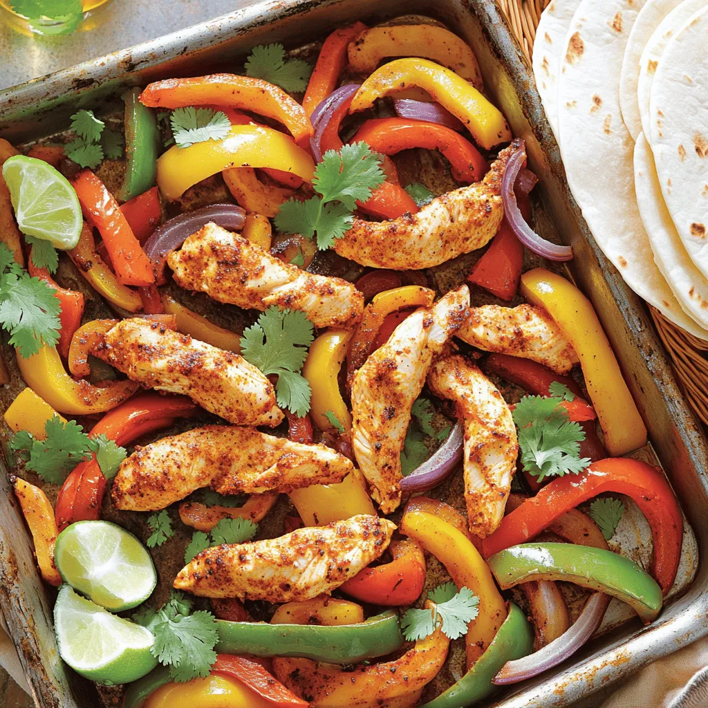 Gather these ingredients for your sheet pan fajitas. This mix of fresh flavors makes it special. - 1 pound boneless, skinless chicken breasts, sliced into strips - 1 large red bell pepper, sliced - 1 large yellow bell pepper, sliced - 1 large green bell pepper, sliced - 1 medium red onion, sliced - 3 tablespoons olive oil - 2 teaspoons chili powder - 1 teaspoon cumin - 1 teaspoon smoked paprika - 1 teaspoon garlic powder - 1 teaspoon onion powder - Salt and pepper to taste - 8 small flour tortillas - Fresh cilantro, for garnish - Lime wedges, for serving You can find the full recipe with step-by-step instructions above. Each ingredient plays a part in building rich flavor. The chicken is your main star, while the peppers and onion add color and crunch. Spices like chili powder and cumin give it that warm kick. Don't forget the lime and cilantro for a fresh finish! Enjoy the process of gathering and prepping. It sets the stage for a fun meal. 1. First, preheat your oven to 400°F (200°C). This step is key for cooking the fajitas evenly. 2. Grab a large sheet pan and line it with parchment paper. This makes for easy cleanup later. 3. In a big bowl, mix 1 pound of sliced chicken with 3 tablespoons of olive oil. 4. Add 2 teaspoons of chili powder, 1 teaspoon of cumin, 1 teaspoon of smoked paprika, 1 teaspoon of garlic powder, and 1 teaspoon of onion powder. 5. Sprinkle in salt and pepper to taste. Toss until the chicken is well coated with the spices. 1. Next, arrange the chicken in the center of your prepared sheet pan. 2. Surround the chicken with sliced bell peppers and red onion. Use 1 large red, 1 large yellow, and 1 large green bell pepper. Spread everything out evenly. 3. Drizzle a bit more olive oil over the veggies and add a pinch of salt and pepper. Toss them lightly. 4. Bake in the oven for 25-30 minutes. Stir halfway for even cooking. The chicken should be cooked through, and veggies should be tender. 1. While the fajitas cool, warm 8 small flour tortillas in a skillet or microwave. 2. To serve, fill each tortilla with a scoop of chicken and veggies. 3. Garnish with fresh cilantro and lime wedges on the side. This adds zest to every bite. 4. For more flair, serve with toppings like diced avocado or jalapeños. Arrange the tortillas in a basket lined with a cloth napkin to make it rustic. Follow the [Full Recipe] for a delicious meal that will make your weeknight special! To make your fajitas burst with flavor, use good seasoning. Here are some tips: - Use fresh spices: Always check the date on your spices. Fresh spices pack more punch. - Add salt at the end: This way, you avoid drawing moisture from the chicken too early. Marinating your chicken can bring out new flavors. Try these steps: - Marinate overnight: Use olive oil, lime juice, and spices for a tender, tasty chicken. - Use a zip-top bag: It makes mixing easy and ensures all pieces soak in flavor. Getting the right texture for your fajitas is key: - Don’t overcrowd the pan: Give each piece room to brown. This helps achieve that great caramelization. - Stir halfway through: This ensures even cooking and prevents sticking. For sheet pan arrangement: - Layer wisely: Place chicken in the center and surround it with veggies. This setup allows for even cooking. - Use parchment paper: It makes cleanup easy and helps avoid sticking. Serving your fajitas well makes a big difference: - Use colorful toppings: Add diced avocado, sliced jalapeños, or sour cream to make it pop. - Warm tortillas: Serve them in a basket lined with a cloth napkin for a nice touch. For a side dish, consider black beans or a fresh salad. These pair nicely and add a nice contrast to the fajitas. {{image_2}} You can switch chicken for steak or shrimp. Steak adds a rich, savory taste. Use flank or sirloin for good results. Slice it thinly for quick cooking. Shrimp is light and cooks fast. Just toss it in with the spices. Both options work great with the same method. Want a meat-free meal? You can make a veggie-only fajita. Use a mix of bell peppers, onions, and mushrooms. You can also add zucchini or corn for more flavor. Toss these veggies with the same spices from the full recipe. This keeps it tasty and satisfying. Spice it up with different herbs and spices. Try adding paprika or cayenne for heat. You can use fresh herbs like oregano or thyme for a fresh taste. Lime juice brightens the flavors, too. Get creative and mix your favorite spices into the mix! To keep your sheet pan fajitas fresh, store them in an airtight container. Place the chicken and veggies together, or you can separate them. Refrigerate them within two hours of cooking. They will stay good for about three to four days. When you are ready to enjoy your leftovers, reheat them gently. You can use a skillet over medium heat or a microwave. If using a skillet, add a splash of water to keep them moist. Heat until they are warm all the way through. This keeps the flavor and texture nice. For meal prep, freezing is a great option. First, let the fajitas cool completely. Then, pack them in freezer-safe bags or containers. Remove as much air as possible before sealing. You can freeze them for up to three months. To reheat, thaw overnight in the fridge before warming them up. This method helps maintain their taste and quality. I love to top my fajitas with fresh ingredients. Here are some tasty options: - Diced avocado - Sliced jalapeños - Sour cream - Shredded cheese - Salsa or pico de gallo - Chopped green onions - Fresh cilantro These toppings add flavor and color to your meal. Absolutely! You can mix in other veggies for more taste. Some great choices are: - Zucchini, sliced - Mushrooms, sliced - Corn, fresh or frozen - Cherry tomatoes, halved Feel free to experiment with your favorites! To check if chicken is done, use a meat thermometer. It should read 165°F (75°C). You can also cut into a piece. The meat should be white, not pink. Always ensure safe cooking to enjoy your meal! This blog post covered all you need for delicious sheet pan fajitas. We explored the key ingredients, from chicken to colorful peppers. You learned about preparation, cooking, and serving steps. Tips on seasoning and cooking techniques help you perfect your dish. We also shared variations, storage info, and answered common questions. Feel confident trying this recipe. It’s easy, fun, and delicious. Enjoy your cooking and share your creations!