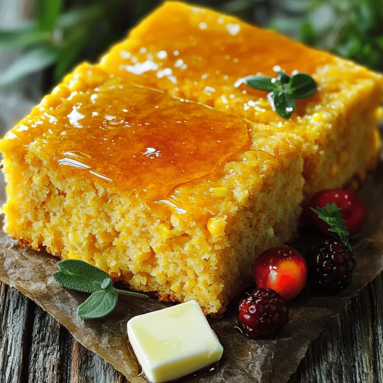 - 1 cup cornmeal - 1 cup all-purpose flour - 1/4 cup granulated sugar - 1 tablespoon baking powder - 1/2 teaspoon salt - 1 cup milk - 1/4 cup unsalted butter, melted - 2 large eggs - 1/2 cup sweet corn kernels (fresh or canned) - 1/2 cup honey - 1/2 teaspoon cinnamon (optional) This recipe uses simple and common units. You need 1 cup of cornmeal and 1 cup of flour. For sweetness, we add 1/4 cup of sugar. One tablespoon of baking powder helps the cornbread rise. A pinch of salt, just 1/2 teaspoon, brings out the flavors. You will also need 1 cup of milk and 1/4 cup of melted butter. For richness, use 2 large eggs. Add 1/2 cup of sweet corn for texture. Finally, you can add 1/2 cup of honey for sweetness and 1/2 teaspoon of cinnamon for warmth. To make your cornbread more exciting, consider adding a few extras. You can mix in 1/2 teaspoon of cinnamon to give it a warm spice. If you enjoy a sweeter taste, drizzle in extra honey. Fresh herbs like thyme or chives can add a nice touch too. For some zest, consider adding jalapeños for heat. Each option will give your cornbread a unique twist! If you want to explore the full recipe, check out Sweet Cornbread Delight. Start by preheating your oven to 400°F (200°C). Next, grab an 8-inch square baking pan. Grease the pan well or line it with parchment paper. This step helps the cornbread come out easily after baking. In a large bowl, combine the cornmeal, all-purpose flour, sugar, baking powder, and salt. If you want a hint of spice, add cinnamon here. Mix these dry ingredients well. This ensures all the flavors blend together nicely. In a separate bowl, whisk together the milk, melted butter, eggs, and honey. Mix until everything is smooth and well combined. This mixture adds moisture and sweetness to your cornbread. Pour the wet mixture into the dry bowl. Now, add the sweet corn kernels. Gently stir the batter until just combined. The batter should be slightly lumpy; do not over-mix. Over-mixing can make your cornbread tough. Transfer your batter to the prepared baking pan. Smooth the top with a spatula for a nice finish. Bake in your preheated oven for 20-25 minutes. Check for doneness by inserting a toothpick in the center. If it comes out clean, your cornbread is ready! Let it cool in the pan for about 10 minutes before slicing. To make your cornbread sweet, use the right amount of sugar. I suggest 1/4 cup of granulated sugar. You can add more honey for a richer taste. Honey gives a nice flavor and keeps the bread moist. If you want, try using brown sugar instead of white. It adds a warm, caramel note that many love. Just remember, a little sweetness goes a long way! Mixing your batter too much can cause tough cornbread. To avoid this, gently stir the wet and dry ingredients together. You want a few lumps in the batter. This will help keep your cornbread light and fluffy. If you over-mix, the bread may end up dense and chewy. Trust me, less is more when it comes to mixing! Store any leftover cornbread in an airtight container. This helps keep it fresh for up to three days. If you want to save it longer, freeze it. Wrap each piece in plastic wrap and then in foil. This keeps it from getting freezer burn. When you’re ready to eat, just thaw it and reheat. You can warm it in the oven or microwave. Enjoy your sweet cornbread whenever you like! {{image_2}} You can take your sweet cornbread to the next level by adding honey. Simply mix in 1/2 cup of honey into your wet ingredients. This adds a rich sweetness that kids and adults will love. Honey also makes the cornbread extra moist and flavorful. You can drizzle more honey on top when serving for a lovely touch. Fruits can add a burst of flavor and color. Try adding 1 cup of fresh blueberries to the batter. Gently fold them in before baking. The blueberries will soften and create juicy pockets in each bite. You can also use other fruits, like diced peaches or cranberries, for a fun twist. For a savory kick, add 1 cup of shredded cheese or 1/2 cup of diced jalapeños. Mix them into the batter for a unique flavor. Cheese adds creaminess, while jalapeños bring heat. This way, you can enjoy cornbread with chili or as a side for barbecues. Each of these variations makes the cornbread special and fun to share. For the full recipe, check out Sweet Cornbread Delight. To keep your sweet cornbread fresh, let it cool first. Wrap it in plastic wrap or foil. You can also use an airtight container. This helps keep moisture in and prevents it from drying out. Store it at room temperature for up to three days. If you want to keep it longer, go for freezing. Freezing sweet cornbread is easy and a great way to save leftovers. First, let the cornbread cool completely. Then, slice it into squares. Wrap each piece in plastic wrap, and then place them in a freezer bag. Be sure to remove as much air as possible. You can freeze it for up to three months. When you're ready to eat it, just thaw it in the fridge overnight. Reheating sweet cornbread is simple. For the best texture, use the oven. Preheat your oven to 350°F (175°C). Place the cornbread on a baking sheet. Heat for about 10-15 minutes. If you're in a hurry, you can use the microwave. Heat each piece for about 15-20 seconds. Enjoy your warm cornbread just like when it was fresh! You can use fine ground oats or polenta. Both give a nice texture. If you need a quick fix, you can also use all-purpose flour. However, the flavor will change a little. Yes, you can! Use gluten-free flour in place of all-purpose flour. Make sure your cornmeal is also gluten-free. Many stores have great mixes that work well in this recipe. Check for a golden top and firm texture. Insert a toothpick in the center. If it comes out clean, your cornbread is ready! The edges should pull away from the pan slightly. Sweet cornbread pairs well with chili or stew. You can also enjoy it with butter and honey. For a fun twist, try it with fresh berries or jam. These add a nice contrast to the sweet cornbread. This blog post covered the key steps to make sweet cornbread. We explored the ingredients, measurements, and optional flavors to boost taste. I gave detailed instructions on how to mix and bake your cornbread perfectly. You now have tips for storage and creative variations, like adding fruits or cheese. In baking, small changes can make a big difference. Use this guide to create your version of sweet cornbread. Enjoy every delicious bite!