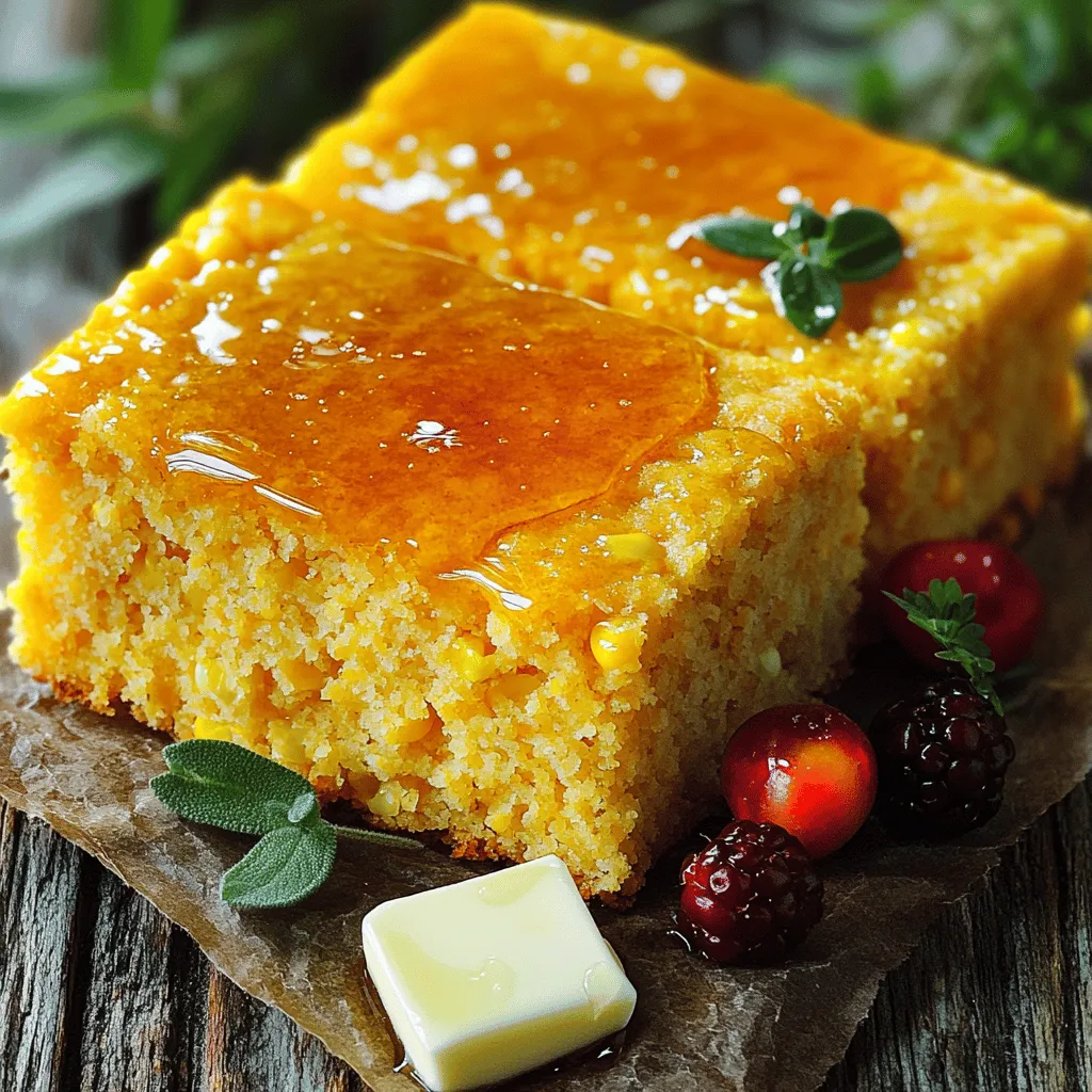 - 1 cup cornmeal - 1 cup all-purpose flour - 1/4 cup granulated sugar - 1 tablespoon baking powder - 1/2 teaspoon salt - 1 cup milk - 1/4 cup unsalted butter, melted - 2 large eggs - 1/2 cup sweet corn kernels (fresh or canned) - 1/2 cup honey - 1/2 teaspoon cinnamon (optional) This recipe uses simple and common units. You need 1 cup of cornmeal and 1 cup of flour. For sweetness, we add 1/4 cup of sugar. One tablespoon of baking powder helps the cornbread rise. A pinch of salt, just 1/2 teaspoon, brings out the flavors. You will also need 1 cup of milk and 1/4 cup of melted butter. For richness, use 2 large eggs. Add 1/2 cup of sweet corn for texture. Finally, you can add 1/2 cup of honey for sweetness and 1/2 teaspoon of cinnamon for warmth. To make your cornbread more exciting, consider adding a few extras. You can mix in 1/2 teaspoon of cinnamon to give it a warm spice. If you enjoy a sweeter taste, drizzle in extra honey. Fresh herbs like thyme or chives can add a nice touch too. For some zest, consider adding jalapeños for heat. Each option will give your cornbread a unique twist! If you want to explore the full recipe, check out Sweet Cornbread Delight. Start by preheating your oven to 400°F (200°C). Next, grab an 8-inch square baking pan. Grease the pan well or line it with parchment paper. This step helps the cornbread come out easily after baking. In a large bowl, combine the cornmeal, all-purpose flour, sugar, baking powder, and salt. If you want a hint of spice, add cinnamon here. Mix these dry ingredients well. This ensures all the flavors blend together nicely. In a separate bowl, whisk together the milk, melted butter, eggs, and honey. Mix until everything is smooth and well combined. This mixture adds moisture and sweetness to your cornbread. Pour the wet mixture into the dry bowl. Now, add the sweet corn kernels. Gently stir the batter until just combined. The batter should be slightly lumpy; do not over-mix. Over-mixing can make your cornbread tough. Transfer your batter to the prepared baking pan. Smooth the top with a spatula for a nice finish. Bake in your preheated oven for 20-25 minutes. Check for doneness by inserting a toothpick in the center. If it comes out clean, your cornbread is ready! Let it cool in the pan for about 10 minutes before slicing. To make your cornbread sweet, use the right amount of sugar. I suggest 1/4 cup of granulated sugar. You can add more honey for a richer taste. Honey gives a nice flavor and keeps the bread moist. If you want, try using brown sugar instead of white. It adds a warm, caramel note that many love. Just remember, a little sweetness goes a long way! Mixing your batter too much can cause tough cornbread. To avoid this, gently stir the wet and dry ingredients together. You want a few lumps in the batter. This will help keep your cornbread light and fluffy. If you over-mix, the bread may end up dense and chewy. Trust me, less is more when it comes to mixing! Store any leftover cornbread in an airtight container. This helps keep it fresh for up to three days. If you want to save it longer, freeze it. Wrap each piece in plastic wrap and then in foil. This keeps it from getting freezer burn. When you’re ready to eat, just thaw it and reheat. You can warm it in the oven or microwave. Enjoy your sweet cornbread whenever you like! {{image_2}} You can take your sweet cornbread to the next level by adding honey. Simply mix in 1/2 cup of honey into your wet ingredients. This adds a rich sweetness that kids and adults will love. Honey also makes the cornbread extra moist and flavorful. You can drizzle more honey on top when serving for a lovely touch. Fruits can add a burst of flavor and color. Try adding 1 cup of fresh blueberries to the batter. Gently fold them in before baking. The blueberries will soften and create juicy pockets in each bite. You can also use other fruits, like diced peaches or cranberries, for a fun twist. For a savory kick, add 1 cup of shredded cheese or 1/2 cup of diced jalapeños. Mix them into the batter for a unique flavor. Cheese adds creaminess, while jalapeños bring heat. This way, you can enjoy cornbread with chili or as a side for barbecues. Each of these variations makes the cornbread special and fun to share. For the full recipe, check out Sweet Cornbread Delight. To keep your sweet cornbread fresh, let it cool first. Wrap it in plastic wrap or foil. You can also use an airtight container. This helps keep moisture in and prevents it from drying out. Store it at room temperature for up to three days. If you want to keep it longer, go for freezing. Freezing sweet cornbread is easy and a great way to save leftovers. First, let the cornbread cool completely. Then, slice it into squares. Wrap each piece in plastic wrap, and then place them in a freezer bag. Be sure to remove as much air as possible. You can freeze it for up to three months. When you're ready to eat it, just thaw it in the fridge overnight. Reheating sweet cornbread is simple. For the best texture, use the oven. Preheat your oven to 350°F (175°C). Place the cornbread on a baking sheet. Heat for about 10-15 minutes. If you're in a hurry, you can use the microwave. Heat each piece for about 15-20 seconds. Enjoy your warm cornbread just like when it was fresh! You can use fine ground oats or polenta. Both give a nice texture. If you need a quick fix, you can also use all-purpose flour. However, the flavor will change a little. Yes, you can! Use gluten-free flour in place of all-purpose flour. Make sure your cornmeal is also gluten-free. Many stores have great mixes that work well in this recipe. Check for a golden top and firm texture. Insert a toothpick in the center. If it comes out clean, your cornbread is ready! The edges should pull away from the pan slightly. Sweet cornbread pairs well with chili or stew. You can also enjoy it with butter and honey. For a fun twist, try it with fresh berries or jam. These add a nice contrast to the sweet cornbread. This blog post covered the key steps to make sweet cornbread. We explored the ingredients, measurements, and optional flavors to boost taste. I gave detailed instructions on how to mix and bake your cornbread perfectly. You now have tips for storage and creative variations, like adding fruits or cheese. In baking, small changes can make a big difference. Use this guide to create your version of sweet cornbread. Enjoy every delicious bite!