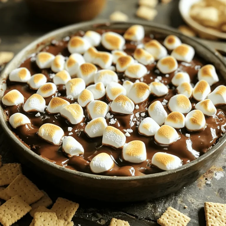 - 1 cup chocolate chips (semi-sweet or milk chocolate) - 1 cup mini marshmallows - 1 cup graham cracker crumbs - 1 tablespoon unsalted butter, melted - 1 teaspoon vanilla extract - Extra graham crackers, for dipping - Pinch of sea salt for garnish In this recipe, I use chocolate chips, mini marshmallows, and graham cracker crumbs as the stars. The chocolate chips give that rich, sweet flavor. You can choose semi-sweet for a classic taste or milk chocolate for extra sweetness. The mini marshmallows add a soft and fluffy texture. They melt beautifully and create that gooey effect we all love in s'mores. The graham cracker crumbs form the base, adding crunch and a hint of cinnamon. For the additional ingredients, melted butter helps the crumbs stick together and gives a nice flavor. Vanilla extract enhances the overall taste. Don't forget extra graham crackers for dipping! If you want to elevate your dip, a pinch of sea salt on top adds a nice contrast. It balances the sweetness and brings out the chocolate and marshmallow flavors. For the full recipe, check out the complete instructions in the next section. - Preheat your oven to 350°F (175°C). - In an oven-safe skillet or baking dish, combine: - 1 cup chocolate chips - 1 tablespoon unsalted butter, melted - 1 teaspoon vanilla extract Stir until the chocolate chips are well coated. This step is key for a smooth dip. - Use a spatula to spread the chocolate mixture evenly across the skillet. This helps the dip melt evenly. - Layer 1 cup of mini marshmallows on top. Make sure they cover the chocolate completely. - Bake in the preheated oven for 10-12 minutes. Watch the marshmallows turn golden brown. The chocolate should bubble up nicely. - Remove the dish from the oven and let it cool for a minute. - If desired, sprinkle a pinch of sea salt over the top. This adds a nice touch. - Serve immediately with extra graham crackers for dipping. Enjoy warm and gooey! For the full recipe, check out the details above. - Use high-quality chocolate for richer flavor. Good chocolate makes a big difference. You want it to melt well and taste great. - Keep an eye on marshmallows to avoid burning. Marshmallows toast quickly, so watch them. You want them golden, not black. - Pair with fresh fruit for a fun twist. Strawberries, bananas, or apples add a fresh taste. They balance the sweet dip nicely. - Serve with various dipping options like pretzels or cookies. Pretzels give a salty crunch. Cookies add extra sweetness. - Transfer to a decorative dish for gatherings. A nice dish makes it look fancy. People love to see a pretty presentation. - Prepare in smaller portions for easy sharing. Use mini dishes for single servings. It makes sharing easy and fun. Try these tips and tricks to make your S'mores Dip truly special! For the full recipe, check the earlier section. {{image_2}} You can switch up the flavors in your S'mores Dip. Try using dark chocolate for a rich taste or white chocolate for something sweeter. Another fun idea is adding a layer of peanut butter or Nutella. This makes the dip extra creamy and rich. If you don’t have graham crackers, don’t worry! You can replace them with digestive biscuits or even your favorite cookies. For those who prefer a vegan version, use dairy-free chocolate and marshmallows. This way, everyone can enjoy a delicious treat. Get creative with themed S'mores Dip! For holidays, you can add seasonal toppings like crushed candy canes for Christmas or sprinkles for birthdays. You can also try flavored chocolate chips, like mint or caramel. These small changes can make your S'mores Dip stand out and impress your friends. Store any leftover S'mores Dip in an airtight container in the refrigerator. This helps keep it fresh. For the best taste, try to eat it within 2-3 days. After that, the marshmallows may lose their soft texture. To enjoy your S'mores Dip again, gently reheat it in the oven. This will bring back the gooeyness that makes it so tasty. If you need a quick fix, you can use the microwave. Just be sure to monitor it closely to avoid overheating. You can also freeze your S'mores Dip before baking. Just assemble the dip in your baking dish and cover it well. When you’re ready to bake, thaw it in the fridge overnight. Then, bake it as you normally would. This method keeps the flavors fresh and fun! Yes, you can prepare the dip, cover it, and refrigerate until you’re ready to bake. This saves time when you want to serve it. Just remember to take it out of the fridge for a few minutes before baking. This helps it heat evenly. You can use a microwave or a stovetop method with a double boiler. For the microwave, heat the chocolate and butter for short bursts, stirring in between. For the stovetop, melt the chocolate over simmering water, then add the other ingredients. Consider using cookies, rice cakes, or other crunchy alternatives. Chocolate cookies add a fun twist. You can even try pretzels for a salty-sweet combo. The options are endless! This blog post shared a fun way to make S'mores Dip. We covered key ingredients like chocolate chips, marshmallows, and graham crackers. I provided step-by-step instructions and tips to perfect your dip. You learned about variations and how to store your leftovers. S'mores Dip is easy and customizable for any occasion. Enjoy experimenting with flavors and sharing your creation. Trust me, everyone will love it!