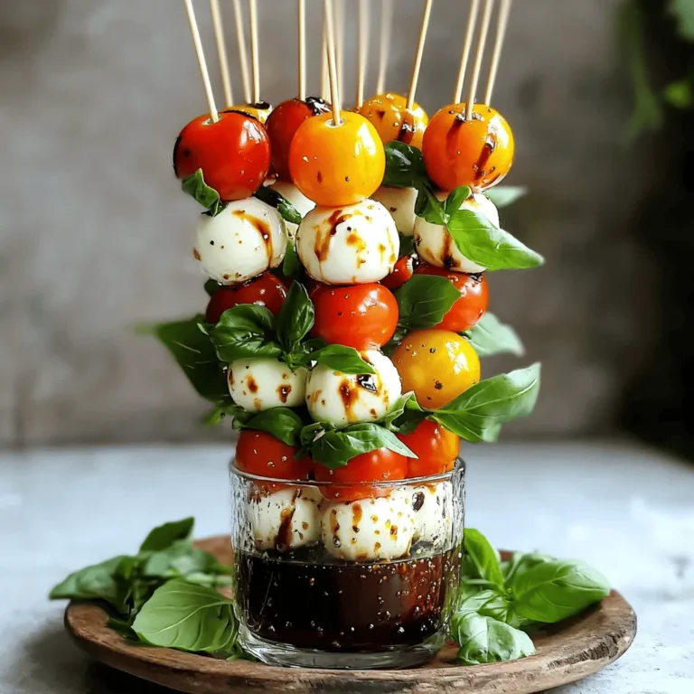 - Cherry tomatoes - Fresh mozzarella balls - Fresh basil leaves - Balsamic glaze - Extra virgin olive oil - Salt and pepper - Skewers The key to a great Caprese salad skewer is fresh ingredients. Cherry tomatoes give a sweet burst. The fresh mozzarella provides creamy texture. Fresh basil adds a burst of flavor that brightens every bite. Balsamic glaze offers a nice sweetness on top. Extra virgin olive oil adds richness. A sprinkle of salt and pepper enhances all the flavors. - Alternative cheeses: You can use burrata or feta instead of mozzarella. - Different herbs: Try using mint or parsley for a twist. - Low-calorie options: Swap the balsamic glaze for lemon juice to cut calories. These swaps can change the taste and make it your own. Experiment with what you like best! - Skewers (wooden or metal) - Knife and cutting board - Serving platter Using skewers makes these easy to serve and eat. A good knife helps slice the tomatoes and cheese neatly. A nice platter can showcase your work and make it look impressive. You can find the full recipe with all the details [here](#). - Wash and dry the ingredients. - Prepare the skewers for assembly. Start by washing the cherry tomatoes and fresh basil leaves in cold water. This step ensures that your ingredients are clean and fresh. After washing, use a clean towel to pat them dry. This helps avoid any extra moisture that could make your skewers soggy. Next, grab your skewers. If you’re using wooden skewers, soak them in water for about 30 minutes. This prevents them from burning when you grill or bake your skewers. If you use metal skewers, you can skip this step. - Layering the ingredients. - How to arrange them for optimal flavor. Now, it’s time to assemble your skewers. Start by threading one cherry tomato half onto the skewer. Follow this with a fresh basil leaf, then a mozzarella ball. Repeat this layering until the skewer is full. Aim for 3-4 sets of tomato, basil, and mozzarella on each skewer. This balance creates a burst of flavor in every bite. When arranging the ingredients, think about color and texture. The red tomato, green basil, and white mozzarella look stunning together. This makes your skewers not only tasty but also visually appealing. - Drizzling with olive oil. - Adding balsamic glaze and seasoning. Once you assemble all the skewers, it’s time for the finishing touches. Drizzle extra virgin olive oil over the skewers. This adds richness and helps enhance the flavors. Next, sprinkle salt and pepper to taste. This simple seasoning elevates the dish. Finally, add a drizzle of balsamic glaze. This sweet and tangy sauce gives a beautiful finish and a burst of flavor. For presentation, arrange the skewers on a serving platter. You can even garnish with extra basil leaves for a pop of color. For more details on this recipe, check the Full Recipe. To make your easy Caprese salad skewers stand out, think about how you serve them. Here are some fun ideas: - Serve upright: Use a tall glass to hold the skewers. It looks great! - Add color: Arrange skewers on a colorful platter. Use fresh basil leaves as a base. - Dipping station: Place a small bowl of balsamic glaze next to the skewers. This invites guests to dip. Leftover skewers can be stored easily. Here’s how: - Refrigerate: Keep any extra skewers in an airtight container. They stay fresh for up to two days. - Keep ingredients separate: If you have leftover tomatoes, mozzarella, or basil, store them apart. This helps them stay fresh longer. Want to save time? Here are some tips for prepping: - Prep ahead: Wash and cut your tomatoes and basil a day before. This makes assembly faster. - Make early: Assemble skewers a few hours ahead. Just keep them in the fridge until it's time to serve. These simple tips will help you create a delicious and attractive dish with minimal stress. For the full recipe, check out the Easy Caprese Salad Skewers section above! {{image_2}} You can give your Caprese salad skewers a twist. Try adding other veggies like bell peppers or cucumbers. These will add crunch and color. Fruits like peaches or strawberries can add a sweet touch. You can also mix in proteins. Grilled chicken or shrimp works well. These additions make the skewers more filling and fun. For a vegan option, swap mozzarella for avocado or marinated tofu. You still get a creamy texture. If you need gluten-free skewers, you're in luck. The basic ingredients are all gluten-free. Just check any sauces you add to be sure they fit your needs. To boost the flavor, try an herb marinade. A mix of basil, garlic, and olive oil is great. You can drizzle the skewers with different sauces, like pesto or a spicy aioli. Seasoning them with fresh herbs or spices will also elevate their taste. Experiment to find your favorite combination! Each skewer holds about 3-4 cherry tomato halves, one mozzarella ball, and one basil leaf. This tasty combination has around 50 calories per skewer. The cherry tomatoes add sweetness, while mozzarella gives a creamy bite. The basil brings in a fresh touch. Using balsamic glaze and olive oil adds flavor without many calories. These skewers pack important vitamins and minerals. Cherry tomatoes provide vitamin C, which helps your immune system. Mozzarella gives you calcium for strong bones. Basil is rich in antioxidants, supporting overall health. Fresh ingredients like these can boost your mood and energy. They are a great snack or appetizer! To keep it light, try using a low-calorie dressing instead of balsamic glaze. A splash of vinegar can work too. Watch your portion sizes; one or two skewers can be filling. Pair them with a salad for a balanced meal. This way, you enjoy flavors without too many calories. For the full recipe, check out the Easy Caprese Salad Skewers section. To keep Caprese skewers fresh, store them in the fridge. Use an airtight container. Place a damp paper towel inside to maintain moisture. This helps prevent the tomatoes and mozzarella from drying out. Consume them within two days for the best taste. Yes, you can make these skewers ahead of time. Assemble them a few hours before serving. Just remember to add the drizzle of balsamic glaze right before serving. This keeps the flavors bright and fresh. You can customize your Caprese skewers easily. Try adding: - Avocado slices for creaminess - Roasted red peppers for a smoky flavor - Prosciutto for a savory taste - Different herbs like parsley or mint for extra freshness Serve Caprese salad skewers in a tall glass for a fun look. You can also lay them on a platter. Add extra basil leaves around them for color. Offer a small bowl of balsamic glaze for dipping. This adds a touch of elegance and flavor. Assembling skewers is simple. Follow these steps: 1. Start with a cherry tomato half. 2. Add a fresh basil leaf. 3. Next, place a mozzarella ball. 4. Repeat until the skewer is filled, leaving space at each end. Aim for 3-4 sets per skewer. This creates a nice balance of flavors. In this blog post, we explored how to make delicious Caprese skewers. We covered key ingredients, simple steps to prepare and assemble, plus helpful tips for presentation and storage. You can easily modify the recipe to suit your taste, whether you're adding protein or making it vegan. With fresh ingredients, these skewers offer great flavor and nutrition. Remember, experimenting with variations adds fun and excitement to your meals. Now, gather your ingredients and enjoy a tasty treat with friends and family.