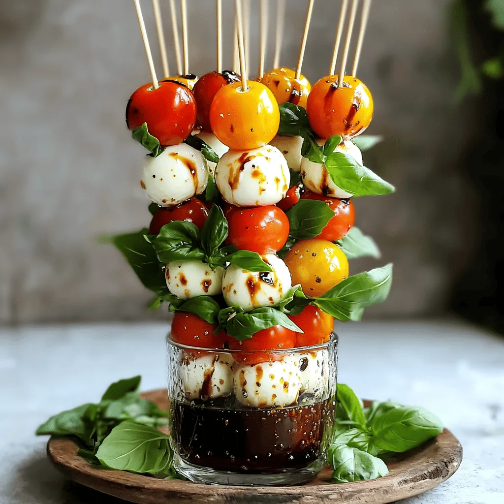 - Cherry tomatoes - Fresh mozzarella balls - Fresh basil leaves - Balsamic glaze - Extra virgin olive oil - Salt and pepper - Skewers The key to a great Caprese salad skewer is fresh ingredients. Cherry tomatoes give a sweet burst. The fresh mozzarella provides creamy texture. Fresh basil adds a burst of flavor that brightens every bite. Balsamic glaze offers a nice sweetness on top. Extra virgin olive oil adds richness. A sprinkle of salt and pepper enhances all the flavors. - Alternative cheeses: You can use burrata or feta instead of mozzarella. - Different herbs: Try using mint or parsley for a twist. - Low-calorie options: Swap the balsamic glaze for lemon juice to cut calories. These swaps can change the taste and make it your own. Experiment with what you like best! - Skewers (wooden or metal) - Knife and cutting board - Serving platter Using skewers makes these easy to serve and eat. A good knife helps slice the tomatoes and cheese neatly. A nice platter can showcase your work and make it look impressive. You can find the full recipe with all the details [here](#). - Wash and dry the ingredients. - Prepare the skewers for assembly. Start by washing the cherry tomatoes and fresh basil leaves in cold water. This step ensures that your ingredients are clean and fresh. After washing, use a clean towel to pat them dry. This helps avoid any extra moisture that could make your skewers soggy. Next, grab your skewers. If you’re using wooden skewers, soak them in water for about 30 minutes. This prevents them from burning when you grill or bake your skewers. If you use metal skewers, you can skip this step. - Layering the ingredients. - How to arrange them for optimal flavor. Now, it’s time to assemble your skewers. Start by threading one cherry tomato half onto the skewer. Follow this with a fresh basil leaf, then a mozzarella ball. Repeat this layering until the skewer is full. Aim for 3-4 sets of tomato, basil, and mozzarella on each skewer. This balance creates a burst of flavor in every bite. When arranging the ingredients, think about color and texture. The red tomato, green basil, and white mozzarella look stunning together. This makes your skewers not only tasty but also visually appealing. - Drizzling with olive oil. - Adding balsamic glaze and seasoning. Once you assemble all the skewers, it’s time for the finishing touches. Drizzle extra virgin olive oil over the skewers. This adds richness and helps enhance the flavors. Next, sprinkle salt and pepper to taste. This simple seasoning elevates the dish. Finally, add a drizzle of balsamic glaze. This sweet and tangy sauce gives a beautiful finish and a burst of flavor. For presentation, arrange the skewers on a serving platter. You can even garnish with extra basil leaves for a pop of color. For more details on this recipe, check the Full Recipe. To make your easy Caprese salad skewers stand out, think about how you serve them. Here are some fun ideas: - Serve upright: Use a tall glass to hold the skewers. It looks great! - Add color: Arrange skewers on a colorful platter. Use fresh basil leaves as a base. - Dipping station: Place a small bowl of balsamic glaze next to the skewers. This invites guests to dip. Leftover skewers can be stored easily. Here’s how: - Refrigerate: Keep any extra skewers in an airtight container. They stay fresh for up to two days. - Keep ingredients separate: If you have leftover tomatoes, mozzarella, or basil, store them apart. This helps them stay fresh longer. Want to save time? Here are some tips for prepping: - Prep ahead: Wash and cut your tomatoes and basil a day before. This makes assembly faster. - Make early: Assemble skewers a few hours ahead. Just keep them in the fridge until it's time to serve. These simple tips will help you create a delicious and attractive dish with minimal stress. For the full recipe, check out the Easy Caprese Salad Skewers section above! {{image_2}} You can give your Caprese salad skewers a twist. Try adding other veggies like bell peppers or cucumbers. These will add crunch and color. Fruits like peaches or strawberries can add a sweet touch. You can also mix in proteins. Grilled chicken or shrimp works well. These additions make the skewers more filling and fun. For a vegan option, swap mozzarella for avocado or marinated tofu. You still get a creamy texture. If you need gluten-free skewers, you're in luck. The basic ingredients are all gluten-free. Just check any sauces you add to be sure they fit your needs. To boost the flavor, try an herb marinade. A mix of basil, garlic, and olive oil is great. You can drizzle the skewers with different sauces, like pesto or a spicy aioli. Seasoning them with fresh herbs or spices will also elevate their taste. Experiment to find your favorite combination! Each skewer holds about 3-4 cherry tomato halves, one mozzarella ball, and one basil leaf. This tasty combination has around 50 calories per skewer. The cherry tomatoes add sweetness, while mozzarella gives a creamy bite. The basil brings in a fresh touch. Using balsamic glaze and olive oil adds flavor without many calories. These skewers pack important vitamins and minerals. Cherry tomatoes provide vitamin C, which helps your immune system. Mozzarella gives you calcium for strong bones. Basil is rich in antioxidants, supporting overall health. Fresh ingredients like these can boost your mood and energy. They are a great snack or appetizer! To keep it light, try using a low-calorie dressing instead of balsamic glaze. A splash of vinegar can work too. Watch your portion sizes; one or two skewers can be filling. Pair them with a salad for a balanced meal. This way, you enjoy flavors without too many calories. For the full recipe, check out the Easy Caprese Salad Skewers section. To keep Caprese skewers fresh, store them in the fridge. Use an airtight container. Place a damp paper towel inside to maintain moisture. This helps prevent the tomatoes and mozzarella from drying out. Consume them within two days for the best taste. Yes, you can make these skewers ahead of time. Assemble them a few hours before serving. Just remember to add the drizzle of balsamic glaze right before serving. This keeps the flavors bright and fresh. You can customize your Caprese skewers easily. Try adding: - Avocado slices for creaminess - Roasted red peppers for a smoky flavor - Prosciutto for a savory taste - Different herbs like parsley or mint for extra freshness Serve Caprese salad skewers in a tall glass for a fun look. You can also lay them on a platter. Add extra basil leaves around them for color. Offer a small bowl of balsamic glaze for dipping. This adds a touch of elegance and flavor. Assembling skewers is simple. Follow these steps: 1. Start with a cherry tomato half. 2. Add a fresh basil leaf. 3. Next, place a mozzarella ball. 4. Repeat until the skewer is filled, leaving space at each end. Aim for 3-4 sets per skewer. This creates a nice balance of flavors. In this blog post, we explored how to make delicious Caprese skewers. We covered key ingredients, simple steps to prepare and assemble, plus helpful tips for presentation and storage. You can easily modify the recipe to suit your taste, whether you're adding protein or making it vegan. With fresh ingredients, these skewers offer great flavor and nutrition. Remember, experimenting with variations adds fun and excitement to your meals. Now, gather your ingredients and enjoy a tasty treat with friends and family.