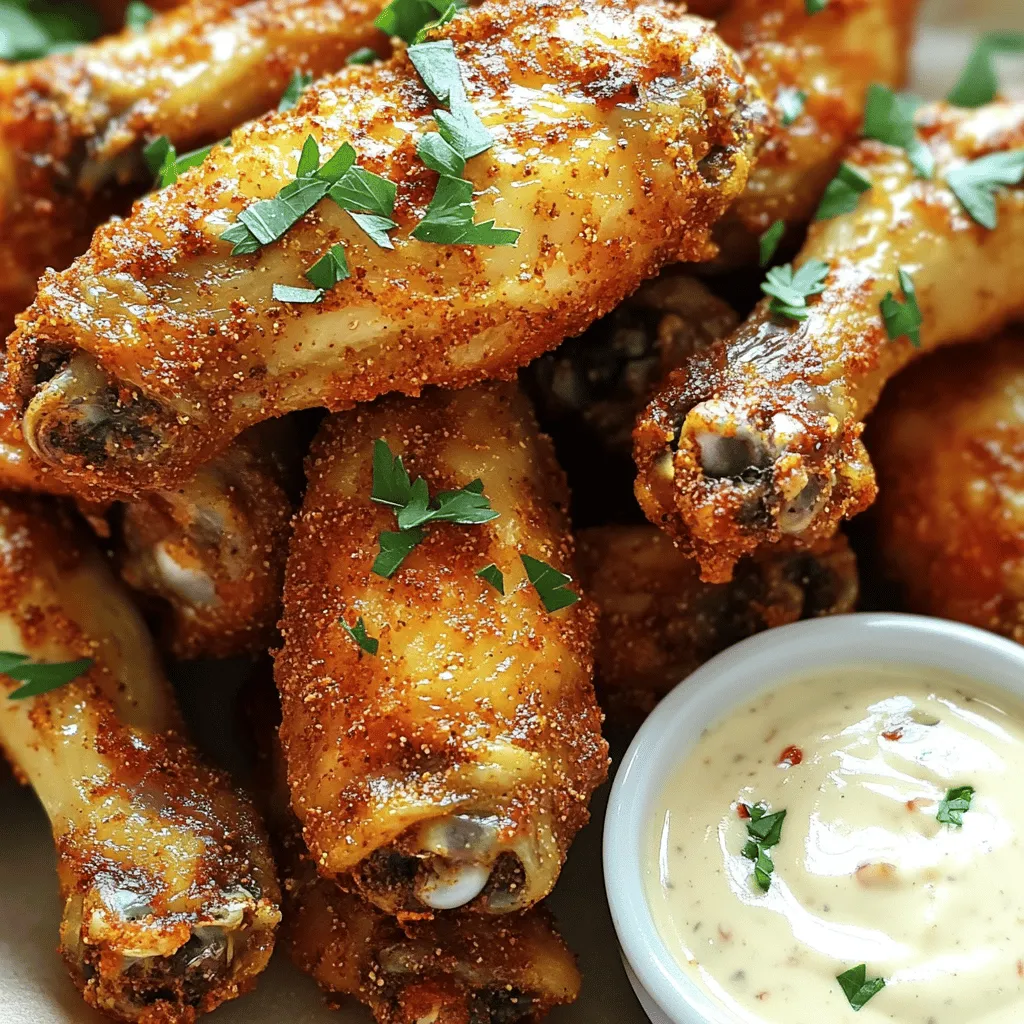 - 2 pounds chicken wings - 2 tablespoons olive oil - 1 tablespoon baking powder - 1 teaspoon garlic powder - 1 teaspoon onion powder - 1 teaspoon smoked paprika - ½ teaspoon cayenne pepper (adjust for spice preference) - Salt and pepper to taste - Your favorite dipping sauce (like ranch or blue cheese) - Fresh parsley, chopped (for garnish) For this crispy air fryer chicken wings recipe, you need just a few main ingredients. The chicken wings are the star. Olive oil helps make them crispy. Baking powder is key for that perfect crunch. Now, let’s break down the seasoning. Garlic powder adds a nice touch. Onion powder brings sweetness. Smoked paprika gives a lovely smokiness. Cayenne pepper can bring heat, so adjust it to your taste. Don’t forget salt and pepper to make the flavors pop. If you want to elevate your wings, consider some optional ingredients. A tasty dipping sauce like ranch or blue cheese can complement your wings well. Garnish with fresh parsley for a pop of color and flavor. Find the full recipe for more details! Drying and prepping chicken wings Start by patting the chicken wings dry with paper towels. This step is vital for crispiness. The drier they are, the better they will crisp up in the air fryer. Make sure to remove any excess moisture. Mixing seasonings In a large bowl, combine the baking powder, garlic powder, onion powder, smoked paprika, cayenne pepper, salt, and pepper. Mix well to ensure the seasonings are evenly distributed. This blend gives the wings great flavor and that perfect crunch. Coating the wings Add the dried chicken wings to the bowl with the seasonings. Drizzle the olive oil over them. Toss everything together until the wings are fully coated with the seasoning mix. This step ensures that every bite is packed with flavor. Air fryer preheating and cooking time Preheat your air fryer to 400°F (200°C) for about 5 minutes. Once preheated, place the seasoned wings in the air fryer basket in a single layer. Cook for 25-30 minutes, shaking the basket halfway through. This helps the wings cook evenly and get that nice crunch. Checking for crispiness After the initial cooking time, check the wings. If you want them extra crispy, add an additional 5-10 minutes. Keep an eye on them and check often until they reach your desired crispiness. Serving suggestions Once done, take the wings out of the air fryer. Let them rest for a few minutes. Garnish with freshly chopped parsley for a pop of color. Serve with your favorite dipping sauce. Enjoy these crispy delights! For the complete recipe, refer to the full recipe. To get the best crispiness in your chicken wings, drying them is key. When you pat the wings dry with paper towels, you help remove moisture. This allows the skin to get crispy in the air fryer. The dryer the wings, the better the crunch! Next, you want to cook at the right temperature. Set your air fryer to 400°F (200°C). This high heat helps the wings cook fast and get crispy on the outside while staying juicy inside. If your wings are not crispy enough, check a few things. First, ensure you dry them well before seasoning. Also, make sure you are not overcrowding the air fryer basket. Cook in batches if needed to let hot air flow around each wing. If you find your wings are overcooked, reduce the cooking time next time. Each air fryer can be different. Start with 25 minutes and check for doneness. If you want extra crispiness, add 5-10 minutes but watch closely. Marinating your wings can boost their taste. Try a simple marinade of olive oil, garlic, and lemon juice. Let them sit for at least 30 minutes for a great flavor. You can also add spices to your seasoning mix. Try adding some cumin or chili powder for a kick. A little smoked paprika gives a nice depth too. Feel free to mix and match to create your own unique flavors. For the full recipe, check out the provided details. {{image_2}} You can change the flavor of your crispy air fryer chicken wings easily. For a spicy kick, try buffalo sauce. Just toss the cooked wings in the sauce after frying. You can also use hot sauce mixed with melted butter for a rich taste. If you prefer something sweet, honey garlic wings are a great option. Mix honey with soy sauce and minced garlic. Toss the wings in this mix right before serving for a sticky, tasty treat. You don’t have to stick with the air fryer. You can bake these wings in the oven, too. Set your oven to 425°F (220°C). Spread the wings on a baking sheet lined with parchment paper. Bake for 40-45 minutes, flipping halfway for even cooking. If you enjoy grilling, toss the wings on a preheated grill. Cook them for about 20-25 minutes, turning often to get that nice char. If you need gluten-free options, check your seasonings. Many spices are gluten-free, but always read the labels. You can also use gluten-free baking powder. For low-fat wings, remove the skin before cooking. This cuts down the fat but still keeps the flavor. You can also use less oil or even spray the wings lightly with cooking spray instead. To keep your crispy air fryer chicken wings fresh, use airtight containers. Glass or plastic containers work well. Make sure to let the wings cool completely before sealing them. This helps prevent moisture buildup. Store the wings in the fridge for up to four days. To reheat your chicken wings, the air fryer is best. Set it to 350°F (175°C) and cook for 5 to 10 minutes. This method keeps them crispy. You can also use the oven for reheating. Preheat it to 350°F (175°C) and place the wings on a baking sheet. Heat them for about 10 to 15 minutes. You can freeze cooked chicken wings. Let them cool first, then place them in freezer bags. Squeeze out as much air as you can. They can stay good in the freezer for about three months. To defrost, move the wings to the fridge overnight. You can also use the microwave to defrost them quickly if needed. For the full recipe, check out the Crispy Air Fryer Chicken Wings. You should cook chicken wings in an air fryer for 25 to 30 minutes. Start at 400°F (200°C). Shake the basket halfway for even cooking. If you want your wings extra crispy, add 5 to 10 more minutes. Always check for crispiness before serving. Yes, you can use frozen chicken wings. However, it's best to thaw them first. Thaw wings in the fridge overnight or use cold water. This helps the wings cook evenly and become crispy. Cook time may increase by about 5 to 10 minutes for thawed wings. Many sauces go well with air fryer chicken wings. Some popular choices are ranch, blue cheese, and BBQ sauce. You can also try hot sauce for a spicy kick. These sauces add flavor and excitement to your meal. You can prepare chicken wings ahead of time. Season them and store in the fridge for up to 24 hours. This saves time on cooking day. Just cook them in the air fryer when you're ready. Enjoy your crispy wings fresh! For the full recipe, check out the previous section. You now have all the tools to make perfect air-fried chicken wings. We covered the key ingredients, steps, and tips to achieve crispiness. Don't forget the flavor variations to suit your taste. Storage advice helps keep leftovers fresh too. Use this guide to impress friends and family with tasty wings. Cooking is fun, and now you can enjoy every bite! Keep experimenting to find your favorite flavors. Success in the kitchen brings joy and satisfaction.