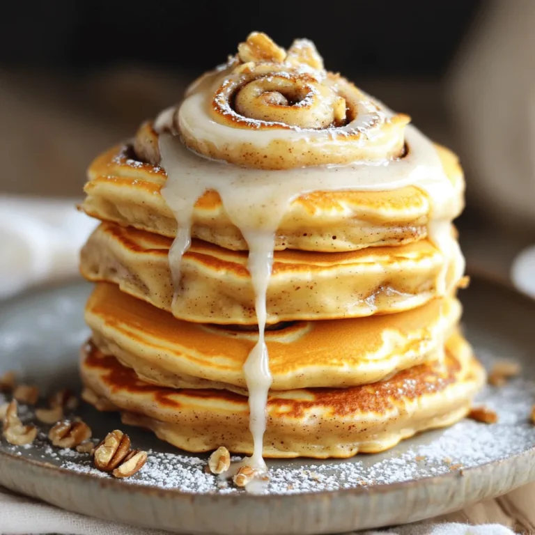 - 1 cup all-purpose flour - 2 tablespoons granulated sugar - 1 tablespoon baking powder - 1/2 teaspoon salt - 1 cup milk - 1 large egg - 2 tablespoons unsalted butter, melted - 1 teaspoon vanilla extract - For the Cinnamon Swirl: - 1/4 cup brown sugar, packed - 1 tablespoon ground cinnamon - 2 tablespoons unsalted butter, softened - For the Cream Cheese Glaze: - 4 oz cream cheese, softened - 1/2 cup powdered sugar - 2 tablespoons milk - 1 teaspoon vanilla extract Gathering these ingredients is key to making your pancakes shine. The all-purpose flour gives a nice base. Sugar adds sweetness, while the baking powder creates fluffiness. Salt enhances flavor, and milk keeps the batter smooth. The egg helps bind everything together and adds richness. Melted butter and vanilla bring warmth and aroma. The cinnamon swirl mixture combines brown sugar, cinnamon, and butter for that signature cinnamon roll flavor. Finally, the cream cheese glaze takes it over the top. It adds a creamy finish that pairs perfectly with the pancakes. Check out the Full Recipe for more details on how to put it all together! To start, mix the brown sugar, cinnamon, and softened butter in a small bowl. Use a spoon to blend them well until you have a smooth paste. This mixture will create the lovely swirl in your pancakes. After mixing, transfer it to a piping bag or a squeeze bottle. This makes it easy to swirl the cinnamon blend later. In a large bowl, whisk the dry ingredients: flour, granulated sugar, baking powder, and salt. In another bowl, mix the wet ingredients: milk, egg, melted butter, and vanilla extract. Pour the wet mix into the dry mix. Stir gently until just combined. It’s okay if there are a few lumps; they will help keep the pancakes fluffy. First, preheat a non-stick skillet or griddle over medium heat. Lightly grease it with butter or cooking spray. Pour about 1/4 cup of pancake batter onto the skillet. Before it sets, pipe a swirl of the cinnamon mixture on top of the batter. This creates a beautiful design. Cook until you see bubbles on the surface and the edges look slightly dry, about 2-3 minutes. Carefully flip the pancake. Cook for another 1-2 minutes until golden brown. Repeat this with the remaining batter and cinnamon swirl mixture. Enjoy the sweet aroma filling your kitchen! To get fluffy pancakes, avoid overmixing the batter. When you combine the wet and dry ingredients, stir gently. It’s fine to leave some lumps. Overmixing makes the pancakes tough instead of light and airy. Start by preheating your non-stick skillet over medium heat. This is key for even cooking. Lightly grease the pan with butter or cooking spray. Too much fat can make the pancakes greasy. A small amount is best. While the cream cheese glaze is a must, try these fun toppings too: - Fresh fruits like berries or sliced bananas - Chopped nuts for crunch - A drizzle of maple syrup for added sweetness These toppings can elevate your pancakes and add more flavor. Enjoy experimenting! {{image_2}} You can easily make cinnamon roll pancakes even better. Try adding nuts, chocolate chips, or fruit. Walnuts or pecans add crunch. Chocolate chips give a sweet surprise with each bite. Berries like blueberries or strawberries bring a fresh taste. Just mix these extras into your batter. This step makes every pancake unique and fun. Want a healthier pancake? Use whole wheat or gluten-free flour. Whole wheat flour adds more fiber and nutrients. It gives a nutty flavor that pairs well with cinnamon. If you're gluten-free, choose a blend made for pancakes. These options still taste great and keep the pancakes fluffy. While the cream cheese glaze is delicious, you can explore other options. Try maple syrup for a classic touch. You can also make a lemon glaze for a zesty kick. Just mix powdered sugar with lemon juice. This brightens up your pancakes and adds a new layer of flavor. Don't forget to experiment with toppings too! Fresh fruits, whipped cream, or even a sprinkle of nuts can elevate your dish. For the full recipe, check out the detailed instructions. To keep your cinnamon roll pancakes fresh, you should store them properly. First, let the pancakes cool completely. Then, stack them with parchment paper in between each pancake. This helps prevent sticking. Place the stack in a sealed container or a zip-top bag. You can store them in the fridge for up to three days. If you want them to last longer, freeze them. Wrap each pancake tightly in plastic wrap before placing them in a freezer bag. Reheating pancakes without losing their taste is easy. You can use the microwave for a quick method. Place a pancake on a plate and cover it with a damp paper towel. Heat for about 20 seconds. If you want a crispy texture, use a skillet. Heat the skillet over medium heat and add a little butter. Cook each pancake for about one minute on each side. This will refresh their flavor and texture. Refrigerated pancakes last about three days. Be sure to check for any signs of spoilage before eating. If you freeze them, they can last up to two months. For the best taste, try to eat them within a month. Always label your bags with the date for easy tracking. Enjoy your cinnamon roll pancakes at their best! To make pancakes fluffier, use fresh baking powder. This helps them rise better. Mix wet and dry ingredients separately. Then combine gently; lumps are okay. Overmixing can make them tough. Also, try adding an extra egg for extra lift. Yes, you can make the batter ahead of time. Store it in the fridge for up to 24 hours. Just cover it tightly with plastic wrap. When you're ready to cook, give it a gentle stir. If it thickens, add a splash of milk. You can use Greek yogurt or mascarpone cheese instead of cream cheese. Both options will give a creamy texture. For a dairy-free choice, try coconut cream. Adjust the sugar to taste. This way, you can enjoy the glaze with different diets. Yes, you can freeze these pancakes. Let them cool completely first. Place them in a single layer on a baking sheet. Freeze until firm, then transfer to a freezer bag. They can last for up to 2 months. To reheat, microwave or toast them until warm. For detailed cooking instructions, check out the Full Recipe. Cinnamon roll pancakes offer a twist on a classic breakfast. We covered the essential ingredients and how to prepare the batter for fluffy, flavorful pancakes. Don’t forget to pipe in that cinnamon swirl for extra sweetness! You learned great tips for cooking and storing. You can also customize the recipe with your favorite mix-ins. Try different glazes for variety. This dish is sure to impress at breakfast or brunch time. Enjoy your pancakes, and happy cooking!