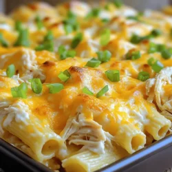 To make Crack Chicken Baked Ziti, you need a few key ingredients. Here’s a complete list of what you’ll need: - 2 cups ziti pasta - 2 cups cooked, shredded chicken - 2 cups cream cheese, softened - 1 cup ranch dressing - 1 cup shredded cheddar cheese - 1 cup shredded mozzarella cheese - 1 teaspoon garlic powder - 1 teaspoon onion powder - 1 teaspoon paprika - Salt and pepper to taste - 1/2 cup green onions, chopped (for garnish) Each ingredient plays a big part in the flavor. The ziti pasta gives a hearty base. Shredded chicken adds protein and richness. Cream cheese brings creaminess, while ranch dressing adds a tangy kick. Cheddar and mozzarella cheeses melt beautifully on top, giving a nice, gooey texture. The garlic powder, onion powder, and paprika bring warmth and depth. Finally, salt and pepper enhance all the flavors. Don’t forget the green onions! They add a fresh crunch and bright color when you garnish your dish. For the full recipe, you can check the detailed cooking instructions. - Preheat the oven: Set your oven to 350°F (175°C). This step is key for even cooking. - Cook the ziti pasta: Boil a large pot of salted water. Add the ziti and cook until al dente. This usually takes about 8 to 10 minutes. Once done, drain the pasta and set it aside. - Prepare the cream cheese mixture: In a large bowl, mix softened cream cheese, ranch dressing, garlic powder, onion powder, paprika, salt, and pepper. Stir until the mixture is smooth and creamy. - Mix chicken and ziti with cream cheese: Add the shredded chicken and cooked ziti to the cream cheese mixture. Stir gently until every piece is coated well. - Transfer to baking dish: Grease a 9x13 inch baking dish. Pour the ziti and chicken mix into the dish, spreading it evenly. - Top with cheese: Sprinkle shredded cheddar and mozzarella cheese on top of the mixture. This will add a nice, cheesy crust. - Bake until bubbly and golden: Place the dish in the oven and bake for 25-30 minutes. Look for a golden top and bubbly edges. This means it’s ready to come out. For more details, check the Full Recipe. To get the right pasta texture, cook the ziti until al dente. This keeps it firm and prevents mushiness. Make sure to drain it well, but do not rinse. Rinsing can wash away the starch that helps sauce stick. When mixing cream cheese, soften it first. Let it sit at room temperature. This makes blending easier. Use a sturdy mixer for smooth results. A whisk works too, but it takes more effort. To boost flavor, try adding seasonings like garlic powder, onion powder, and paprika. These spices add depth to the dish. You can also add a pinch of red pepper flakes for heat. Using fresh herbs brightens the meal. Chopped parsley or basil adds color and a fresh taste. Sprinkle them on top before serving for a pop of flavor. Pair this dish with simple sides like a green salad or garlic bread. A crisp salad adds freshness and crunch. Garlic bread is great for soaking up any extra sauce. For garnishing, chopped green onions work well. They add a nice crunch and a pop of color. You can also add a sprinkle of extra cheese right before serving for a cheesy finish. {{image_2}} You can switch to low-fat cream cheese. This makes the dish lighter. You can also try gluten-free pasta. It tastes great and fits many diets. Add veggies like spinach or bell peppers. They give color and nutrients. You can also use different proteins. Turkey or lean beef work well with this dish. If you like heat, try adding jalapeños. They bring a spicy kick. You can also make Italian-style baked ziti. Use marinara sauce instead of ranch dressing for a new taste. For the complete recipe, check out the Full Recipe section. To keep your Crack Chicken Baked Ziti fresh, place it in the fridge. Use an airtight container for the best results. This helps seal in moisture and flavor. Make sure to cool the dish to room temperature before storing. This step prevents condensation, which can make the pasta soggy. When you’re ready to enjoy leftovers, there are a few great ways to reheat. The best method is to use an oven. Preheat it to 350°F (175°C). Place the ziti in a baking dish, cover it with foil, and heat for 20 minutes. This helps the cheese melt evenly. If you want a quick option, use a microwave. Heat it in short bursts, stirring in between, to keep the textures nice. If you want to freeze your Crack Chicken Baked Ziti, aim for a freezer-safe container. Make sure to divide it into portions. This makes it easier to thaw later. For best results, let it cool completely before freezing. When you're ready to eat, thaw it overnight in the fridge. Reheat it in the oven or microwave as described above. Enjoy your delicious meal anytime! Crack Chicken is a creamy, savory dish that brings comfort to your table. It combines shredded chicken, cream cheese, and ranch dressing for a rich flavor. The main ingredients include: - 2 cups ziti pasta - 2 cups cooked, shredded chicken - 2 cups cream cheese, softened - 1 cup ranch dressing - 1 cup shredded cheddar cheese - 1 cup shredded mozzarella cheese - Seasonings like garlic powder, onion powder, and paprika This dish is cheesy, tangy, and oh-so-delicious. It’s perfect for a family dinner or a cozy night in. The ranch dressing adds a lovely zest, making it a hit with all ages. Yes, you can prepare this dish in advance, which makes it super convenient. To do this, follow these steps: 1. Cook the ziti and mix it with the cream cheese mixture as directed. 2. Place this mixture in a greased baking dish but do not add the cheese on top yet. 3. Cover the dish with foil and refrigerate for up to 24 hours. When you are ready to bake, sprinkle the cheese on top and bake as directed. This method saves time and lets the flavors blend nicely. If you want to switch things up, there are many great alternatives for ranch dressing: - Use blue cheese dressing for a bold flavor. - Try Italian dressing for a zesty kick. - Make a homemade dressing with yogurt and herbs. These swaps can change the taste and add a fun twist to your Crack Chicken Baked Ziti. Feel free to get creative! This blog post covered everything you need to make Crack Chicken Baked Ziti. We discussed the ingredients, step-by-step cooking instructions, and tips for flavor and texture. I shared fun variations, from healthier options to international twists. Lastly, we went over storage methods and answered common questions. Now you have the tools to make this dish your own, whether it's a cozy dinner or a special occasion. Enjoy cooking and sharing this tasty meal with loved ones!