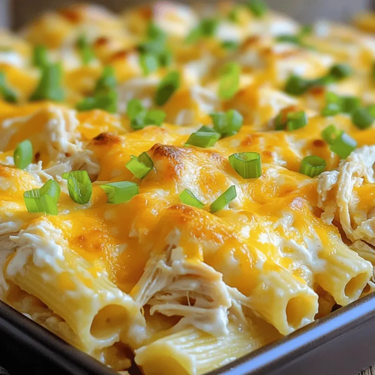 To make Crack Chicken Baked Ziti, you need a few key ingredients. Here’s a complete list of what you’ll need: - 2 cups ziti pasta - 2 cups cooked, shredded chicken - 2 cups cream cheese, softened - 1 cup ranch dressing - 1 cup shredded cheddar cheese - 1 cup shredded mozzarella cheese - 1 teaspoon garlic powder - 1 teaspoon onion powder - 1 teaspoon paprika - Salt and pepper to taste - 1/2 cup green onions, chopped (for garnish) Each ingredient plays a big part in the flavor. The ziti pasta gives a hearty base. Shredded chicken adds protein and richness. Cream cheese brings creaminess, while ranch dressing adds a tangy kick. Cheddar and mozzarella cheeses melt beautifully on top, giving a nice, gooey texture. The garlic powder, onion powder, and paprika bring warmth and depth. Finally, salt and pepper enhance all the flavors. Don’t forget the green onions! They add a fresh crunch and bright color when you garnish your dish. For the full recipe, you can check the detailed cooking instructions. - Preheat the oven: Set your oven to 350°F (175°C). This step is key for even cooking. - Cook the ziti pasta: Boil a large pot of salted water. Add the ziti and cook until al dente. This usually takes about 8 to 10 minutes. Once done, drain the pasta and set it aside. - Prepare the cream cheese mixture: In a large bowl, mix softened cream cheese, ranch dressing, garlic powder, onion powder, paprika, salt, and pepper. Stir until the mixture is smooth and creamy. - Mix chicken and ziti with cream cheese: Add the shredded chicken and cooked ziti to the cream cheese mixture. Stir gently until every piece is coated well. - Transfer to baking dish: Grease a 9x13 inch baking dish. Pour the ziti and chicken mix into the dish, spreading it evenly. - Top with cheese: Sprinkle shredded cheddar and mozzarella cheese on top of the mixture. This will add a nice, cheesy crust. - Bake until bubbly and golden: Place the dish in the oven and bake for 25-30 minutes. Look for a golden top and bubbly edges. This means it’s ready to come out. For more details, check the Full Recipe. To get the right pasta texture, cook the ziti until al dente. This keeps it firm and prevents mushiness. Make sure to drain it well, but do not rinse. Rinsing can wash away the starch that helps sauce stick. When mixing cream cheese, soften it first. Let it sit at room temperature. This makes blending easier. Use a sturdy mixer for smooth results. A whisk works too, but it takes more effort. To boost flavor, try adding seasonings like garlic powder, onion powder, and paprika. These spices add depth to the dish. You can also add a pinch of red pepper flakes for heat. Using fresh herbs brightens the meal. Chopped parsley or basil adds color and a fresh taste. Sprinkle them on top before serving for a pop of flavor. Pair this dish with simple sides like a green salad or garlic bread. A crisp salad adds freshness and crunch. Garlic bread is great for soaking up any extra sauce. For garnishing, chopped green onions work well. They add a nice crunch and a pop of color. You can also add a sprinkle of extra cheese right before serving for a cheesy finish. {{image_2}} You can switch to low-fat cream cheese. This makes the dish lighter. You can also try gluten-free pasta. It tastes great and fits many diets. Add veggies like spinach or bell peppers. They give color and nutrients. You can also use different proteins. Turkey or lean beef work well with this dish. If you like heat, try adding jalapeños. They bring a spicy kick. You can also make Italian-style baked ziti. Use marinara sauce instead of ranch dressing for a new taste. For the complete recipe, check out the Full Recipe section. To keep your Crack Chicken Baked Ziti fresh, place it in the fridge. Use an airtight container for the best results. This helps seal in moisture and flavor. Make sure to cool the dish to room temperature before storing. This step prevents condensation, which can make the pasta soggy. When you’re ready to enjoy leftovers, there are a few great ways to reheat. The best method is to use an oven. Preheat it to 350°F (175°C). Place the ziti in a baking dish, cover it with foil, and heat for 20 minutes. This helps the cheese melt evenly. If you want a quick option, use a microwave. Heat it in short bursts, stirring in between, to keep the textures nice. If you want to freeze your Crack Chicken Baked Ziti, aim for a freezer-safe container. Make sure to divide it into portions. This makes it easier to thaw later. For best results, let it cool completely before freezing. When you're ready to eat, thaw it overnight in the fridge. Reheat it in the oven or microwave as described above. Enjoy your delicious meal anytime! Crack Chicken is a creamy, savory dish that brings comfort to your table. It combines shredded chicken, cream cheese, and ranch dressing for a rich flavor. The main ingredients include: - 2 cups ziti pasta - 2 cups cooked, shredded chicken - 2 cups cream cheese, softened - 1 cup ranch dressing - 1 cup shredded cheddar cheese - 1 cup shredded mozzarella cheese - Seasonings like garlic powder, onion powder, and paprika This dish is cheesy, tangy, and oh-so-delicious. It’s perfect for a family dinner or a cozy night in. The ranch dressing adds a lovely zest, making it a hit with all ages. Yes, you can prepare this dish in advance, which makes it super convenient. To do this, follow these steps: 1. Cook the ziti and mix it with the cream cheese mixture as directed. 2. Place this mixture in a greased baking dish but do not add the cheese on top yet. 3. Cover the dish with foil and refrigerate for up to 24 hours. When you are ready to bake, sprinkle the cheese on top and bake as directed. This method saves time and lets the flavors blend nicely. If you want to switch things up, there are many great alternatives for ranch dressing: - Use blue cheese dressing for a bold flavor. - Try Italian dressing for a zesty kick. - Make a homemade dressing with yogurt and herbs. These swaps can change the taste and add a fun twist to your Crack Chicken Baked Ziti. Feel free to get creative! This blog post covered everything you need to make Crack Chicken Baked Ziti. We discussed the ingredients, step-by-step cooking instructions, and tips for flavor and texture. I shared fun variations, from healthier options to international twists. Lastly, we went over storage methods and answered common questions. Now you have the tools to make this dish your own, whether it's a cozy dinner or a special occasion. Enjoy cooking and sharing this tasty meal with loved ones!