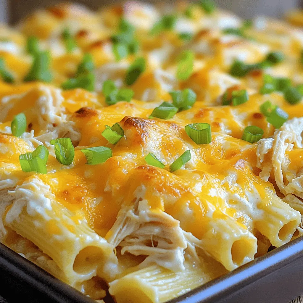 To make Crack Chicken Baked Ziti, you need a few key ingredients. Here’s a complete list of what you’ll need: - 2 cups ziti pasta - 2 cups cooked, shredded chicken - 2 cups cream cheese, softened - 1 cup ranch dressing - 1 cup shredded cheddar cheese - 1 cup shredded mozzarella cheese - 1 teaspoon garlic powder - 1 teaspoon onion powder - 1 teaspoon paprika - Salt and pepper to taste - 1/2 cup green onions, chopped (for garnish) Each ingredient plays a big part in the flavor. The ziti pasta gives a hearty base. Shredded chicken adds protein and richness. Cream cheese brings creaminess, while ranch dressing adds a tangy kick. Cheddar and mozzarella cheeses melt beautifully on top, giving a nice, gooey texture. The garlic powder, onion powder, and paprika bring warmth and depth. Finally, salt and pepper enhance all the flavors. Don’t forget the green onions! They add a fresh crunch and bright color when you garnish your dish. For the full recipe, you can check the detailed cooking instructions. - Preheat the oven: Set your oven to 350°F (175°C). This step is key for even cooking. - Cook the ziti pasta: Boil a large pot of salted water. Add the ziti and cook until al dente. This usually takes about 8 to 10 minutes. Once done, drain the pasta and set it aside. - Prepare the cream cheese mixture: In a large bowl, mix softened cream cheese, ranch dressing, garlic powder, onion powder, paprika, salt, and pepper. Stir until the mixture is smooth and creamy. - Mix chicken and ziti with cream cheese: Add the shredded chicken and cooked ziti to the cream cheese mixture. Stir gently until every piece is coated well. - Transfer to baking dish: Grease a 9x13 inch baking dish. Pour the ziti and chicken mix into the dish, spreading it evenly. - Top with cheese: Sprinkle shredded cheddar and mozzarella cheese on top of the mixture. This will add a nice, cheesy crust. - Bake until bubbly and golden: Place the dish in the oven and bake for 25-30 minutes. Look for a golden top and bubbly edges. This means it’s ready to come out. For more details, check the Full Recipe. To get the right pasta texture, cook the ziti until al dente. This keeps it firm and prevents mushiness. Make sure to drain it well, but do not rinse. Rinsing can wash away the starch that helps sauce stick. When mixing cream cheese, soften it first. Let it sit at room temperature. This makes blending easier. Use a sturdy mixer for smooth results. A whisk works too, but it takes more effort. To boost flavor, try adding seasonings like garlic powder, onion powder, and paprika. These spices add depth to the dish. You can also add a pinch of red pepper flakes for heat. Using fresh herbs brightens the meal. Chopped parsley or basil adds color and a fresh taste. Sprinkle them on top before serving for a pop of flavor. Pair this dish with simple sides like a green salad or garlic bread. A crisp salad adds freshness and crunch. Garlic bread is great for soaking up any extra sauce. For garnishing, chopped green onions work well. They add a nice crunch and a pop of color. You can also add a sprinkle of extra cheese right before serving for a cheesy finish. {{image_2}} You can switch to low-fat cream cheese. This makes the dish lighter. You can also try gluten-free pasta. It tastes great and fits many diets. Add veggies like spinach or bell peppers. They give color and nutrients. You can also use different proteins. Turkey or lean beef work well with this dish. If you like heat, try adding jalapeños. They bring a spicy kick. You can also make Italian-style baked ziti. Use marinara sauce instead of ranch dressing for a new taste. For the complete recipe, check out the Full Recipe section. To keep your Crack Chicken Baked Ziti fresh, place it in the fridge. Use an airtight container for the best results. This helps seal in moisture and flavor. Make sure to cool the dish to room temperature before storing. This step prevents condensation, which can make the pasta soggy. When you’re ready to enjoy leftovers, there are a few great ways to reheat. The best method is to use an oven. Preheat it to 350°F (175°C). Place the ziti in a baking dish, cover it with foil, and heat for 20 minutes. This helps the cheese melt evenly. If you want a quick option, use a microwave. Heat it in short bursts, stirring in between, to keep the textures nice. If you want to freeze your Crack Chicken Baked Ziti, aim for a freezer-safe container. Make sure to divide it into portions. This makes it easier to thaw later. For best results, let it cool completely before freezing. When you're ready to eat, thaw it overnight in the fridge. Reheat it in the oven or microwave as described above. Enjoy your delicious meal anytime! Crack Chicken is a creamy, savory dish that brings comfort to your table. It combines shredded chicken, cream cheese, and ranch dressing for a rich flavor. The main ingredients include: - 2 cups ziti pasta - 2 cups cooked, shredded chicken - 2 cups cream cheese, softened - 1 cup ranch dressing - 1 cup shredded cheddar cheese - 1 cup shredded mozzarella cheese - Seasonings like garlic powder, onion powder, and paprika This dish is cheesy, tangy, and oh-so-delicious. It’s perfect for a family dinner or a cozy night in. The ranch dressing adds a lovely zest, making it a hit with all ages. Yes, you can prepare this dish in advance, which makes it super convenient. To do this, follow these steps: 1. Cook the ziti and mix it with the cream cheese mixture as directed. 2. Place this mixture in a greased baking dish but do not add the cheese on top yet. 3. Cover the dish with foil and refrigerate for up to 24 hours. When you are ready to bake, sprinkle the cheese on top and bake as directed. This method saves time and lets the flavors blend nicely. If you want to switch things up, there are many great alternatives for ranch dressing: - Use blue cheese dressing for a bold flavor. - Try Italian dressing for a zesty kick. - Make a homemade dressing with yogurt and herbs. These swaps can change the taste and add a fun twist to your Crack Chicken Baked Ziti. Feel free to get creative! This blog post covered everything you need to make Crack Chicken Baked Ziti. We discussed the ingredients, step-by-step cooking instructions, and tips for flavor and texture. I shared fun variations, from healthier options to international twists. Lastly, we went over storage methods and answered common questions. Now you have the tools to make this dish your own, whether it's a cozy dinner or a special occasion. Enjoy cooking and sharing this tasty meal with loved ones!