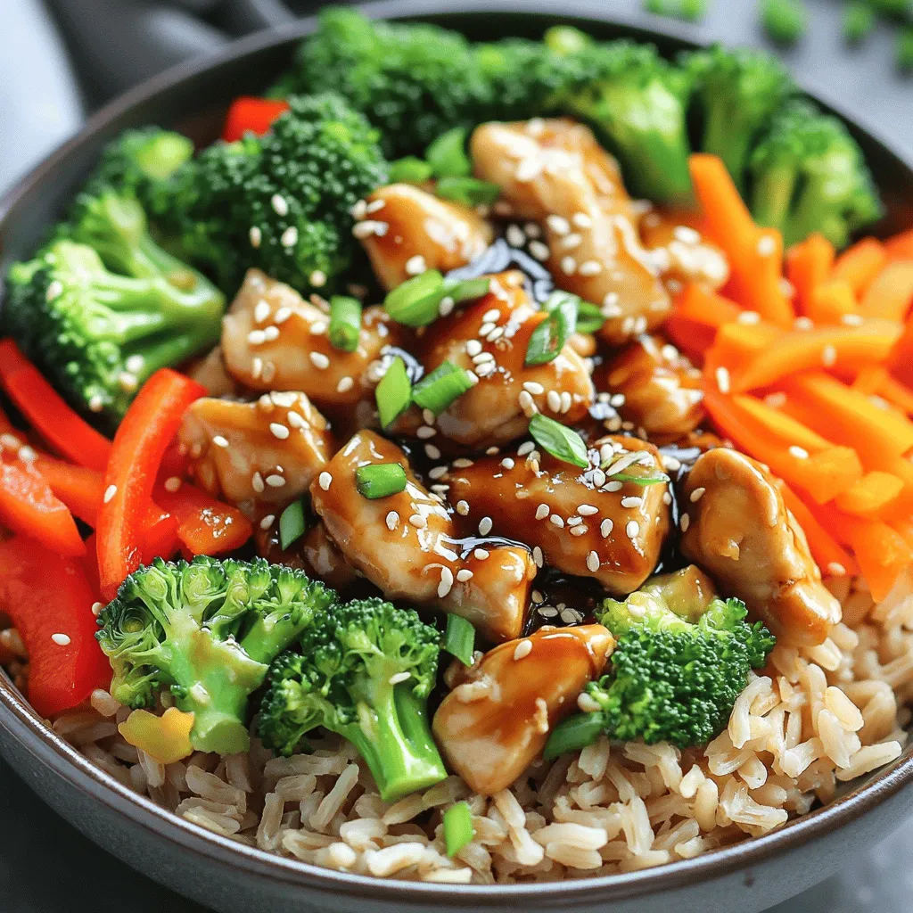 For a tasty teriyaki chicken bowl, you will need: - 1 lb chicken breast, diced - 1 cup brown rice - 2 cups water (for cooking rice) - 1 cup broccoli florets - 1 red bell pepper, sliced - 1 carrot, julienned - 3 green onions, chopped - 1 tablespoon sesame oil - 1/4 cup low sodium soy sauce - 2 tablespoons honey - 1 tablespoon rice vinegar - 1 teaspoon grated ginger - 1 clove garlic, minced - Sesame seeds for garnish These ingredients create a delicious mix of flavors and textures. The chicken gives protein, while brown rice offers a hearty base. Fresh vegetables add color and crunch. You can elevate your teriyaki chicken bowl with some fun garnishes. Consider adding: - Chopped cilantro - Sliced radishes - Avocado slices - Extra sesame seeds These add flavor and make your dish look stunning. You can choose any garnish that fits your taste. If you do not have some ingredients, here are easy swaps: - Chicken breast: Use thighs or tofu for a plant-based option. - Brown rice: Quinoa or cauliflower rice works well. - Soy sauce: Coconut aminos or tamari for a gluten-free choice. - Honey: Maple syrup or agave syrup can replace honey. These substitutions keep your bowl tasty and satisfying. They allow for more options based on what you have at home. For the full recipe, check the link provided above. First, rinse 1 cup of brown rice under cold water. This step helps remove extra starch. Once the water runs clear, put the rice in a pot. Add 2 cups of water. Bring it to a boil. After it boils, lower the heat to low. Cover the pot and simmer for 30-35 minutes. The rice should be tender when done. Fluff the rice with a fork before serving. In a bowl, mix these ingredients to make the teriyaki sauce: - 1/4 cup soy sauce (low sodium) - 2 tablespoons honey - 1 tablespoon rice vinegar - 1 teaspoon grated ginger - 1 clove garlic, minced Stir well to combine. Set this sauce aside. It will add great flavor to your dish. Heat 1 tablespoon of sesame oil in a large skillet over medium heat. Once hot, add 1 lb of diced chicken breast. Cook the chicken for 5-7 minutes until it turns brown and is fully cooked. While the chicken cooks, blanch 1 cup of broccoli florets in boiling water for 2 minutes. Then, cool them in ice water. This keeps the broccoli bright and crisp. Next, add 1 sliced red bell pepper and 1 julienned carrot to the skillet. Stir-fry these veggies with the chicken for 3-4 minutes, until they are tender-crisp. Now, pour the teriyaki sauce over the chicken and veggies. Stir to coat everything evenly. Let it simmer for another 2-3 minutes. This helps meld the flavors together. Take your cooked brown rice and divide it into serving bowls. Top each bowl with the teriyaki chicken and vegetables. Finally, garnish with chopped green onions and a sprinkle of sesame seeds. Enjoy your mouthwatering teriyaki chicken bowls! For full details, check out the Full Recipe. To make great rice, rinse it first. This removes extra starch. Rinse until the water runs clear. Use a pot that has a tight lid. Add one cup of brown rice and two cups of water. Bring it to a boil, then cover and simmer. Cook for about 30-35 minutes. After cooking, let it sit for 10 minutes. Fluff it with a fork before serving. A good teriyaki sauce makes your dish shine. Combine soy sauce, honey, rice vinegar, ginger, and garlic. Let it sit for a while. This time allows the flavors to blend. You can add a dash of sesame oil for more depth. If you like spice, add a little red pepper flakes. This will give your sauce an exciting kick. For juicy chicken, start with medium heat. Heat sesame oil in your skillet. Add diced chicken and cook for 5-7 minutes. Stir often to brown it evenly. Cook until it is no longer pink inside. When you add vegetables, keep cooking for just a few more minutes. This keeps everything crisp and fresh. Use a meat thermometer for best results. Chicken should reach 165°F for safety. For the full recipe, check out the instructions above. {{image_2}} You can mix in many fresh veggies for color and flavor. Broccoli, bell peppers, and carrots are great choices. You can also add snap peas or zucchini for extra crunch. Just remember to blanch or sauté them quickly to keep their bright colors and nutrients. This way, your teriyaki chicken bowl will look and taste amazing. If chicken isn't your favorite, try other proteins. Tofu works well for a vegetarian option. Shrimp or beef are also tasty choices. Cook them the same way as chicken. Just adjust the cooking time based on the protein you use. Each protein adds a different flavor, so feel free to experiment. For a vegan teriyaki bowl, swap chicken for tofu or tempeh. Press the tofu to remove excess water, then cube it. Use the same teriyaki sauce for flavor. Add your favorite vegetables, like bok choy or mushrooms. Serve it over rice or quinoa for a complete meal. You can find the full recipe for this delicious bowl in the article. To keep your teriyaki chicken bowls fresh, place leftovers in an airtight container. Allow the dish to cool before sealing. Store them in the fridge for up to three days. If you want to keep them longer, freezing is a great option. When you're ready to eat, take the leftovers out. You can reheat them in the microwave. Place the bowl in and heat for about two to three minutes, stirring halfway. If you prefer, you can reheat them on the stove. Just add a splash of water to avoid drying out the chicken and veggies. To freeze your teriyaki chicken bowls, pack them in freezer-safe containers. Make sure to separate the rice from the chicken and veggies if you can. This keeps everything fresh and tasty. You can freeze them for up to three months. When ready to eat, thaw in the fridge overnight before reheating. This will help keep all the flavors intact. For the full recipe, check out the earlier section. You can use white rice, quinoa, or cauliflower rice. Each option offers a different taste and texture. White rice cooks faster but has less fiber. Quinoa adds protein and is gluten-free. Cauliflower rice is low in carbs and great for a lighter meal. Homemade teriyaki sauce lasts about a week in the fridge. Store it in an airtight container. You can freeze it for up to three months. Thaw in the fridge before using it again. Yes, you can prep the chicken and rice ahead of time. Cook them, then store them in the fridge. Assemble the bowls when ready to eat. This way, your meal stays fresh and tasty. You can serve teriyaki chicken bowls with a side salad or steamed vegetables. Edamame or pickled ginger also work well. These sides add color and nutrients to your meal. Cut the chicken into small, even pieces. Slice against the grain for tenderness. This helps the chicken cook evenly and stay juicy in your teriyaki bowls. You've learned how to make tasty teriyaki chicken bowls. We covered the key ingredients, from chicken and rice to optional garnishes. I showed you simple steps for cooking, plus tips for perfect rice and sauce. You can mix it up with veggies or other proteins. Finally, I shared how to store and reheat your leftovers. Enjoy customizing your bowls to fit your taste. Teriyaki chicken bowls are an easy and fun meal for everyone.