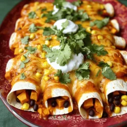 - 2 medium sweet potatoes, peeled and diced - 1 can (15 oz) black beans, rinsed and drained - 1 cup corn kernels (fresh, frozen, or canned) - 1 small red onion, finely chopped - 2 cloves garlic, minced - 1 teaspoon cumin - 1 teaspoon chili powder - Salt and pepper to taste - 8 small corn tortillas - 1 cup enchilada sauce (store-bought or homemade) - 1 cup shredded cheese (cheddar or Monterey Jack) - Fresh cilantro for garnish These ingredients make up the heart of sweet potato black bean enchiladas. Sweet potatoes add sweetness and creaminess. Black beans provide protein and fiber. Corn brings a pop of color and crunch. The red onion and garlic add savory depth. Cumin and chili powder bring warmth and spice. Corn tortillas wrap the filling, while enchilada sauce binds it all together. Finally, cheese melts on top, creating a delicious layer. Fresh cilantro gives a bright finish. - Sour cream or Greek yogurt - Avocado - Lime wedges These optional garnishes add extra flavor and creaminess. Sour cream or Greek yogurt adds tang. Avocado provides richness, while lime wedges offer a zesty kick. You can mix and match these toppings to suit your taste. Enjoy personalizing your enchiladas! For the full recipe with cooking steps, check out the [Full Recipe]. - Preheat your oven to 400°F (200°C). - In a medium pot, bring water to a boil. Add the diced sweet potatoes. Cook for about 10-12 minutes until tender. Drain and set aside. - In a large skillet, heat a tablespoon of olive oil over medium heat. - Add the chopped red onion. Sauté for about 3-4 minutes until it turns translucent. - Stir in the minced garlic, cumin, chili powder, salt, and pepper. Cook for one more minute until fragrant. - Add the drained black beans, corn, and cooked sweet potatoes to the skillet. Mix well and cook for another 5 minutes. - Warm the corn tortillas in a dry skillet or microwave until they are pliable. - Spread a small amount of enchilada sauce on the bottom of a baking dish to prevent sticking. - To each tortilla, add about 2 tablespoons of the sweet potato and black bean filling. Roll the tortilla and place it seam-side down in the prepared baking dish. Repeat this for all tortillas. - Pour the remaining enchilada sauce over the rolled enchiladas, ensuring they are well covered. Sprinkle shredded cheese on top. - Bake in the preheated oven for 20 minutes or until the cheese is melted and bubbly. - Remove from the oven and let cool for a few minutes before garnishing with fresh cilantro. This recipe invites you into a world of flavor with each bite. You can find the Full Recipe to guide you through this tasty journey! How to avoid soggy tortillas To keep your tortillas crisp, warm them briefly. You can use a dry skillet or microwave. This makes them soft and easy to roll without getting soggy. Also, use enough enchilada sauce to coat but not drown the tortillas. This keeps them firm during baking. Best ways to season sweet potatoes To bring out the sweet potatoes' flavor, I like to add cumin and chili powder. These spices add warmth and depth. You can also mix in a bit of salt and pepper to balance the sweetness. If you want a bit of heat, try adding a dash of cayenne pepper too. Ideal accompaniments These enchiladas pair well with a fresh salad or rice. A side of guacamole or salsa adds a nice touch. You can also serve them with lime wedges. The acidity brightens the flavors. Creative serving ideas and platters For a fun presentation, use a large, colorful platter. Arrange the enchiladas in a circle. Drizzle extra enchilada sauce over them and sprinkle fresh cilantro on top. You can also add dollops of sour cream or Greek yogurt for extra creaminess. This makes your meal look inviting and tasty. {{image_2}} You can easily add protein to your enchiladas. For a heartier dish, try adding shredded chicken. Simply cook the chicken, shred it, and mix it with the sweet potato filling. If you want to keep it plant-based, consider using tofu. You can pan-fry or bake the tofu before mixing it in. If you want to switch up the beans, you can use pinto or kidney beans. Both will add a nice texture and flavor to the dish. If you're looking for vegan choices, there are great options. You can use dairy-free cheese made from cashews or almonds. These cheeses melt nicely and add creaminess. For the tortillas, choose whole grain or gluten-free options. Many stores offer these, and they work well with the filling. To boost the flavors, consider adding spices like smoked paprika or cayenne pepper. These can add a nice kick. You can also toss in some hot sauce for extra heat. Adding fresh veggies like spinach or bell peppers can also elevate your dish. Simply sauté them with the onions and garlic for added nutrients and color. These small changes can make your enchiladas even more delicious. For the complete recipe, check out the [Full Recipe]. To keep your enchiladas fresh, place leftovers in an airtight container. This helps prevent drying out. You can store them in the fridge for up to three days. If you want them to last longer, consider freezing. You can freeze enchiladas before or after baking. If freezing before baking, wrap them tightly in plastic wrap. Then, place them in a freezer-safe bag. They can last up to three months. If you bake them first, let them cool completely. Store them in an airtight container. When you want to reheat the frozen enchiladas, take them out and thaw overnight in the fridge. To reheat, bake them at 350°F (175°C) for about 25-30 minutes, or until hot. You can also microwave them for a quick meal, but baking gives the cheese a nice melt. For the best flavor, enjoy your Sweet Potato Black Bean Enchiladas fresh or properly stored. Can I make Sweet Potato Black Bean Enchiladas ahead of time? Yes, you can. Make the filling and roll the enchiladas. Place them in a baking dish. Cover with sauce and cheese. Store in the fridge for up to 24 hours. When ready, just bake them. They will taste fresh and delicious. What can I substitute for the black beans? You can use pinto beans or chickpeas. Both options work well. They add protein and taste. Try lentils for a softer texture. Each will give a different flavor but still taste great. How do I make enchilada sauce from scratch? To make your own enchilada sauce, blend these items: - 2 tablespoons olive oil - 2 tablespoons flour - 2 cups tomato sauce - 1 teaspoon chili powder - ½ teaspoon cumin - Salt to taste Heat the oil in a pot. Add flour and stir for a minute. Slowly add the tomato sauce. Mix in the spices and cook for about 10 minutes. This sauce is rich and tasty. Calorie count and macronutrient breakdown One serving of these enchiladas has about 350 calories. They contain roughly: - 15g protein - 60g carbohydrates - 10g fat These numbers may vary based on the cheese and sauce used. Are these enchiladas gluten-free? Yes, if you use corn tortillas and gluten-free sauce. Always check labels on your ingredients. This way, you will be sure they are gluten-free. Enjoy them without worry. For the full recipe, check out the earlier sections. These Sweet Potato Black Bean Enchiladas are easy to make and delicious. You learned about the key ingredients, step-by-step instructions, and tips to perfect the dish. Variations give you options for different tastes. You can also store or freeze them for later. I hope you feel ready to try this recipe. Enjoy every tasty bite you create!
