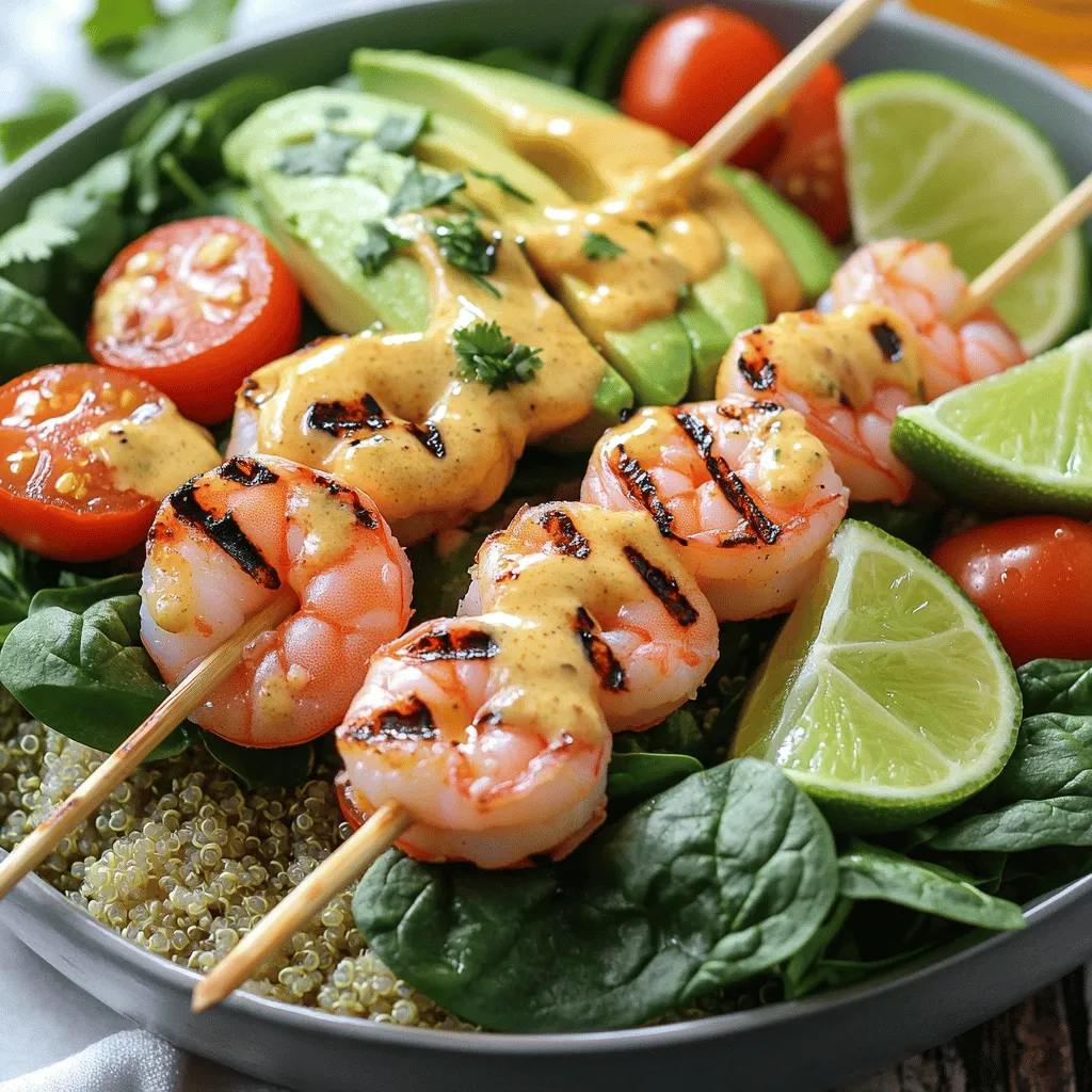 - 1 pound large shrimp, peeled and deveined - 2 tablespoons olive oil - 4 cloves garlic, minced - 1 teaspoon smoked paprika - 1 teaspoon chili powder - Salt and pepper to taste - 1 cup cooked quinoa - 1 cup cherry tomatoes, halved - 1 avocado, sliced - 1 cup fresh spinach - 2 tablespoons fresh cilantro, chopped - 1 lime, cut into wedges - 1 teaspoon smoked paprika - 1 teaspoon chili powder - Salt and pepper The base of your grilled shrimp bowl starts with fresh, quality ingredients. Use large shrimp for a juicy bite. Olive oil adds richness and helps the shrimp cook well. Fresh garlic gives a strong flavor, while smoked paprika and chili powder add a little kick. Don't forget salt and pepper for balance. Your bowl gets its heart from quinoa, a nutritious grain. Cherry tomatoes bring sweetness, and avocado adds creaminess. Fresh spinach gives a nice crunch, while cilantro adds a burst of flavor. A wedge of lime provides zesty brightness. Mixing these ingredients creates a colorful and tasty dish. This recipe is not just about the shrimp but how all these parts come together. For the full recipe details, check the full recipe section. - Start by combining 2 tablespoons of olive oil, 1 teaspoon of smoked paprika, and 1 teaspoon of chili powder in a bowl. - Add 4 cloves of minced garlic to the mix. Stir it all together until well blended. - Toss 1 pound of large shrimp in the marinade. Make sure each shrimp gets coated well. - For best flavor, let the shrimp marinate for about 20 minutes at room temperature. - Preheat your grill or grill pan over medium-high heat. This step is key for nice grill marks. - Skewer the marinated shrimp onto metal or soaked wooden skewers. Leave space between each shrimp for even cooking. - Grill the shrimp for about 2-3 minutes on each side. They should turn pink and opaque when done. - In a large serving bowl, layer 1 cup of cooked quinoa, 1 cup of fresh spinach, and 1 cup of halved cherry tomatoes. - Add slices of 1 avocado on top, then carefully place the grilled shrimp over the vegetables. - Drizzle any leftover garlic marinade on the bowl for extra flavor. - Finally, garnish with 2 tablespoons of chopped cilantro and serve with lime wedges on the side. For the full recipe, check the instructions above! Enjoy your delicious grilled shrimp bowl! To enhance the garlic sauce, start by adjusting flavors. If you want it spicier, add more chili powder. For a milder taste, reduce the garlic or paprika. You can also try adding lemon juice for a fresh twist. If you want to switch up the marinade, consider using coconut aminos instead of olive oil. You can mix in some fresh herbs like basil or parsley. These changes can create a new flavor profile, keeping your dish exciting. When grilling shrimp, keep a few best practices in mind. First, always preheat your grill to medium-high heat. This helps the shrimp cook evenly. Skewering your shrimp is a great way to keep them together and makes turning them easy. To avoid overcooking, watch the color closely. Shrimp should turn pink and opaque. This usually takes about 2-3 minutes per side. If you leave them on too long, they can become tough and rubbery. To make your dish look stunning, think about layering your bowl. Start with a base of quinoa, then add fresh spinach, cherry tomatoes, and avocado. Finally, top it with the grilled shrimp. For added flair, drizzle any extra garlic sauce over the top. Garnish with fresh cilantro and lime wedges. This not only enhances the look but also adds flavor. Serve your bowl with a smile, and enjoy the compliments! {{image_2}} - Alternative proteins: You can swap shrimp for chicken, tofu, or scallops. Each brings a unique twist to the dish. Chicken offers a hearty bite, while tofu caters to vegans. Scallops add a sweet flavor that pairs well with garlic. - Different vegetables: Feel free to mix in your favorite veggies. Bell peppers, zucchini, or corn can brighten your bowl. Roasted or grilled veggies can also enhance flavor and texture. - Adding heat: If you like spice, add red pepper flakes or jalapeños. These options can turn up the heat and add depth. A dash of hot sauce can also complement the garlic sauce nicely. - Incorporating different herbs: Swap cilantro for fresh parsley or basil. Each herb adds a distinct taste. Mint can also give a refreshing twist to your grilled shrimp bowl. - Making it a salad bowl: For a lighter meal, serve the shrimp on a bed of mixed greens. You can mix in cucumbers or radishes for crunch. Drizzle more garlic sauce for added flavor. - Taco-style serving option: Turn this bowl into tacos! Use small tortillas and fill them with shrimp and veggies. Top with lime juice and extra sauce for fun and flavor. This dish lasts about three days in the fridge. To store leftovers, place the shrimp and quinoa in an airtight container. This keeps them fresh and safe to eat. Separate the shrimp from the quinoa if you can. This way, the shrimp will not make the quinoa soggy. Yes, you can freeze the grilled shrimp bowl. To freeze, let the dish cool completely first. Then, place the shrimp and quinoa in freezer-safe bags. Make sure to remove as much air as possible. Label the bags with the date. It can last up to three months in the freezer. The best way to reheat shrimp is in a skillet over low heat. This keeps them tender. For quinoa, you can use the microwave. Add a little water to keep it moist. Heat until warm, stirring often. Enjoy your meal as if it was freshly made! To make grilled shrimp tender, follow these tips: - Choose fresh shrimp: Fresh shrimp cook better and taste great. - Don’t overcook: Grill shrimp for just 2-3 minutes on each side. - Marinate well: A good marinade helps keep shrimp juicy. - Use medium heat: Too high heat can make shrimp tough fast. When shrimp turn pink and opaque, they are done. Remove them from heat right away. Yes, you can use frozen shrimp! Here’s how to thaw them: - Place shrimp in the fridge overnight. - Use cold water: Seal shrimp in a bag and submerge in cold water for 15-20 minutes. Always dry shrimp well after thawing. This helps the marinade stick better. Here are some great sides for your grilled shrimp bowl: - Steamed vegetables: Broccoli or green beans add color and nutrients. - Rice or couscous: They complement shrimp and soak up flavors. - Fresh salad: A light salad can balance the meal. - Corn on the cob: Sweet corn pairs nicely with shrimp. Feel free to mix and match for variety! For the full recipe, visit the link. This blog post covered a tasty grilled shrimp bowl. We explored main ingredients like shrimp, quinoa, and spices. I provided steps for marinating and grilling shrimp until just right. Tips helped perfect your garlic sauce and enhance presentation. You can also try flavor variations, substitutes, and different serving styles. In summary, this bowl is versatile and simple. You can store leftovers and freeze them too. Enjoy experimenting with the recipe while impressing friends and family!