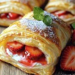 - 1 sheet of frozen puff pastry, thawed - 1 cup fresh strawberries, hulled and sliced - 1 tablespoon sugar - 1 teaspoon vanilla extract - 1/2 cup cream cheese, softened - 1/4 cup powdered sugar - 1 egg, beaten (for egg wash) - 1 tablespoon lemon juice - Optional: Zest of 1 lemon for added flavor When making a Strawberry Danish, fresh ingredients shine. Using fresh strawberries brings bright flavor. The puff pastry provides a flaky base, while the cream cheese adds creaminess. I recommend choosing ripe strawberries for the best taste. Gather your ingredients ahead of time. This helps keep your kitchen organized. Each item plays a vital role in creating this delightful treat. For instance, the sugar enhances the natural sweetness of the strawberries. Vanilla extract adds a warm aroma that complements the fruit. Remember, the optional lemon zest can elevate your Danish. It adds a refreshing twist that brightens the overall flavor. Now that you have your ingredients ready, you can move on to the preparation! Check out the Full Recipe for more details on how to create this delicious dessert. 1. Start with fresh strawberries. Hull and slice them. 2. Toss the sliced strawberries with sugar, vanilla extract, and lemon juice. 3. Let them sit for about 10 minutes. This time helps them release their juices. 1. Take your thawed puff pastry out of the fridge. 2. Roll it out on a lightly floured surface. This makes it smooth and a bit larger. 3. Cut the puff pastry into your desired sizes. You can make one big Danish or six smaller ones. 1. Create a border on each piece of pastry. Use a knife to score a smaller rectangle inside. 2. In a bowl, mix softened cream cheese with powdered sugar until smooth. 3. If you like, add lemon zest to the cream cheese mix for extra flavor. 4. Spread the cream cheese mix within the scored border. 5. Layer the marinated strawberries on top. Let some juices pool for more flavor. 6. Brush the edges of the pastry with the beaten egg. This gives a nice golden color. 1. Preheat your oven to 400°F (200°C). 2. Bake the Danish in the oven for 15-20 minutes. Look for a golden brown color. 3. After baking, let them cool on a wire rack for a few minutes before serving. For the full recipe, check out the earlier sections. Enjoy your delicious Strawberry Danish! - How to keep puff pastry flaky: To keep puff pastry flaky, keep it cold. Work on a chilled surface. If it warms up, pop it back in the fridge for a few minutes. This helps the layers stay distinct when baking. - Tips for rolling out dough: When rolling out your dough, use a light touch. Start from the center and roll outward. Dust your surface with flour to prevent sticking. This will help you achieve the right thickness without tearing. - Suggestions for flavor combinations: While strawberries shine here, you can mix in other fruits. Try blueberries or raspberries for a twist. You can also add spices like cinnamon or nutmeg for extra warmth. - Importance of using fresh ingredients: Always opt for fresh ingredients when possible. Fresh strawberries burst with sweetness. They elevate the taste and keep your Danish vibrant. This small choice makes a big difference. - Dusting with powdered sugar: Once your Danish cools, dust it lightly with powdered sugar. This adds a sweet finish and makes it look fancy. It’s a simple touch that elevates your dish. - Garnishing with fresh fruit: For added flair, garnish with fresh strawberries or a sprig of mint. This not only looks pretty but also adds a fresh aroma. Serve it warm for the best flavor experience. {{image_2}} You can change the filling of your Danish to suit your taste. Try using blueberries or raspberries for a new twist. They pair well with cream cheese. For a savory version, mix in cheese or sautéed veggies. This adds a unique flavor and makes a great snack. You can create different shapes with your puff pastry. Fold it into triangles or roll it into spirals. Each shape offers a fun way to present your Danish. You can also add a drizzle of icing or sprinkle with nuts for an eye-catching touch. If you need gluten-free options, use gluten-free puff pastry. Many brands now offer this. For a dairy-free choice, try using vegan cream cheese. These substitutions keep the taste intact while catering to dietary needs. To keep your Strawberry Danish fresh, store it in an airtight container. Place wax paper between layers to avoid sticking. Chill it in the fridge. Your Danish will last about 2-3 days. The taste is best when fresh, but it can still be good after a few days. When you want to enjoy leftover Danish, reheat it in an oven. Set the oven to 350°F (175°C). Heat for about 10 minutes. This method keeps the pastry crisp. Avoid microwaving, as it can make the pastry soggy. To keep it crunchy, place it on a baking sheet. You can freeze Strawberry Danish for later. Wrap each Danish tightly in plastic wrap. Then, place them in a freezer bag. They will stay good for up to 3 months. When ready to eat, thaw in the fridge overnight. After thawing, reheat as mentioned above for the best taste. A Strawberry Danish is a sweet pastry made from flaky puff pastry. It is filled with cream cheese and fresh strawberries. The pastry is baked until golden brown. It is often enjoyed for breakfast or as a snack. Yes, you can use frozen strawberries. They are convenient and often cheaper. However, they may have more moisture. This extra liquid can make the filling runnier. If you use frozen strawberries, thaw and drain them first. This helps keep your Danish from getting soggy. To make the cream cheese sweeter, add more powdered sugar. Start with one tablespoon more, then taste. You can also add honey or maple syrup. These options give a nice flavor. Mix well until smooth. Adjust to your liking for the perfect sweetness. You can find Strawberry Danish at local bakeries. Many grocery stores also sell them. Look for them in the bakery section. Some coffee chains offer fresh Danish pastries too. Enjoying one with coffee can be a delightful treat! You've learned to create a delicious Strawberry Danish from scratch. We covered ingredients, preparation steps, and baking tips. Remember, using fresh strawberries enhances flavor, while the right storage keeps your Danish tasty for longer. Try different fruits or shapes to make it your own. With these steps, you can impress friends and family with a delightful treat. Enjoy your baking experience and share your tasty creations!