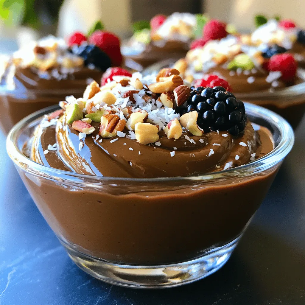 - 2 ripe avocados, peeled and pitted - 1/3 cup unsweetened cocoa powder - 1/4 cup maple syrup (or honey) - 1/4 cup almond milk (or any milk of your choice) - 1 teaspoon vanilla extract - A pinch of sea salt - Optional toppings: crushed nuts, shredded coconut, fresh berries Avocados are the star of this pudding. They are creamy and rich in healthy fats. These fats help your heart stay strong. They also contain fiber, which is good for digestion. Cocoa powder adds a rich chocolate flavor. It also provides antioxidants, which help protect your body. Maple syrup or honey adds sweetness without refined sugar. Almond milk keeps it light and creamy while being dairy-free. Vanilla extract adds a lovely aroma. Sea salt enhances all these flavors and makes them pop. You can switch things up to suit your taste. Try using ripe bananas instead of avocados for a different texture. You can use any milk, like oat or coconut milk, if you prefer. For extra flavor, add a splash of coffee or a hint of mint. If you want a nut-free version, skip the toppings or use seeds instead. Each variation keeps the pudding healthy and delicious. For the full recipe, check out the details above. 1. Start with two ripe avocados. Peel them and remove the pits. 2. Place the avocados in a food processor or blender. Blend them until smooth. 3. Next, add 1/3 cup of unsweetened cocoa powder. Then, add 1/4 cup of maple syrup or honey. 4. Pour in 1/4 cup of almond milk and 1 teaspoon of vanilla extract. 5. Add a pinch of sea salt to enhance the flavor. 6. Blend all the ingredients until you get a creamy texture. Scrape down the sides as needed. 7. Taste the pudding. If you want it sweeter, add more maple syrup or honey. Blend again. 8. Spoon the pudding into bowls or glasses. It’s ready for chilling! - Make sure your avocados are ripe. They should feel soft but not mushy. - If your blender struggles, add a little more almond milk. This helps with blending. - Blend in short bursts if needed. This will mix everything well without overworking the motor. - Always scrape the sides of the blender. It ensures all ingredients mix evenly. - Chill the pudding in the fridge for at least 30 minutes. This helps the flavors meld together. - Before serving, add toppings like crushed nuts, shredded coconut, or fresh berries. - These toppings give extra texture and make the dessert look pretty. - Enjoy this rich yet healthy treat as a guilt-free dessert. For the complete experience, check out the Full Recipe. To make your chocolate avocado pudding even better, try adding a splash of coffee. A small amount of brewed coffee or espresso boosts the chocolate flavor. You can also use different sweeteners, like agave syrup or dates, to change the taste. For a fruity twist, add some mashed banana or a few drops of orange extract. These small tweaks can make your pudding unique. One common mistake is not blending the avocados enough. If you don't blend them well, you may end up with lumps. Another mistake is using too much cocoa powder. This can make the pudding too bitter. Always taste your pudding as you go. Adjust the sweetness and cocoa based on your preference. Lastly, skip the chilling step at your own risk. Chilling improves the texture and flavor. Use ripe avocados for the best flavor. They should feel soft but not mushy. When blending, scrape down the sides of your bowl. This ensures a smooth mix. If your pudding is too thick, add a bit more almond milk until it's just right. For serving, garnish with toppings like nuts or berries. They add texture and make your dessert look inviting. Follow these tips for a creamy, delicious treat every time. For the full recipe, check out the earlier sections. {{image_2}} You can easily make this pudding vegan and dairy-free. Just swap the honey for maple syrup. Use almond milk or any plant-based milk you like. This way, you keep all the creaminess without dairy. It stays rich and delicious, just like the original recipe. Want to spice things up? You can add flavors to your pudding! For a fresh twist, add a few mint leaves. Just blend them in with the avocados. If you love coffee, try adding a shot of espresso. This makes the chocolate taste even richer. You can also add a dash of cinnamon for warmth and depth. Serving your chocolate avocado pudding can be fun! You can use small cups or fancy glasses. Divide it into four servings for a light treat. Top each serving with crushed nuts, shredded coconut, or fresh berries. This adds texture and makes it look pretty. Enjoy it chilled for the best taste. You can find the full recipe above to get started! To keep your chocolate avocado pudding fresh, store it in an airtight container. This helps prevent it from absorbing odors in the fridge. Make sure to cover the surface with plastic wrap. Press the wrap down so it touches the pudding. This reduces the chance of browning on top. When stored correctly, chocolate avocado pudding lasts about 3 to 5 days in the fridge. However, the texture may change slightly over time. The avocado may darken, but this does not affect the taste. If you see any browning, simply stir it back in before serving. You don’t need to reheat this pudding. It’s best served cold after chilling in the fridge. If you prefer it a bit warmer, you can let it sit at room temperature for about 10 minutes before serving. This will soften it slightly without changing the flavor. Enjoy your creamy delight chilled! You can check out the Full Recipe for more details on preparation. Yes, you can use other sweeteners. If you prefer a sugar-free option, try stevia or erythritol. These sweeteners blend well and keep the pudding low in calories. Remember to adjust the amount according to your taste, as some sweeteners are stronger than others. To make this recipe nut-free, simply swap almond milk for oat milk or coconut milk. Both options work well and keep the pudding creamy. This change ensures everyone can enjoy the dessert, even those with nut allergies. Avocados bring many health benefits to desserts. They are rich in healthy fats, which help your body absorb vitamins. They also provide fiber, which is good for digestion. Avocados contain vitamins like E and K, which support skin health. Using avocados in desserts adds creaminess without unhealthy ingredients. You can enjoy a treat that is both tasty and good for you. For the full recipe, check out the earlier section. This guide covered the essential ingredients, cooking steps, and tips for chocolate avocado pudding. I explored health benefits, ingredient variations, and how to store your pudding well. Remember, with simple tweaks, you can make this dish fit your taste. Don’t forget to avoid common mistakes to ensure the best flavor. With all these tips, you can enjoy a delicious and healthy dessert. Dive in and make your pudding today!