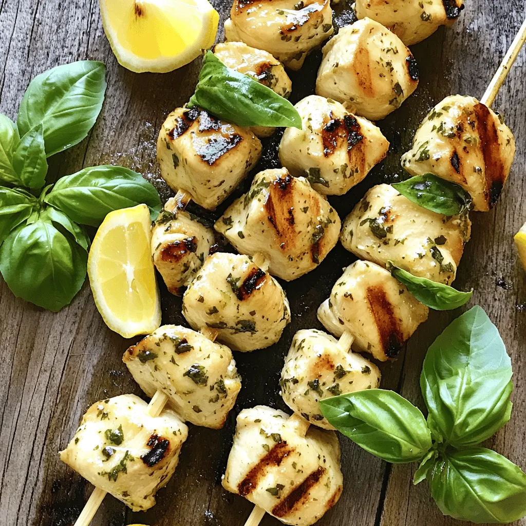 - 1 lb boneless, skinless chicken breasts, cut into 1-inch cubes - 3 tablespoons olive oil - Zest and juice of 2 lemons - 2 tablespoons fresh basil, finely chopped - 3 cloves garlic, minced - 1 teaspoon honey - 1 teaspoon salt - ½ teaspoon black pepper - ½ teaspoon red pepper flakes (optional) - Wooden skewers, soaked in water for 30 minutes - Mixing bowl - Grill or grill pan When you make Lemon Basil Chicken Skewers, focus on the fresh ingredients. Quality chicken makes a big difference. I prefer boneless, skinless chicken breasts for this recipe. They cook quickly and stay juicy. The marinade is where the magic happens. Olive oil coats the chicken, giving it flavor and moisture. The zest and juice of the lemons brighten the dish. Fresh basil adds a sweet, herbal note. Garlic boosts the flavor, while honey adds a touch of sweetness. Don’t forget the seasoning! Salt and black pepper enhance all the flavors. If you like a bit of heat, add red pepper flakes. This recipe is simple but full of taste. With the right ingredients, you can create a dish that impresses everyone. For full details on cooking this dish, check the Full Recipe. Make sure you have the right equipment. Wooden skewers are best. Soak them in water for 30 minutes. This prevents them from burning on the grill. Having a mixing bowl helps to mix the marinade well. A grill or grill pan is perfect for cooking these skewers. With these ingredients and tools, you are all set to make a delicious meal! To make the marinade, you will need a mixing bowl. First, whisk together these ingredients: - 3 tablespoons olive oil - Zest and juice of 2 lemons - 2 tablespoons fresh basil, finely chopped - 3 cloves garlic, minced - 1 teaspoon honey - 1 teaspoon salt - ½ teaspoon black pepper - ½ teaspoon red pepper flakes (optional) Mix well until it becomes smooth. The lemon gives a bright flavor. The basil adds a fresh touch. This marinade makes the chicken taste amazing. Next, add the chicken cubes to the marinade. Make sure each piece gets coated well. Cover the bowl with plastic wrap. Now, refrigerate it for at least 30 minutes. If you have more time, marinate for up to 2 hours. This step helps the chicken soak in all the flavors. Before grilling, preheat your grill or grill pan over medium-high heat. While it heats, take wooden skewers that you soaked in water for 30 minutes. Thread the marinated chicken onto the skewers. Leave a little space between each piece. This helps them cook evenly. Once the grill is hot, place the skewers on it. Grill for about 10-12 minutes. Turn them occasionally. You want to see nice grill marks. The chicken should be fully cooked. Check that the inside reaches 165°F (74°C). When done, remove the skewers from the grill. Let them rest for a few minutes before serving. Enjoy your Lemon Basil Chicken Skewers! For the full recipe, check out the earlier section. To get the best flavor, always refrigerate your marinade. This helps the chicken soak in the lemon and basil. I recommend marinating for at least 30 minutes. For even better results, let it sit for up to 2 hours. This extra time allows the flavors to meld. You will taste the difference! Grill marks make your dish look great. To get those lines, heat your grill well before adding the skewers. A hot grill ensures good searing. Place the skewers on the grill and don’t move them for the first few minutes. This helps create those perfect grill marks. Flip the skewers only when they easily lift off the grill. When you serve your Lemon Basil Chicken Skewers, make it pretty! Garnish with fresh basil and lemon wedges. This adds color and freshness to your plate. The bright lemon and green basil make for a lovely presentation. Plus, they give your guests a hint of what’s in the dish. Enjoy your meal! {{image_2}} You can swap chicken with shrimp, tofu, or pork. Each option brings its own taste. Shrimp cooks fast and absorbs flavors well. Tofu is great for a plant-based meal. Pork gives a nice twist to the recipe. Just remember to adjust cooking times for different proteins. Try new herbs to change the taste. Fresh thyme or rosemary can replace basil. You can also mix herbs for a unique flavor. Consider adding cilantro or parsley for a fresh kick. A bit of zest from lime or orange can brighten the dish too. These changes keep the recipe exciting and fresh. You can bake or broil the skewers if you prefer. For baking, preheat your oven to 400°F (200°C). Line a baking sheet with parchment paper. Arrange the skewers in a single layer. Bake for about 15-20 minutes, flipping halfway. For broiling, place skewers on the top rack. Broil for 8-10 minutes, watching closely to avoid burning. These methods bring out different flavors while keeping the chicken juicy. After you enjoy your Lemon Basil Chicken Skewers, store any leftovers in the fridge. Place them in an airtight container. They will stay fresh for up to 3 days. This way, you can savor the flavors again without losing taste. When reheating, keep the chicken moist. Heat the skewers in the microwave for 30 seconds at a time. Check them often to avoid drying out. You can also reheat them on the grill or in a pan over low heat. Just add a splash of olive oil to keep them juicy. If you want to save them for later, freezing is a great option. Wrap each skewer tightly in plastic wrap. Then, place them in a freezer bag. They can last up to 3 months in the freezer. When you’re ready to eat, thaw them in the fridge overnight before reheating. Enjoy the taste of summer any time! For the best flavor, marinate the chicken for at least 30 minutes. You can go up to 2 hours for a deeper taste. If you have time, let it marinate overnight in the fridge. This allows the lemon and basil to soak into the chicken. Remember, too much time can make the chicken mushy due to the acid in the lemon. Yes, you can prep these skewers ahead of time. Marinate the chicken and store it in the fridge in an airtight container. You can do this a day in advance. Just remember to soak the skewers in water for 30 minutes before grilling. This prevents them from burning on the grill. The chicken skewers should be cooked to an internal temperature of 165°F (74°C). Use a meat thermometer to check the temperature. Insert it into the thickest part of the chicken. The meat should be white and juices should run clear. This ensures the chicken is fully cooked and safe to eat. This blog post covered how to make Lemon Basil Chicken Skewers. You learned about the key ingredients, necessary equipment, and step-by-step instructions for preparation. I shared tips for flavor and grill perfection, as well as ideas for variations and storage. Remember, marinating is key for flavor. These skewers offer a simple and tasty meal option. Enjoy experimenting with different proteins and herbs. Happy grilling!