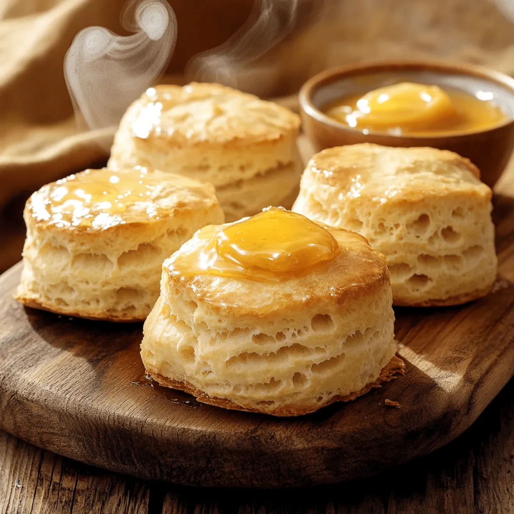 Here’s what you need for making honey butter biscuits: - 2 cups all-purpose flour - 1 tablespoon baking powder - 1/2 teaspoon baking soda - 1/4 teaspoon salt - 1/4 cup unsalted butter, cold and cubed - 3/4 cup buttermilk - 1/4 cup honey - 2 tablespoons unsalted butter, melted (for brushing) These ingredients create soft, sweet biscuits with a golden crust. The cold butter gives them a flaky texture. Buttermilk adds richness and flavor. Honey sweetens the dough and makes it special. Get ready to enjoy these warm biscuits, perfect with honey butter. You can find the Full Recipe for detailed steps to make them at home. 1. Preheat oven and prepare baking sheet: Start by setting your oven to 425°F (220°C). Line a baking sheet with parchment paper. This helps the biscuits not stick. 2. Mix dry ingredients thoroughly: In a big bowl, whisk together 2 cups of flour, 1 tablespoon of baking powder, 1/2 teaspoon of baking soda, and 1/4 teaspoon of salt. Make sure they are well combined. 3. Incorporate butter into flour mixture: Add 1/4 cup of cold, cubed butter to the dry mix. Use a pastry cutter or your fingers to cut the butter into the flour. You want it to look like coarse crumbs. 1. Create a well in the dry mix: Make a small well in the center of your dry ingredients. This is where the wet stuff will go. 2. Gently combine buttermilk and honey: Pour 3/4 cup of buttermilk and 1/4 cup of honey into the well. Stir gently with a spatula until just combined. Be careful not to overmix. 1. Knead and form the dough: Turn the dough out onto a lightly floured surface. Gently knead it 3-4 times until it comes together. Pat it into a rectangle that is about 1 inch thick. 2. Cut out biscuits and arrange on sheet: Use a floured biscuit cutter or a glass to cut out your biscuits. Place them on the prepared baking sheet. Leave a little space between each biscuit. 1. Brush with melted butter and bake: Brush the tops of your biscuits with 2 tablespoons of melted butter. Bake them in the oven for 12-15 minutes until they are golden brown. 2. Prepare honey butter dip: While the biscuits bake, mix the remaining honey with a tablespoon of softened butter in a small bowl. This will be your honey butter dip. Enjoy your warm, fluffy honey butter biscuits straight from the oven! For the full recipe, check the detailed instructions above. To make fluffy honey butter biscuits, start with cold butter. Cold butter helps the biscuits rise. It creates little pockets of air that make them light and fluffy. Cut the butter into the flour quickly. Use your hands or a pastry cutter to break it into small bits. Do not overmix the dough. Mix just until the wet and dry ingredients come together. Overmixing can make the biscuits tough. You want a tender texture, so handle the dough gently. Oven temperature is key. Preheat your oven to 425°F (220°C) for the best results. A hot oven helps the biscuits rise quickly. This gives them a nice golden color. To check for doneness, look for a golden brown top. You can also gently tap the bottom of a biscuit. If it sounds hollow, it’s ready. You can serve honey butter biscuits in many ways. They are great for breakfast or as a side dish. You can spread honey butter on top for a sweet treat. Pair them with fried chicken, soups, or salads. They add a warm touch to any meal. For the full recipe, check out Honey Butter Biscuits 🥞. {{image_2}} You can make your honey butter biscuits even better. Try adding cheese for a tasty twist. Cheddar or pepper jack work great. Just mix in about a cup of shredded cheese before adding the wet ingredients. The cheese melts and adds a rich flavor that pairs well with honey. Another option is to infuse the biscuits with herbs. Fresh rosemary or thyme can elevate your dish. Simply chop a tablespoon of fresh herbs and mix them into the dry ingredients. This adds a fragrant note that surprises your taste buds. If you need to go gluten-free, don’t worry! You can use gluten-free all-purpose flour. Brands like Bob's Red Mill or King Arthur Flour are great choices. They usually have a blend of flours that works well in baking. When you switch flours, you might need to adjust the baking powder. Start with the same amount but test the dough. If it feels too dry, add a splash more buttermilk until it feels right. You can also change the sweetener in your honey butter biscuits. Maple syrup or agave nectar works well in place of honey. Use the same amount, but keep in mind that these sweeteners are often thinner. This means you may need to reduce the buttermilk slightly to keep the dough balanced. If you want to use a sugar substitute, choose one that's meant for baking. Xylitol or erythritol can work nicely. Just follow the package instructions for the right amount. Adjust your liquids as needed to keep the dough from becoming too wet. To store your leftover honey butter biscuits, place them in an airtight container. This helps keep them moist. You can also wrap them in plastic wrap for extra protection. They stay fresh in the fridge for about 2-3 days. If you notice any dryness, just warm them up a bit before serving. To freeze baked biscuits, let them cool completely. Then, wrap each biscuit in plastic wrap. Place them in a freezer bag or container. They will stay good for up to 2 months. When you want to enjoy them, simply reheat them in the oven at 350°F (175°C) for about 10-15 minutes. This keeps them soft and tasty. Check for signs of spoilage before eating. If the biscuits have mold or an off smell, it's best to toss them. To keep them fresh, avoid leaving them out at room temperature for too long. Store them in the fridge or freezer as needed. This will help you enjoy your honey butter biscuits longer. Can I make these biscuits without buttermilk? Yes, you can. Use regular milk or yogurt. Add a splash of vinegar or lemon juice. This will mimic buttermilk's tangy taste. How do I make honey butter from scratch? It’s easy! Just mix softened butter with honey. Use a fork or whisk. Aim for a smooth, creamy texture. You can adjust the honey amount to taste. Can I use a different sweetener? Yes, feel free to try maple syrup or agave nectar. Each option will give a unique taste. Adjust the amount based on your preference. Why did my biscuits not rise? Your baking powder may be old. Check the expiration date. Also, ensure the oven is preheated. Cold butter can prevent rising, so keep it cold. How can I make my biscuits more flavorful? Add herbs like rosemary or thyme. Cheese also adds great flavor. Or, try spices such as garlic powder or paprika for a twist. What can I substitute for unsalted butter? Coconut oil works well. Use the same amount but soften it first. You can also use margarine, but the taste will change slightly. How do I adjust the recipe for fewer servings? Simply halve the ingredients. For example, use 1 cup of flour and 3/8 cup of buttermilk. Adjust baking time if needed, watching closely as they bake. You can create fluffy and delicious honey butter biscuits with these simple steps. We covered ingredients, preparation, and tips for success. Remember to use cold butter and avoid overmixing. Variations let you play with flavors, making it fun for everyone. Store your leftovers properly to keep them fresh longer. Whether for breakfast or dinner, these biscuits are a hit. With all this info, you are ready to bake some and enjoy!