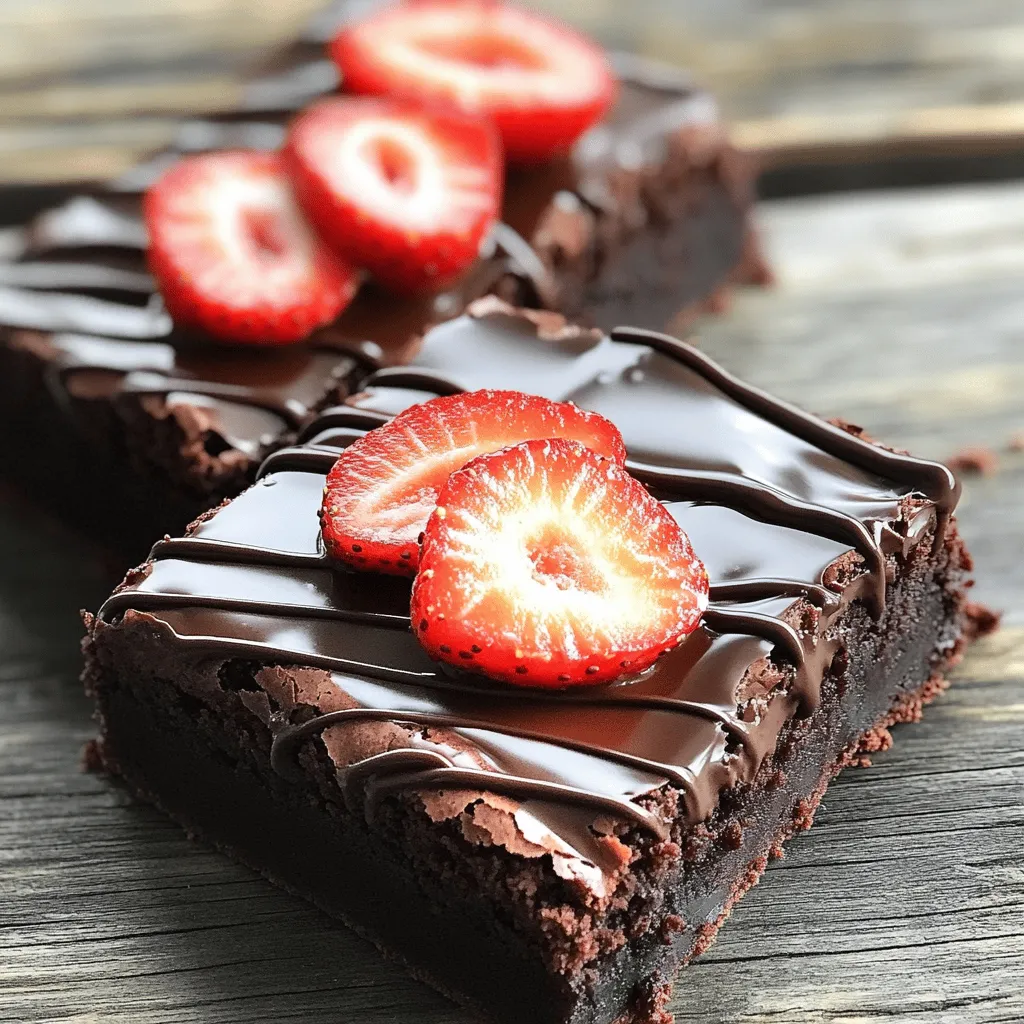 To create these tasty chocolate covered strawberry brownies, gather the following items: - 1 cup unsalted butter, melted - 1 cup granulated sugar - 1 cup brown sugar, packed - 4 large eggs - 1 teaspoon vanilla extract - 1 cup all-purpose flour - 1 cup unsweetened cocoa powder - 1/2 teaspoon salt - 1 cup semi-sweet chocolate chips - 1 cup fresh strawberries, hulled and sliced - 1/2 cup dark chocolate for melting (for topping) - Additional strawberries for garnish Each ingredient plays a key role. The butter and sugars create a rich base. Eggs add moisture and help the brownies rise. Cocoa powder gives that deep chocolate flavor. Strawberries bring a fresh twist and a burst of sweetness. Finally, the dark chocolate drizzle makes the brownies irresistible. For the full recipe, check out the detailed instructions above. - Preheat oven to 350°F (175°C). - Prepare your baking pan by greasing it or lining it with parchment paper. - In a large bowl, combine melted butter, granulated sugar, and brown sugar. - Whisk the mixture until it is smooth and well-combined. - Add the eggs one at a time. - Whisk well after each addition. - Stir in the vanilla extract until it looks glossy and smooth. - In a separate bowl, sift together flour, cocoa powder, and salt. - Gradually fold this dry mixture into the wet mixture using a spatula. - Mix until no dry streaks remain. - Gently fold in the semi-sweet chocolate chips. - Be careful not to overmix; you want those chips to stay intact. - Pour the brownie batter into the prepared pan and spread it evenly. - Gently place the sliced strawberries on top, pressing them lightly into the batter. - Bake for 25-30 minutes. Check with a toothpick; it should come out with a few moist crumbs. - Allow the brownies to cool in the pan for about 15 minutes. Then, transfer them to a wire rack to cool completely. - While the brownies cool, melt the dark chocolate in a microwave-safe bowl. - Do this in 15-second intervals, stirring in between until smooth. - Once the brownies are cool, drizzle the melted chocolate over the top. - Use a fork or piping bag for an even drizzle. For the full recipe, check out the detailed instructions provided above. To make the best brownies, bake them until just set. This means the edges should be firm, while the center remains soft. Check doneness with a toothpick. If it comes out with a few moist crumbs, they are ready. Cooling time is crucial. Let them sit for at least 15 minutes in the pan. This helps them firm up and makes slicing easier. For smooth melting, chop the dark chocolate into small pieces. This helps it melt evenly. You can use a microwave, but keep the power low. Melt it in 15-second bursts, stirring in between. If you want to skip the microwave, use a heat-proof bowl over simmering water. This double boiler method gives you great control over the heat. Strawberries pair well with many flavors. Consider adding almond or orange extracts to the batter for a unique twist. You can also mix in a bit of sea salt for contrast. This enhances the chocolate and strawberry flavors. Experiment with what you like to make your brownies special. For more ideas, check the Full Recipe for inspiration. {{image_2}} If you want to make these brownies gluten-free, use almond flour or a gluten-free blend. Almond flour gives a nutty taste and moist texture. You can also try a 1-to-1 gluten-free flour mix. Just substitute it for regular flour in the recipe. Adding nuts can elevate your brownies! Chopped walnuts or pecans add crunch and flavor. You can also sprinkle some on top before baking. If you want an extra layer of fun, try using crushed cookies or sprinkles. These will enhance the texture and look. Using seasonal fruits makes the brownies even better! In spring, try raspberries or blueberries instead of strawberries. For the fall, add sliced apples or pumpkin spice. You can adjust the toppings for holidays too. Think red and green fruits for Christmas or orange slices for Halloween. Store your chocolate covered strawberry brownies at room temperature. Use an airtight container. This keeps them fresh for up to four days. Avoid storing them in humid areas. Ideal humidity is low to prevent sogginess. To freeze brownies, first let them cool completely. Cut them into squares. Wrap each square in plastic wrap. Then place them in a freezer-safe bag. They can last up to three months in the freezer. When ready to eat, thaw them in the fridge overnight. Use glass or plastic containers with tight lids. These containers help keep the brownies moist. Avoid metal containers, as they may affect the taste. Always label your containers with the date. This way, you'll know when to enjoy them! For the full recipe, check out the complete guide. Yes, you can make these brownies ahead of time. Bake the brownies and let them cool completely. Cover them tightly with plastic wrap or store them in an airtight container. They will stay fresh for up to three days at room temperature. To serve later, simply reheat them in the microwave for a few seconds. This will bring back their soft texture. If you want a vegan option, you can substitute eggs with applesauce. Use 1/4 cup of unsweetened applesauce for each egg. You can also try flaxseed meal. Mix 1 tablespoon of flaxseed meal with 2.5 tablespoons of water. Let it sit for five minutes before adding it to the batter. This will help bind the ingredients together. To keep your brownies moist, do not overbake them. Check for doneness by inserting a toothpick. It should come out with a few moist crumbs, not clean. You can also add an extra tablespoon of butter to the batter. This adds richness and helps retain moisture. These brownies are great on their own but pair well with ice cream or whipped cream. Vanilla ice cream adds a nice contrast to the rich chocolate. For drinks, try a glass of cold milk or a cup of coffee. Both enhance the flavors and make a perfect match for these brownies. In this post, we explored the key ingredients and steps to make delicious chocolate-covered strawberry brownies. We also shared tips for perfect texture, variations to try, and storage methods. With these insights, you can create tasty brownies that impress everyone. Baking is fun, and these brownies will surely be a hit! Enjoy experimenting and making this treat your own.