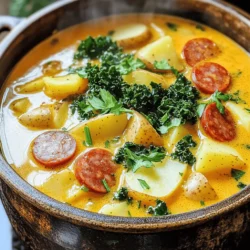 When making Kielbasa Potato Soup, you need simple, fresh ingredients. Here’s what you’ll need: - 1 pound kielbasa, sliced - 4 medium potatoes, peeled and diced - 1 large onion, chopped - 3 cloves garlic, minced - 4 cups chicken broth (low sodium) - 1 cup heavy cream - 1 cup corn kernels (fresh or frozen) - 2 cups kale or spinach, roughly chopped - 2 tablespoons olive oil - 1 teaspoon smoked paprika - 1/2 teaspoon thyme - Salt and pepper to taste - Fresh parsley for garnish These ingredients create a hearty and comforting dish. The kielbasa adds a rich, smoky flavor. The potatoes make it filling, while the greens provide freshness. Don't forget to check out the Full Recipe for detailed cooking steps! First, grab a large pot. Heat two tablespoons of olive oil over medium heat. Add one pound of sliced kielbasa. Cook it for about 5-7 minutes. You want it to brown nicely. This step adds a smoky flavor to your soup. Once it's browned, remove it from the pot and set it aside. In the same pot, toss in one large chopped onion. Cook for 3-4 minutes until it turns translucent. Stir in three minced garlic cloves. Cook for another minute. You should smell that lovely aroma filling the kitchen. Next, add four peeled and diced potatoes to the pot. Sprinkle in one teaspoon of smoked paprika and half a teaspoon of thyme. Stir well to mix everything together. Cook for about two minutes. This step boosts the flavor profile of your soup. Now, pour in four cups of low-sodium chicken broth. Bring it to a boil. Once boiling, reduce the heat to a simmer. Cook for 15-20 minutes, or until the potatoes are tender. This is where the magic happens, as the flavors meld together. After the potatoes are tender, add one cup of corn kernels. Then, return the sautéed kielbasa to the pot. Cook for an additional 5 minutes. This gives the corn time to warm up and blend with the other ingredients. Stir in one cup of heavy cream and two cups of roughly chopped kale or spinach. Heat through for another 2-3 minutes. The greens will wilt and add color. This also makes the soup creamy and rich. Finally, season your soup with salt and pepper to taste. Adjust the flavors to your liking. Once seasoned, your delicious Kielbasa Potato Soup is ready to serve. For a nice touch, garnish with fresh parsley before serving. For the full recipe, refer to the earlier section. Enjoy your warm and comforting bowl of soup! Adjusting Seasoning Preference You can control the taste by adding salt and pepper. Start with a little, then taste. If you want more flavor, add smoked paprika or thyme. These spices really enhance the soup's taste. Choosing the Right Kielbasa Not all kielbasa is the same. Look for one that is smoked for a richer flavor. Some brands offer spicy options too. Pick what you like best to match your taste. Variations in Creaminess For a creamier soup, add more heavy cream. You can also use milk if you want it lighter. Mixing in some sour cream right before serving gives a nice tang. Tips for Sautéing Sauté the kielbasa until it’s golden brown. This adds flavor. Use medium heat to cook slowly. If the pot gets too hot, the meat might burn. How to Avoid Overcooking Potatoes Cut the potatoes into even pieces. This helps them cook uniformly. Once they are tender, reduce heat. Keep an eye on them to avoid mushy potatoes. Recommended Side Dishes This soup pairs well with crusty bread or a fresh salad. A side of pickles can add a nice crunch and flavor. Best Pairing Wines For wine, choose a light white like Sauvignon Blanc. Its crispness balances the soup's richness well. If you prefer red, go for a light Pinot Noir. {{image_2}} Using Different Sausages You can swap kielbasa for other sausages. Try andouille for a spicy kick. Chicken sausage is a lighter choice. Each sausage will change the soup's flavor. Don't hesitate to experiment! Cream Alternatives For a lighter soup, replace heavy cream with half-and-half or whole milk. You can also use coconut milk for a dairy-free version. This adds a subtle sweetness and flavor twist. Each option keeps the dish creamy and satisfying. Winter Comfort Versions In winter, add root vegetables like carrots and parsnips. They add warmth and texture. You can also toss in some beans for extra protein. This makes the soup heartier and perfect for cold nights. Light Spring Suggestions For a spring dish, use fresh herbs like dill or parsley. Replace kale with lighter greens like arugula. You can also add peas for a burst of color and sweetness. This keeps the dish bright and fresh. For full details, check out the [Full Recipe]. Refrigeration Tips After serving, let the soup cool for about 30 minutes. Transfer it to an airtight container. Store it in the fridge for up to 3 days. Always label your container with the date. This way, you know when to use it. Freezing Guidelines To freeze the soup, let it cool completely first. Use freezer-safe bags or containers. Leave some space at the top since the soup will expand. It can last in the freezer for up to 3 months. Thaw it overnight in the fridge before reheating. Best Methods for Quick Reheating For quick reheating, microwave the soup in a bowl. Heat for 1-2 minutes, stirring halfway through. If you prefer the stovetop, pour it into a pot. Heat over medium-low heat, stirring often. Add a splash of broth if it thickens too much. Enjoy your cozy bowl of Kielbasa Potato Soup again! Can I make this soup in advance? Yes, you can make this soup in advance. In fact, the flavors blend better over time. Just let it cool and store it in an airtight container. When you reheat, add a splash of broth for creaminess. What can I use instead of kielbasa? You can use any smoked sausage or even turkey sausage. If you want a vegetarian option, try using mushrooms or a plant-based sausage. Each option will give a different taste but still be tasty. How long does Kielbasa Potato Soup last in the fridge? This soup lasts about 3 to 4 days in the fridge. Store it in a sealed container to keep it fresh. Always check for any signs of spoilage before eating. Is this soup healthy? Yes, it can be healthy! It has protein from the kielbasa and many nutrients from the potatoes and greens. You can make it even healthier by using low-fat cream or skipping it altogether. Caloric Breakdown A serving of Kielbasa Potato Soup has roughly 350 to 400 calories. This may vary based on the ingredients you choose. Key Nutritional Benefits - Kielbasa: Good source of protein and iron. - Potatoes: Rich in vitamins and fiber. - Greens: Great for vitamins A and C. - Cream: Adds calcium but can be high in fat. For the full recipe, check out the Smoky Kielbasa Potato Soup. It’s delicious and comforting! This blog post covers the essentials to make a tasty Kielbasa Potato Soup. You learned about the key ingredients, preparation steps, and useful tips for perfect flavor. I shared ways to customize the soup and how to store leftovers effectively. Comfort food doesn't need to be complicated. Enjoy experimenting with variations and serving suggestions. With this guide, you can make a hearty, satisfying dish that your family will love time and again. Happy cooking!