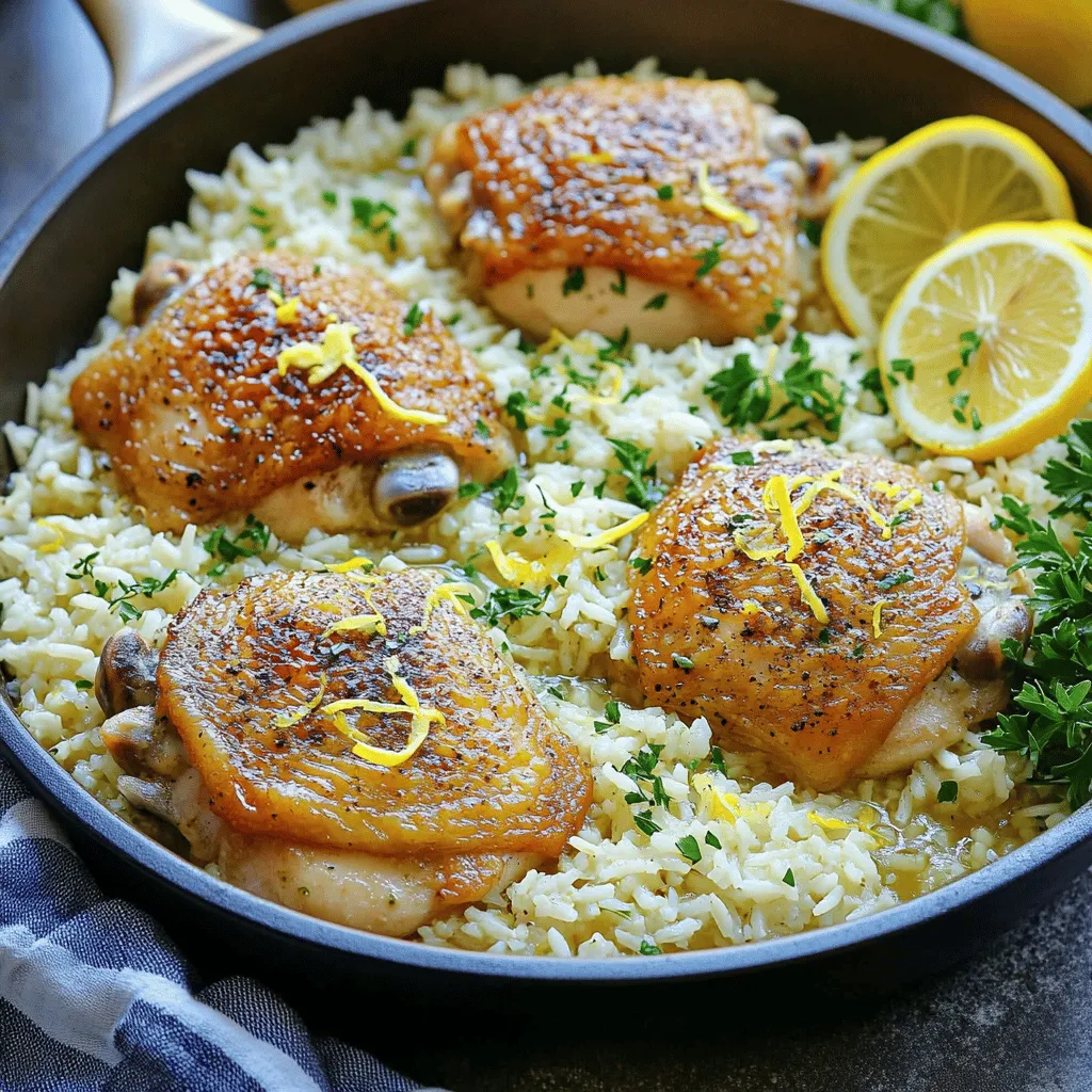 - 4 boneless, skinless chicken thighs - 1 cup long-grain white rice - 2 cups chicken broth - 1 medium onion, finely chopped - 3 cloves garlic, minced - Zest and juice of 1 lemon - 1 teaspoon dried oregano - 1 teaspoon dried thyme - Salt and pepper to taste - 1 tablespoon olive oil - Fresh parsley, chopped (for garnish) Gather these ingredients before you start cooking. Each item plays a key role in making this dish flavorful. The chicken thighs give a juicy base. Rice absorbs all the flavors, making it tasty. Onions and garlic add depth to the dish. Lemon zest and juice brighten the flavors. Using fresh herbs, like parsley, adds a nice touch when you serve the meal. This simple list ensures that your One-Pan Lemon Herb Chicken and Rice is easy to prepare yet full of flavor. For a detailed guide, check the Full Recipe. - Heat the olive oil in a large skillet over medium-high heat. - Season the chicken thighs with salt, pepper, oregano, and thyme. - Sear the chicken thighs for about 5-6 minutes on each side. They should be golden brown. - In the same skillet, add the chopped onion. Cook for about 3-4 minutes until soft. - Stir in the minced garlic and cook for another minute. This brings out its strong flavor. - Add the rice to the skillet. Mix it well and let it soak up the flavors for about 2 minutes. - Pour in the chicken broth, lemon zest, and lemon juice. Stir well to mix everything. - Return the seared chicken thighs to the skillet, nestling them into the rice. Bring the mixture to a gentle simmer. - Cover the skillet with a lid. Reduce the heat to low and cook for 20-25 minutes. This helps the rice become tender. - After cooking, remove from heat and let it rest for 5 minutes. This allows the flavors to settle. - Fluff the rice with a fork and garnish with fresh parsley before serving. Check out the Full Recipe for all the details! - Adjusting heat for perfect rice texture: Start with medium-high heat to sear the chicken. After adding the rice and broth, lower the heat. This helps the rice cook evenly and absorb flavors without burning. - How to achieve golden-brown chicken: Pat the chicken dry before seasoning. This helps it brown nicely. Sear on medium-high heat for 5-6 minutes per side until golden. - Adding fresh herbs for extra flavor: You can boost taste by adding fresh herbs. Try thyme or parsley. They add a bright taste that makes the dish pop. - Incorporating vegetables like peas or carrots: Mix in peas or diced carrots for color and nutrition. Add them when the rice is nearly done. They will stay crisp and vibrant. - Serving suggestions for a rustic look: Serve the dish right from the pan. It looks cozy and inviting. You can also use a large platter for a family-style meal. - Creative garnishing ideas: Garnish with extra lemon slices and chopped parsley. This adds a fresh look and a pop of color. You can even drizzle a bit of olive oil on top for shine. For the full recipe, check out the One-Pan Lemon Herb Chicken and Rice. {{image_2}} You can easily change the protein in this dish. If you prefer chicken breasts, swap them for the thighs. Breasts cook quickly and keep the dish light. If you want something different, use shrimp. Just add it in the last few minutes of cooking. Shrimp cooks fast, so be careful not to overdo it. For a vegetarian option, try tofu. Press and cube firm tofu, then sauté it until golden before adding it to the rice. This adds texture and a nice flavor. Not a fan of white rice? No problem! You can use jasmine rice for a floral note. It pairs well with the lemon and herbs. Brown rice is another choice. It takes longer to cook but brings more fiber and nutrients. If you want something low-carb, try quinoa. It cooks quickly and adds a nutty flavor. Quinoa also soaks up the tasty broth well. Herbs can change the whole feel of the dish. Instead of oregano and thyme, try basil and parsley for an Italian touch. For a Mexican twist, use cilantro and cumin. You can also add spices like paprika or curry powder. This adds a warm depth to the flavors. Experimenting with these variations keeps the meal exciting and fresh. Dive into the full recipe to explore all the options! To keep your One-Pan Lemon Herb Chicken and Rice fresh, follow these steps: - Let the dish cool to room temperature before storing. - Use an airtight container to avoid moisture loss. - Store in the fridge for up to three days. If you want to save it for longer: - Place the cooled dish in a freezer-safe container. - Use freezer bags for better space-saving options. - Freeze for up to three months for best quality. To reheat your chicken and rice, I recommend these methods: - Use the microwave for quick reheating. - Place leftovers in a skillet over low heat for even warming. To avoid soggy rice: - Add a splash of chicken broth or water before reheating. - Stir gently while heating to keep the rice fluffy. In the fridge, your dish lasts about three days. Check for spoilage signs, such as: - Off smell or unusual texture. - Mold or discoloration on the rice or chicken. By following these tips, you can enjoy your One-Pan Lemon Herb Chicken and Rice even days after cooking. It’s a great way to save time and reduce waste! For the full recipe, refer back to the earlier sections. You can pair this dish with simple sides. Here are some great options: - Steamed broccoli - Roasted carrots - Mixed green salad - Garlic bread These sides add color and flavor. They also balance the meal well. A fresh salad adds crunch, while roasted veggies bring sweetness. Yes, you can prep this dish ahead. Here are some tips: - Cook the chicken and rice as directed. - Let it cool down completely. - Store it in an airtight container. You can keep it in the fridge for up to 3 days. When ready to eat, just reheat it gently. The total time for this dish is about 40 minutes. Here’s the breakdown: - Prep time: 10 minutes - Cook time: 25 minutes - Resting time: 5 minutes This timing makes it a quick and easy meal for busy days. Yes, you can use a slow cooker for this dish. Here’s how: - Sear the chicken first on the stove. - Add all the ingredients to the slow cooker. - Cook on low for 4-6 hours. This method makes it even easier to enjoy this tasty meal. For more details, check the Full Recipe. This blog post covered a simple, tasty recipe for One-Pan Lemon Herb Chicken and Rice. You learned about the key ingredients, step-by-step cooking instructions, and helpful tips. I shared variations to make the dish your own and explained proper storage methods. With this knowledge, you can impress your family and friends. Enjoy the process of making this dish while adding your favorite twists! Cooking should be fun and rewarding, and this recipe is a great start.