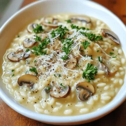 To make a delicious creamy mushroom risotto, you need some key ingredients. Here’s what you should gather: - 1 cup Arborio rice - 4 cups vegetable broth - 2 cups mixed mushrooms (like cremini, shiitake, and button), sliced - 1 small onion, finely chopped - 2 cloves garlic, minced - ½ cup heavy cream - ½ cup grated Parmesan cheese - 2 tablespoons olive oil - 2 tablespoons butter - Salt and pepper to taste These ingredients work together to create a rich, creamy dish. Arborio rice is important because it absorbs liquid well. The mushrooms add depth and umami flavor. While the essential ingredients are a must, you can add some optional ones for extra flavor: - A splash of white wine for acidity - Fresh herbs like thyme or rosemary for aroma - A pinch of nutmeg for warmth - Lemon zest for brightness These optional ingredients can elevate the dish. They add layers of taste that make your risotto even more special. To make your creamy mushroom risotto look appealing, garnishes are key. Here are some ideas: - Fresh parsley, chopped - Extra grated Parmesan cheese - A few sautéed mushroom slices - Truffle oil for a luxurious touch Garnishing your risotto not only enhances the look but also adds flavor. A sprinkle of parsley gives a fresh pop of color. Adding sautéed mushrooms on top makes it inviting and delicious. For the full recipe, check out the details above. Start by heating the vegetable broth in a saucepan. Keep it on low heat. This keeps the broth warm and ready for the risotto. Warm broth helps the rice cook evenly. In a large skillet, heat olive oil and one tablespoon of butter over medium heat. Add the finely chopped onion. Cook it for about five minutes or until it turns translucent. Then, add minced garlic and sliced mushrooms. Sauté them until the mushrooms are tender and golden brown, which takes about seven to eight minutes. Season the mixture with salt and pepper to taste. This step adds great flavor to your risotto. Now, stir in the Arborio rice. Toast the rice for one to two minutes until it becomes slightly translucent. Begin adding the warm vegetable broth, one ladleful at a time. Stir continuously while the rice absorbs the broth. Wait until most of the liquid is absorbed before adding more. This process should take about 18 to 20 minutes. The rice should end up creamy and al dente. Once the rice is cooked, lower the heat. Stir in the heavy cream and the remaining tablespoon of butter. Mix until it is combined and creamy. Remove from heat and add the grated Parmesan cheese. Adjust the seasoning with salt and pepper if needed. Let the risotto sit for a few minutes to thicken. For serving, use shallow bowls. Garnish with fresh parsley and extra Parmesan on top. You can also add some sautéed mushrooms on the side for extra flair. Enjoy your creamy mushroom risotto! For the full recipe, check out the details above. To get that rich, creamy texture, start with Arborio rice. This rice has a high starch content. It helps create the creaminess you want. Always add warm broth slowly. Stir the rice often; this releases more starch. When the rice is al dente, mix in the heavy cream and Parmesan. This adds extra creaminess and flavor. One common mistake is adding too much broth at once. This can make the risotto soupy. Also, don't skip the stirring; it’s key to the texture. Another mistake is not using enough salt. Proper seasoning makes a big difference. Lastly, don’t rush the cooking time. Good risotto takes patience! You will need a few key tools to make great risotto. A heavy-bottomed skillet helps heat evenly. A wooden spoon is best for stirring. Use a ladle to add broth slowly. A good-quality vegetable broth is essential for flavor. Lastly, don’t forget a measuring cup for the rice and broth. Check out the Full Recipe for all the details. {{image_2}} You can easily add proteins to your creamy mushroom risotto. Chicken or shrimp works great. For chicken, use diced, cooked chicken breast. Add it when you stir in the cream and cheese. For shrimp, sauté them in the skillet before adding the mushrooms. They cook fast and add a nice touch. This makes the dish heartier and adds extra flavor. For a vegetarian twist, simply skip the meat. Use vegetable broth and add more veggies. Spinach, peas, or asparagus can brighten the dish. If you want a vegan version, replace the cream with coconut cream. Use nutritional yeast instead of Parmesan for a cheesy flavor. This keeps the dish rich without dairy. Herbs and spices can take your risotto to the next level. Fresh thyme or rosemary pairs well with mushrooms. Just add a teaspoon while sautéing the onions. You can also add a pinch of nutmeg for warmth. A splash of white wine can deepen the flavors too. Experiment with different herbs to find your favorite mix. For the full recipe, check out the detailed instructions above. To store leftover risotto, first let it cool down. Place it in an airtight container. You can keep it in the fridge for up to three days. Make sure to label the container with the date. This way, you won't forget when you made it. When you are ready to eat your risotto again, add a splash of broth or water. This helps it regain its creamy texture. Heat it on low in a saucepan, stirring gently. You can also use the microwave if you prefer. Just cover the bowl with a damp paper towel to keep it moist. If you want to freeze your risotto, do it right after it cools. Use freezer-safe bags or containers. Make sure to remove as much air as possible. Frozen risotto can last up to three months. When you’re ready to enjoy it, thaw it in the fridge overnight and reheat as mentioned above. You’ll still have a tasty meal ready to eat! For the full recipe, check out the Creamy Mushroom Risotto section above. The best rice for risotto is Arborio rice. This rice has a high starch content. That starch gives risotto its creamy texture. You can also use Carnaroli or Vialone Nano rice. These types work well too and create a nice creaminess. Cooking risotto takes about 18 to 20 minutes. You will need to stir it often. This helps the rice absorb the broth and release starch. The goal is creamy, al dente rice. Keep the broth warm to speed up cooking. You can prepare risotto ahead of time, but it may not be as creamy. If you do, store it in the fridge. Reheat with a little broth or water. Stir well to bring back the creaminess. It’s best to serve risotto fresh, but reheating is fine. If you lack Arborio rice, use another short-grain rice. Sushi rice is a good choice. It has similar starch and can create creaminess. You can also choose medium-grain rice or even quinoa for a twist. Just keep an eye on cooking time and liquid needed. For the full recipe, check out the Creamy Mushroom Risotto section! In this blog post, I covered all you need to know for creamy mushroom risotto. We explored essential and optional ingredients, cooking steps, and helpful tips for success. I also shared delicious variations and how to store leftovers. Remember, perfect risotto needs the right rice and patience. With these easy steps, you can create a dish that impresses. Enjoy experimenting with flavors and textures. Your friends and family will love your homemade risotto!