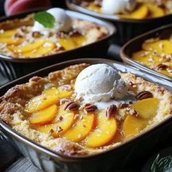- 2 cans sliced peaches in syrup - 1 box yellow cake mix - 1 cup unsalted butter - Ground cinnamon and nutmeg - Brown sugar and pecans (optional) The main ingredients for Peach Cobbler Dump Cake are simple. You start with two cans of sliced peaches in syrup. These peaches give a sweet and juicy base. Next, grab a box of yellow cake mix. This mix makes the cake quick and easy. You will also need one cup of unsalted butter. It adds richness to the cake. Ground cinnamon and nutmeg bring warm flavors. Adding brown sugar and pecans is optional, but they make the dish even better. If you want to switch things up, you can use other fruits. Try canned cherries or blueberries for a new twist. You can also use fresh fruit if you prefer. For a gluten-free option, look for a gluten-free cake mix. Many brands make great mixes that taste just as good. When serving, pair the dump cake with vanilla ice cream. The cold ice cream melts into the warm cake, creating a tasty treat. You can also garnish with whipped cream for extra flair. Adding a fresh mint leaf on top makes it look pretty, too. Serve it in rustic bowls to show off those beautiful layers. For an extra touch, sprinkle some chopped pecans on top before serving. If you want the full recipe, check out the details above. - Preheat your oven to 350°F (175°C). - Drain the syrup from the canned peaches. - Spread the peaches evenly in a 9x13 inch baking dish. - In a bowl, mix ground cinnamon, nutmeg, and brown sugar. - Sprinkle this mixture over the peaches. - Next, pour the yellow cake mix on top. - Make sure to cover the peaches well without mixing them. - Drizzle melted butter evenly over the cake mix. - If you want a crunch, add chopped pecans on top. - Bake in the oven for 40-45 minutes. - Check if the top is golden brown and bubbly. - Let it cool slightly before serving. - Serve warm with vanilla ice cream for a tasty treat. For the full recipe, check the other sections! To make sure your Peach Cobbler Dump Cake bakes evenly, spread the peaches well. This helps the fruit cook through. If you use fresh peaches, slice them thinly. Fresh peaches add a bright taste. Canned peaches are easier and still tasty. Just be sure to drain them well. You want a crispy top on your cake. To get this, spread the cake mix evenly. Drizzle melted butter all over it. This helps it crisp and not get soggy. For a balanced sweetness, add cinnamon and nutmeg. These spices enhance the peach flavor without overpowering it. If your dump cake is too soggy, check your peaches. Make sure they are well-drained. You can also bake it a bit longer. For high altitudes, you may need to adjust your bake time. Start checking for doneness a few minutes early. This helps ensure a perfect bake every time. {{image_2}} You can easily switch up the flavors in your Peach Cobbler Dump Cake. Adding berries is one tasty option. Blueberries or raspberries pair well with peaches. They add a nice burst of flavor and color. Another fun idea is to add coconut or almond flavors. A splash of coconut extract will give it a tropical twist. Almond extract can also enhance the cake's taste in a unique way. For those who follow a vegan diet, you can make simple swaps. Use a vegan butter substitute instead of regular butter. For the cake mix, look for vegan options at the store. This way, you keep your dessert plant-based! If you have nut allergies, leave out the pecans. You can still enjoy the dish without them. Try using seeds like sunflower seeds for a crunchy texture instead. Serving Peach Cobbler Dump Cake can be fun! You can create a parfait by layering it with yogurt. Add some fresh fruit in between layers for a healthy twist. Transforming it into individual servings is another great idea. Use small ramekins to bake single portions. This makes serving easy and looks pretty on the table. For more details, check the Full Recipe. To keep your Peach Cobbler Dump Cake fresh, store leftovers in an airtight container. Make sure the cake cools completely before sealing it. This helps keep moisture in and prevents drying out. If you don’t have a container, wrap it tightly in plastic wrap. Use a deep dish to avoid squishing the cake. To reheat your dump cake, the oven works best. Preheat it to 350°F (175°C). Place the cake in the oven for about 15 minutes. This method keeps the top crispy and warms the fruit. If you’re in a hurry, the microwave is an option. Heat it for 30 seconds, but check often. It can become soggy quickly in the microwave. You can freeze Peach Cobbler Dump Cake for later enjoyment. Cut it into portions and wrap each piece in plastic wrap. Then, place the wrapped pieces in a freezer-safe bag. This keeps the cake fresh for up to three months. To thaw, place it in the fridge overnight. You can also heat it straight from the freezer. Just add a few extra minutes to your oven time. What can I use instead of yellow cake mix? You can use white cake mix or vanilla cake mix. Both will work well. If you want a different flavor, try chocolate cake mix for a fun twist. Can I make this recipe ahead of time? Yes, you can prepare the Peach Cobbler Dump Cake ahead. Just cover it and store it in the fridge. Bake it when you’re ready to serve. How long does Peach Cobbler Dump Cake last? It lasts about 3 to 4 days in the fridge. Be sure to cover it well to keep it fresh. Can I halve the recipe for smaller servings? Absolutely! Halving the recipe is easy. Use a smaller baking dish and adjust the cooking time. Is it necessary to use butter? Butter adds flavor and richness. If you need a substitute, try using coconut oil or margarine. What if I don’t have pecans? No worries! You can skip the pecans or use walnuts instead. You can also leave out nuts entirely if you prefer. For the complete recipe, check out the Full Recipe section. This blog post covered how to make a delicious Peach Cobbler Dump Cake. You learned about the main ingredients and great substitutions. We explored preparation steps, baking tips, and ways to enjoy this treat. I shared different variations and how to store leftovers. Remember, you can adjust the recipe to fit your taste. With easy steps and creative ideas, this dessert can become a family favorite. Enjoy baking and sharing your Peach Cobbler Dump Cake creations!