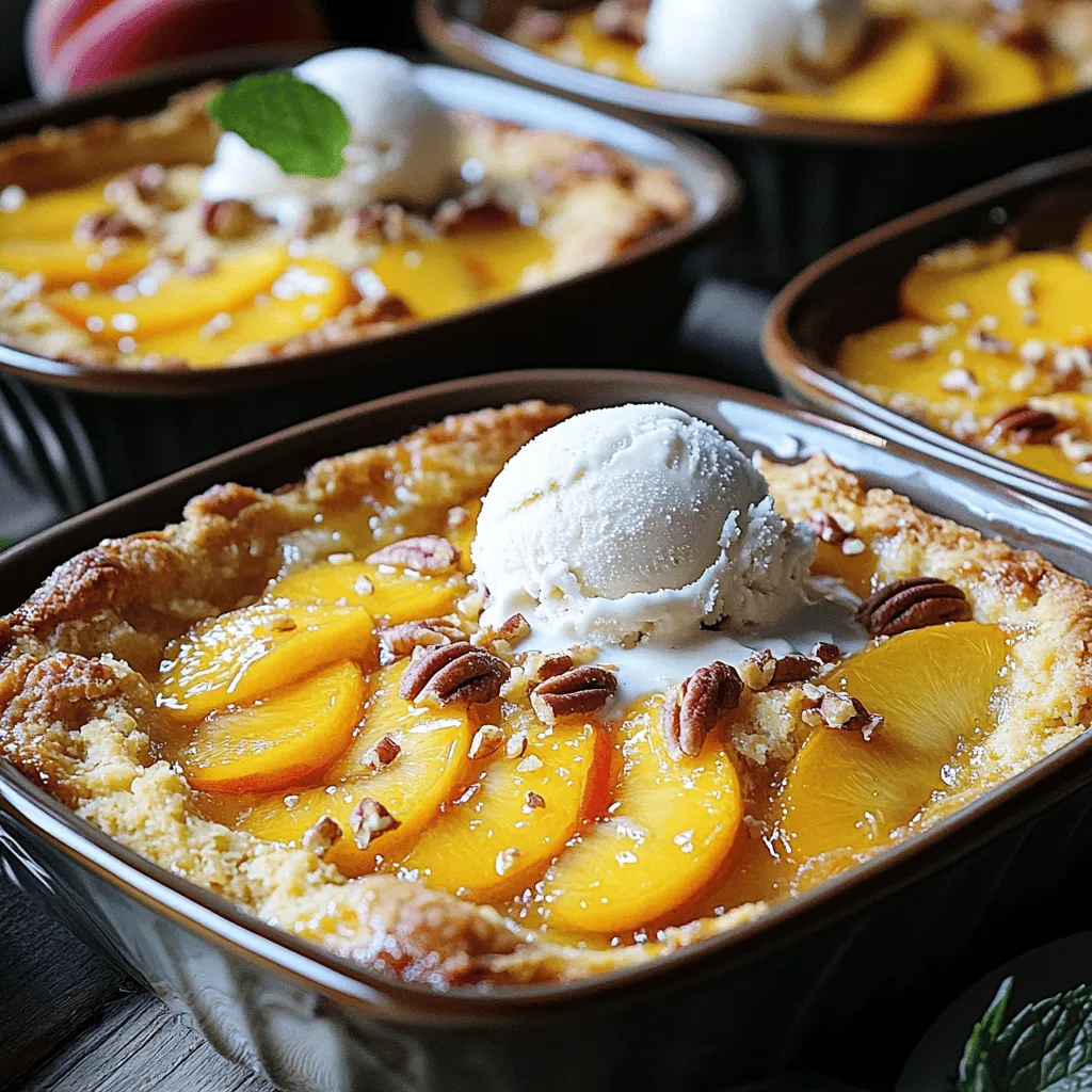- 2 cans sliced peaches in syrup - 1 box yellow cake mix - 1 cup unsalted butter - Ground cinnamon and nutmeg - Brown sugar and pecans (optional) The main ingredients for Peach Cobbler Dump Cake are simple. You start with two cans of sliced peaches in syrup. These peaches give a sweet and juicy base. Next, grab a box of yellow cake mix. This mix makes the cake quick and easy. You will also need one cup of unsalted butter. It adds richness to the cake. Ground cinnamon and nutmeg bring warm flavors. Adding brown sugar and pecans is optional, but they make the dish even better. If you want to switch things up, you can use other fruits. Try canned cherries or blueberries for a new twist. You can also use fresh fruit if you prefer. For a gluten-free option, look for a gluten-free cake mix. Many brands make great mixes that taste just as good. When serving, pair the dump cake with vanilla ice cream. The cold ice cream melts into the warm cake, creating a tasty treat. You can also garnish with whipped cream for extra flair. Adding a fresh mint leaf on top makes it look pretty, too. Serve it in rustic bowls to show off those beautiful layers. For an extra touch, sprinkle some chopped pecans on top before serving. If you want the full recipe, check out the details above. - Preheat your oven to 350°F (175°C). - Drain the syrup from the canned peaches. - Spread the peaches evenly in a 9x13 inch baking dish. - In a bowl, mix ground cinnamon, nutmeg, and brown sugar. - Sprinkle this mixture over the peaches. - Next, pour the yellow cake mix on top. - Make sure to cover the peaches well without mixing them. - Drizzle melted butter evenly over the cake mix. - If you want a crunch, add chopped pecans on top. - Bake in the oven for 40-45 minutes. - Check if the top is golden brown and bubbly. - Let it cool slightly before serving. - Serve warm with vanilla ice cream for a tasty treat. For the full recipe, check the other sections! To make sure your Peach Cobbler Dump Cake bakes evenly, spread the peaches well. This helps the fruit cook through. If you use fresh peaches, slice them thinly. Fresh peaches add a bright taste. Canned peaches are easier and still tasty. Just be sure to drain them well. You want a crispy top on your cake. To get this, spread the cake mix evenly. Drizzle melted butter all over it. This helps it crisp and not get soggy. For a balanced sweetness, add cinnamon and nutmeg. These spices enhance the peach flavor without overpowering it. If your dump cake is too soggy, check your peaches. Make sure they are well-drained. You can also bake it a bit longer. For high altitudes, you may need to adjust your bake time. Start checking for doneness a few minutes early. This helps ensure a perfect bake every time. {{image_2}} You can easily switch up the flavors in your Peach Cobbler Dump Cake. Adding berries is one tasty option. Blueberries or raspberries pair well with peaches. They add a nice burst of flavor and color. Another fun idea is to add coconut or almond flavors. A splash of coconut extract will give it a tropical twist. Almond extract can also enhance the cake's taste in a unique way. For those who follow a vegan diet, you can make simple swaps. Use a vegan butter substitute instead of regular butter. For the cake mix, look for vegan options at the store. This way, you keep your dessert plant-based! If you have nut allergies, leave out the pecans. You can still enjoy the dish without them. Try using seeds like sunflower seeds for a crunchy texture instead. Serving Peach Cobbler Dump Cake can be fun! You can create a parfait by layering it with yogurt. Add some fresh fruit in between layers for a healthy twist. Transforming it into individual servings is another great idea. Use small ramekins to bake single portions. This makes serving easy and looks pretty on the table. For more details, check the Full Recipe. To keep your Peach Cobbler Dump Cake fresh, store leftovers in an airtight container. Make sure the cake cools completely before sealing it. This helps keep moisture in and prevents drying out. If you don’t have a container, wrap it tightly in plastic wrap. Use a deep dish to avoid squishing the cake. To reheat your dump cake, the oven works best. Preheat it to 350°F (175°C). Place the cake in the oven for about 15 minutes. This method keeps the top crispy and warms the fruit. If you’re in a hurry, the microwave is an option. Heat it for 30 seconds, but check often. It can become soggy quickly in the microwave. You can freeze Peach Cobbler Dump Cake for later enjoyment. Cut it into portions and wrap each piece in plastic wrap. Then, place the wrapped pieces in a freezer-safe bag. This keeps the cake fresh for up to three months. To thaw, place it in the fridge overnight. You can also heat it straight from the freezer. Just add a few extra minutes to your oven time. What can I use instead of yellow cake mix? You can use white cake mix or vanilla cake mix. Both will work well. If you want a different flavor, try chocolate cake mix for a fun twist. Can I make this recipe ahead of time? Yes, you can prepare the Peach Cobbler Dump Cake ahead. Just cover it and store it in the fridge. Bake it when you’re ready to serve. How long does Peach Cobbler Dump Cake last? It lasts about 3 to 4 days in the fridge. Be sure to cover it well to keep it fresh. Can I halve the recipe for smaller servings? Absolutely! Halving the recipe is easy. Use a smaller baking dish and adjust the cooking time. Is it necessary to use butter? Butter adds flavor and richness. If you need a substitute, try using coconut oil or margarine. What if I don’t have pecans? No worries! You can skip the pecans or use walnuts instead. You can also leave out nuts entirely if you prefer. For the complete recipe, check out the Full Recipe section. This blog post covered how to make a delicious Peach Cobbler Dump Cake. You learned about the main ingredients and great substitutions. We explored preparation steps, baking tips, and ways to enjoy this treat. I shared different variations and how to store leftovers. Remember, you can adjust the recipe to fit your taste. With easy steps and creative ideas, this dessert can become a family favorite. Enjoy baking and sharing your Peach Cobbler Dump Cake creations!