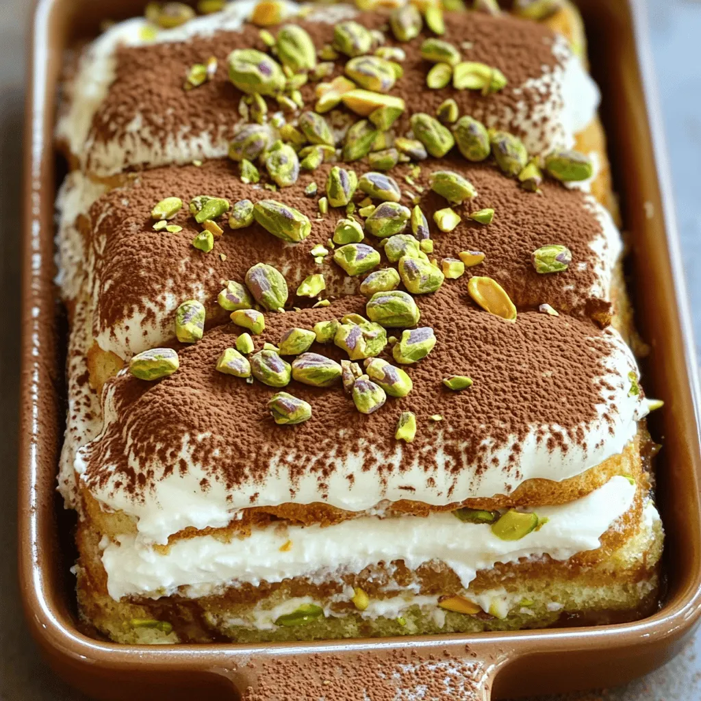 To make a tasty pistachio tiramisu, you need the right ingredients. Here’s what you will use: - 1 cup pistachio nuts, shelled and finely ground - 1 cup mascarpone cheese - 1 cup heavy whipping cream - 1/2 cup powdered sugar - 1 cup brewed espresso, cooled to room temperature - 1 teaspoon vanilla extract - 1 package ladyfinger cookies (savoiardi) - 2 tablespoons cocoa powder (for dusting) - Extra crushed pistachios (for garnish) These ingredients create a rich flavor and a creamy texture. The pistachios add a unique twist to the classic tiramisu. You can change things up with a few optional ingredients. Here are some ideas: - Almond extract instead of vanilla extract - A splash of coffee liqueur for extra flavor - Chopped chocolate or cocoa nibs for texture - Different nuts like hazelnuts or walnuts Feel free to mix and match these options. They can give your dessert a new taste. Not every ingredient is a must. You can swap some items based on your needs: - Use cream cheese if you can't find mascarpone. - Substitute whipped cream with Cool Whip for ease. - Try strong brewed tea instead of espresso for a lighter kick. - Use gluten-free ladyfingers if you need a gluten-free option. These substitutions keep your pistachio tiramisu delicious and fun to make. Check the Full Recipe for more details on how to put it all together! To start, gather your tools and ingredients. First, take your finely ground pistachios, mascarpone cheese, and powdered sugar. In a mixing bowl, combine these ingredients. Mix until smooth. This step is important for flavor. The pistachios should blend well with the cheese, creating a rich base. Next, grab another bowl for the cream. Pour in the heavy whipping cream and add the vanilla extract. Use a mixer to whip the cream until stiff peaks form. Be careful not to overwhip. Overwhipping can make the cream grainy. You want it fluffy and light. This will add a nice texture to your dessert. Now comes the fun part—assembling your tiramisu! First, prepare your espresso in a shallow dish. Dip each ladyfinger quickly into the cooled espresso. Make sure they soak up some moisture without getting soggy. Place a layer of soaked ladyfingers in a rectangular dish. Spread half of the pistachio mixture over the ladyfingers. Repeat this step with another layer of ladyfingers and finish with the remaining pistachio cream on top. Cover your dish with plastic wrap and refrigerate it for at least 4 hours. For the best flavor, let it chill overnight. This allows the flavors to meld together. When you’re ready to serve, dust the top with cocoa powder. Add extra crushed pistachios for garnish. This step makes your dessert look beautiful and inviting. Enjoy your delightful pistachio tiramisu! For more detailed instructions, check out the Full Recipe. To make a light and fluffy filling, start with cold ingredients. Cold mascarpone cheese and heavy cream whip better. When you mix the cream into the pistachio blend, be gentle. Use a rubber spatula to fold the cream. This keeps air in the mixture. Overmixing will make it dense. You want a soft, airy filling that holds its shape. The key to a great pistachio tiramisu lies in the ladyfingers. Dip each ladyfinger in cooled espresso quickly. Just a few seconds is enough. If you soak them too long, they become soggy. You want them moist but firm. Arrange the dipped ladyfingers in a single layer. This helps the layers stack well without collapsing. For a stunning presentation, dust the top with cocoa powder just before serving. Use a fine sieve for an even coat. This adds a nice contrast to the green pistachio cream. Garnish with extra crushed pistachios for a pop of color and texture. Serve in clear glasses or a rectangular dish for visual appeal. The layers should be visible and enticing. Enjoy this delightful dessert with friends and family! Check out the Full Recipe for more details. {{image_2}} You can make a gluten-free version of pistachio tiramisu. Simply swap ladyfingers with gluten-free cookies. Look for cookies made with almond flour or coconut flour. They add unique flavors and keep the dessert light. While pistachios shine, other flavors work too. Try using hazelnuts for a nutty twist. Almonds can add a delightful crunch. For a fruity note, consider adding orange zest. This brightens the taste and adds freshness. You can also mix in a bit of chocolate for a rich and sweet touch. You may want to change the sweetness of your tiramisu. If you prefer less sugar, reduce the powdered sugar in the pistachio mix. Use a natural sweetener like honey or maple syrup if you need a healthier option. Remember to taste as you go. This lets you find the perfect balance for your dessert. For the full recipe, check out the instructions and ingredients list. Enjoy your creative journey with this delightful dessert! To keep your pistachio tiramisu fresh, store leftovers in the fridge. Use an airtight container to prevent it from absorbing other smells. It’s best to eat it within three days for the best taste and texture. If you want to save it longer, try freezing it. You can freeze pistachio tiramisu for up to three months. Cut it into portions for easy thawing. Wrap each piece tightly in plastic wrap and then place them in a freezer-safe bag. This helps keep the flavors intact. When ready to eat, let it thaw in the fridge overnight. Tiramisu is best served cold, so you don’t need to reheat it. Simply take it out of the fridge and enjoy. If it seems a bit firm after freezing, let it sit at room temperature for about 15 minutes before serving. This way, all those delicious flavors shine through. For the full recipe, check out the previous sections. Tiramisu comes from Italy. The name means "pick me up." It has layers of coffee-soaked ladyfingers and creamy filling. This dessert became popular in the 1980s. It has roots in the Veneto region. Cooks used mascarpone cheese and espresso to create this treat. Yes, you can make Pistachio Tiramisu ahead of time. In fact, it tastes better after chilling. Make it a day before serving to let the flavors mix. Just be sure to cover it well in the fridge. This keeps it fresh and tasty until you serve. You can store Pistachio Tiramisu for about 3 days in the fridge. Keep it covered to avoid drying out. After three days, its taste and texture may change. It’s best when fresh, but it can last for a short time. You can use other nuts if you like. Almonds and walnuts are great options. Just make sure to finely chop or grind them. This keeps the texture nice and smooth. Adjust the amount to match your taste. You may even try a mix of nuts for a unique flavor. This blog post covered how to make pistachio tiramisu, step by step. We explored key and optional ingredients, along with ingredient swaps. You learned how to prepare the mixture and assemble the dessert, plus tips for light filling and presentation. We also shared variations, storage info, and answered common questions. Pistachio tiramisu is fun to make and share. With a little practice, you can impress anyone with this delicious treat. Enjoy making your own unique version!