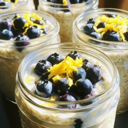 - 1 cup rolled oats - 1 tablespoon chia seeds - 1 ½ cups almond milk (or any milk of choice) - 1 tablespoon maple syrup (optional, for sweetness) - Zest of 1 lemon - 1 tablespoon freshly squeezed lemon juice - 1 cup fresh blueberries (plus extra for topping) - ½ teaspoon vanilla extract - Pinch of salt To make blueberry lemon overnight oats, you need fresh and simple ingredients. Rolled oats give a hearty base. Chia seeds add nutrition and help thicken the mix. Almond milk keeps it dairy-free, but any milk works. Maple syrup sweetens the dish, but it’s optional. The zest and juice of a lemon provide a bright flavor that pairs well with the blueberries. Fresh blueberries are the star of this recipe. They add sweetness and color. A touch of vanilla extract enhances the flavors. Finally, a pinch of salt balances everything out. This recipe is not only delicious but also quick to prepare. You can whip it up in just ten minutes. You can find the full recipe at the end too. Enjoy making these tasty oats! 1. Mixing the dry ingredients Start by taking a medium mixing bowl. Add 1 cup of rolled oats and 1 tablespoon of chia seeds. Stir them together well. 2. Incorporating the liquid ingredients Pour 1 ½ cups of almond milk into the bowl. If you like, add 1 tablespoon of maple syrup for a touch of sweetness. Then, add the zest of 1 lemon, 1 tablespoon of freshly squeezed lemon juice, and ½ teaspoon of vanilla extract. Finally, sprinkle in a pinch of salt. Mix everything until it is smooth. 3. Adding blueberries Now it’s time to fold in 1 cup of fresh blueberries. Be gentle so you don’t mash them too much. You want those juicy berries to stay whole. 4. Portioning into containers Divide the mixture into jars or airtight containers. This recipe makes enough for two servings. Make sure to cover them well for the next step. - Soaking time requirements Let your jars sit in the fridge for at least 4 hours. For best results, soak them overnight. This helps the oats and chia seeds absorb the liquid. - Optimal overnight soaking conditions Keep the jars in the coldest part of your fridge. This ensures they stay fresh and safe to eat. - How to rehydrate if necessary In the morning, check the consistency. If it’s too thick, add a splash of almond milk to loosen it up. Stir it well to combine. - Recommended toppings Top your oats with extra blueberries and a little more lemon zest. This adds a nice pop of color and flavor. You can also sprinkle some nuts or seeds for extra crunch if you like. Choosing the right milk makes a big difference. Almond milk adds a nutty taste and creaminess. You can also use oat milk or regular milk. Each type alters the taste slightly. If you want a thicker mix, try less milk. For a creamier oat, add more. Sweetness can change how we enjoy our oats. Maple syrup gives a nice touch but is not a must. Taste as you go to find your sweet spot. Want to shake things up? Swap out blueberries for strawberries or peaches. Each fruit adds a new twist. You can also mix in spices like cinnamon or nutmeg. A pinch of these can wake up the flavor. For a tropical vibe, add coconut or pineapple. Don't be shy to explore your favorite fruits! For storage, jars work great! Glass jars keep oats fresh and are easy to grab. They let you see the layers, which is fun. You can use bowls too, but they don't seal as well. Airtight containers help keep moisture in and air out. This is key for keeping your oats tasty for days. Choose what fits your style and routine! For more details on how to make these delicious oats, check out the [Full Recipe]. {{image_2}} You can change the blueberries in this recipe. Try using strawberries, raspberries, or peaches instead. Each fruit brings its own taste and color. You can even mix different fruits for fun flavors. Seasonal fruits work great too! In summer, use fresh peaches. In fall, try apples or pears. The options are endless! If you want a dairy-free version, swap almond milk for coconut milk or oat milk. Both add a creamy texture. For gluten-free oats, make sure your oats are labeled gluten-free. This helps avoid any cross-contamination. You can still enjoy this recipe while sticking to your diet. Want an extra kick? Add a spoonful of nut butter. Almond or peanut butter pairs well with lemon. It creates a rich, nutty flavor. You can also try adding fresh herbs like mint. Mint adds a refreshing taste and looks pretty too. Mixing up flavors keeps breakfast exciting! You can store Blueberry Lemon Overnight Oats in the fridge for up to five days. They taste best within the first three days. After that, the oats may lose their texture. Signs of spoilage include a sour smell or mold. If you see any, do not eat them. Yes, you can freeze overnight oats. Freezing keeps them fresh for about three months. To freeze, place the oats in airtight containers. When you are ready to eat, take them out and thaw in the fridge overnight. This helps maintain the flavor and texture. I recommend preparing a big batch at once. Use jars or containers to keep them fresh. This makes breakfast quick and easy. For portion control, fill each jar with the same amount. This way, you have just the right serving size ready to go. You can find the full recipe for Blueberry Lemon Overnight Oats above for easy meal prep ideas. Yes, you can use quick oats. Quick oats cook faster and absorb liquid more quickly. This can make your overnight oats creamier. However, they may become mushy if soaked too long. I suggest using rolled oats for a bit more texture. Blueberry Lemon Overnight Oats last about 3 to 5 days in the fridge. Keep them in airtight containers. This helps maintain freshness and flavor. Always check for any signs of spoilage before eating. Absolutely! This recipe is nearly vegan. Just choose almond milk or any plant-based milk. Skip the maple syrup if you want it sugar-free. This way, you keep it healthy and plant-friendly! Serve your oats cold or warm. If you prefer warm, microwave them for about 30 seconds. Stir well before serving. Top with extra blueberries and a sprinkle of lemon zest for a fresh touch. Enjoy your breakfast with a smile! In this article, I showed you how to make Blueberry Lemon Overnight Oats. We covered ingredients, step-by-step instructions, and tips for perfect oats. I shared ways to customize flavors and ensure proper storage. These simple oats are not just healthy; they are also fun and versatile. Experiment with different fruits and flavors to make this recipe your own. Enjoy your delicious and easy breakfast!