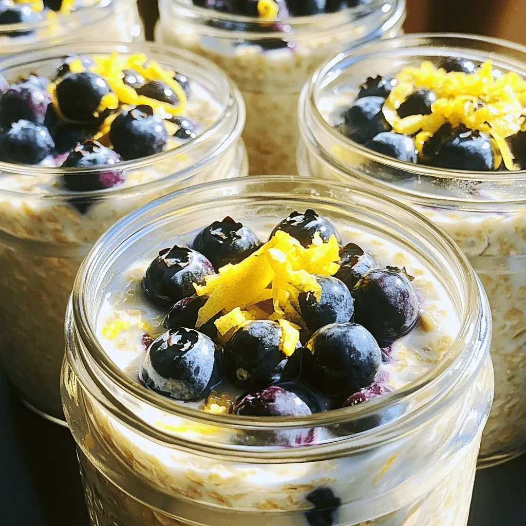 - 1 cup rolled oats - 1 tablespoon chia seeds - 1 ½ cups almond milk (or any milk of choice) - 1 tablespoon maple syrup (optional, for sweetness) - Zest of 1 lemon - 1 tablespoon freshly squeezed lemon juice - 1 cup fresh blueberries (plus extra for topping) - ½ teaspoon vanilla extract - Pinch of salt To make blueberry lemon overnight oats, you need fresh and simple ingredients. Rolled oats give a hearty base. Chia seeds add nutrition and help thicken the mix. Almond milk keeps it dairy-free, but any milk works. Maple syrup sweetens the dish, but it’s optional. The zest and juice of a lemon provide a bright flavor that pairs well with the blueberries. Fresh blueberries are the star of this recipe. They add sweetness and color. A touch of vanilla extract enhances the flavors. Finally, a pinch of salt balances everything out. This recipe is not only delicious but also quick to prepare. You can whip it up in just ten minutes. You can find the full recipe at the end too. Enjoy making these tasty oats! 1. Mixing the dry ingredients Start by taking a medium mixing bowl. Add 1 cup of rolled oats and 1 tablespoon of chia seeds. Stir them together well. 2. Incorporating the liquid ingredients Pour 1 ½ cups of almond milk into the bowl. If you like, add 1 tablespoon of maple syrup for a touch of sweetness. Then, add the zest of 1 lemon, 1 tablespoon of freshly squeezed lemon juice, and ½ teaspoon of vanilla extract. Finally, sprinkle in a pinch of salt. Mix everything until it is smooth. 3. Adding blueberries Now it’s time to fold in 1 cup of fresh blueberries. Be gentle so you don’t mash them too much. You want those juicy berries to stay whole. 4. Portioning into containers Divide the mixture into jars or airtight containers. This recipe makes enough for two servings. Make sure to cover them well for the next step. - Soaking time requirements Let your jars sit in the fridge for at least 4 hours. For best results, soak them overnight. This helps the oats and chia seeds absorb the liquid. - Optimal overnight soaking conditions Keep the jars in the coldest part of your fridge. This ensures they stay fresh and safe to eat. - How to rehydrate if necessary In the morning, check the consistency. If it’s too thick, add a splash of almond milk to loosen it up. Stir it well to combine. - Recommended toppings Top your oats with extra blueberries and a little more lemon zest. This adds a nice pop of color and flavor. You can also sprinkle some nuts or seeds for extra crunch if you like. Choosing the right milk makes a big difference. Almond milk adds a nutty taste and creaminess. You can also use oat milk or regular milk. Each type alters the taste slightly. If you want a thicker mix, try less milk. For a creamier oat, add more. Sweetness can change how we enjoy our oats. Maple syrup gives a nice touch but is not a must. Taste as you go to find your sweet spot. Want to shake things up? Swap out blueberries for strawberries or peaches. Each fruit adds a new twist. You can also mix in spices like cinnamon or nutmeg. A pinch of these can wake up the flavor. For a tropical vibe, add coconut or pineapple. Don't be shy to explore your favorite fruits! For storage, jars work great! Glass jars keep oats fresh and are easy to grab. They let you see the layers, which is fun. You can use bowls too, but they don't seal as well. Airtight containers help keep moisture in and air out. This is key for keeping your oats tasty for days. Choose what fits your style and routine! For more details on how to make these delicious oats, check out the [Full Recipe]. {{image_2}} You can change the blueberries in this recipe. Try using strawberries, raspberries, or peaches instead. Each fruit brings its own taste and color. You can even mix different fruits for fun flavors. Seasonal fruits work great too! In summer, use fresh peaches. In fall, try apples or pears. The options are endless! If you want a dairy-free version, swap almond milk for coconut milk or oat milk. Both add a creamy texture. For gluten-free oats, make sure your oats are labeled gluten-free. This helps avoid any cross-contamination. You can still enjoy this recipe while sticking to your diet. Want an extra kick? Add a spoonful of nut butter. Almond or peanut butter pairs well with lemon. It creates a rich, nutty flavor. You can also try adding fresh herbs like mint. Mint adds a refreshing taste and looks pretty too. Mixing up flavors keeps breakfast exciting! You can store Blueberry Lemon Overnight Oats in the fridge for up to five days. They taste best within the first three days. After that, the oats may lose their texture. Signs of spoilage include a sour smell or mold. If you see any, do not eat them. Yes, you can freeze overnight oats. Freezing keeps them fresh for about three months. To freeze, place the oats in airtight containers. When you are ready to eat, take them out and thaw in the fridge overnight. This helps maintain the flavor and texture. I recommend preparing a big batch at once. Use jars or containers to keep them fresh. This makes breakfast quick and easy. For portion control, fill each jar with the same amount. This way, you have just the right serving size ready to go. You can find the full recipe for Blueberry Lemon Overnight Oats above for easy meal prep ideas. Yes, you can use quick oats. Quick oats cook faster and absorb liquid more quickly. This can make your overnight oats creamier. However, they may become mushy if soaked too long. I suggest using rolled oats for a bit more texture. Blueberry Lemon Overnight Oats last about 3 to 5 days in the fridge. Keep them in airtight containers. This helps maintain freshness and flavor. Always check for any signs of spoilage before eating. Absolutely! This recipe is nearly vegan. Just choose almond milk or any plant-based milk. Skip the maple syrup if you want it sugar-free. This way, you keep it healthy and plant-friendly! Serve your oats cold or warm. If you prefer warm, microwave them for about 30 seconds. Stir well before serving. Top with extra blueberries and a sprinkle of lemon zest for a fresh touch. Enjoy your breakfast with a smile! In this article, I showed you how to make Blueberry Lemon Overnight Oats. We covered ingredients, step-by-step instructions, and tips for perfect oats. I shared ways to customize flavors and ensure proper storage. These simple oats are not just healthy; they are also fun and versatile. Experiment with different fruits and flavors to make this recipe your own. Enjoy your delicious and easy breakfast!