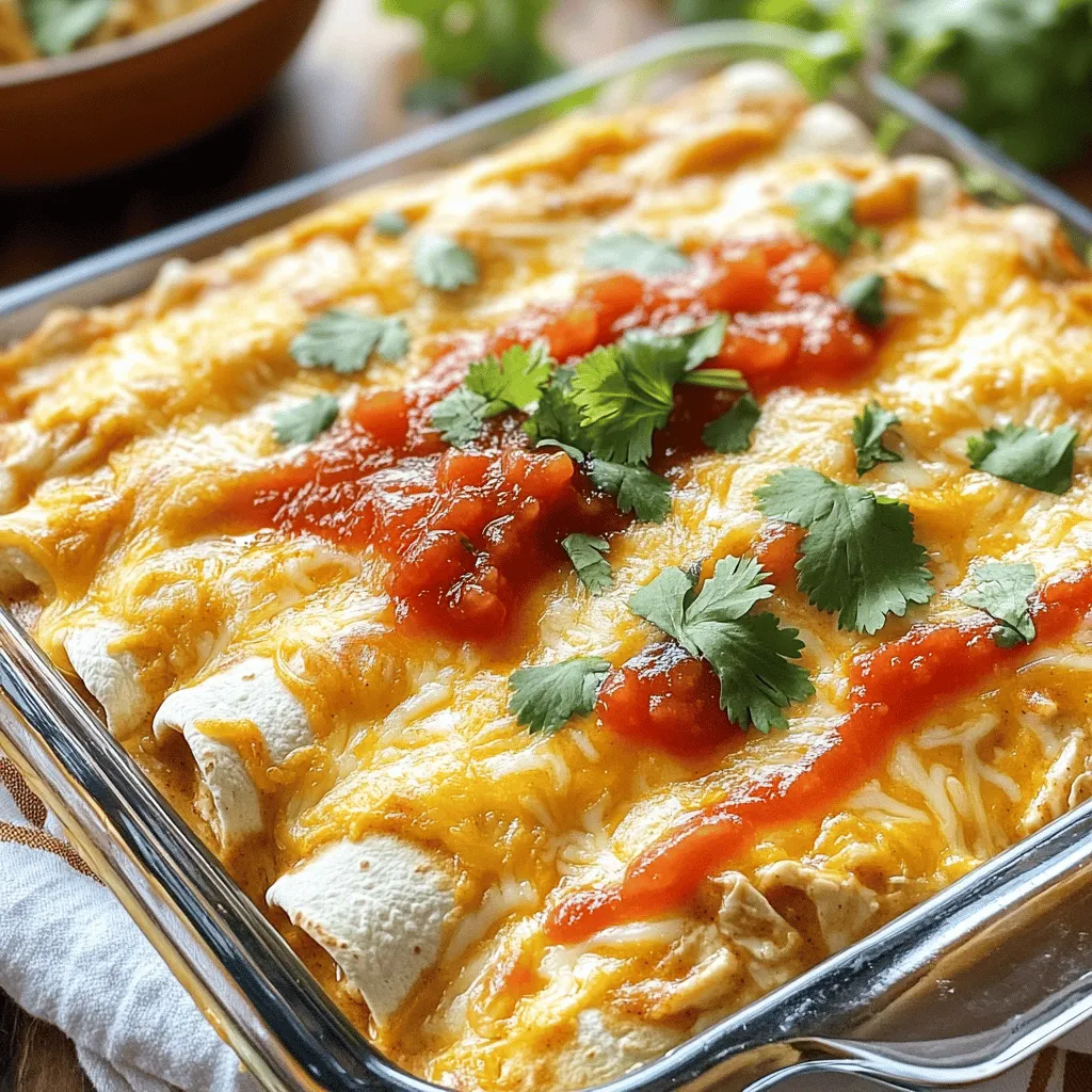 - 2 cups shredded cooked chicken - 1 cup cream cheese, softened - 1 cup shredded cheddar cheese - 1/2 cup sour cream - 1 cup salsa - 8 small tortillas For these easy cream cheese chicken enchiladas, we start with simple, tasty ingredients. The shredded cooked chicken gives the dish its protein and heartiness. I love using cream cheese for its creamy texture and rich flavor. Cheddar cheese adds a nice sharpness that blends perfectly with the other ingredients. Sour cream brings a little tang, while salsa ties everything together with its bright flavors. Finally, the tortillas wrap it all up nicely. - 1 teaspoon garlic powder - 1 teaspoon onion powder - 1/2 teaspoon cumin - 1/2 teaspoon salt - 1/4 teaspoon black pepper These seasonings enhance the flavor of the filling. Garlic powder and onion powder add depth to each bite. Cumin brings warmth, while salt and pepper balance the flavors. Every bite will burst with taste, making your enchiladas truly special. - Fresh cilantro Fresh cilantro is the perfect garnish for these enchiladas. It adds a pop of color and a fresh taste that brightens the dish. When serving, sprinkle a few cilantro leaves on top for a lovely touch. For the full recipe, be sure to check out the detailed instructions on how to bring these delicious enchiladas to life! - In a large bowl, mix the shredded chicken, cream cheese, sour cream, and spices. - Preheat your oven to 350°F (175°C) and grease a 9x13 inch baking dish. - Take a tortilla and place about 1/4 cup of the chicken mixture in the center. - Roll the tortilla tightly and place it seam-side down in the baking dish. Repeat until all tortillas are filled. - Pour salsa evenly over the rolled enchiladas. - Cover the dish with foil to keep them moist while baking. - Bake for 20 minutes, then remove the foil and bake for another 10 minutes. - Let cool for a few minutes before serving. Enjoy your delicious enchiladas! To make your enchiladas creamy, blend the cream cheese until smooth. Mixing it well with the chicken, cheddar, and sour cream helps too. This gives each bite a rich taste. For rolling tortillas without breaking, heat them slightly in the microwave. Warm tortillas are soft and easier to roll. Just 10 to 15 seconds will do the trick. These enchiladas shine with sides like rice, beans, or a fresh salad. The rice soaks up extra sauce, and the beans add protein. For toppings, try avocado slices or a dollop of sour cream. Fresh salsa and jalapeños give a nice kick too. If you need an alternative to cream cheese, Greek yogurt works well. It keeps the dish creamy while adding protein. For sour cream, you can use cottage cheese. Keep the taste light and fresh. If you want to switch up the salsa, go for mango salsa for sweetness or green salsa for heat. {{image_2}} You can change this recipe to fit your taste. For a vegetarian version, swap the chicken for black beans and add extra cheese. This gives you a creamy, cheesy bite without meat. If you like spice, add jalapeños or use a spicy salsa. This will kick up the heat and add more flavor. Both options are tasty and easy to make. You can cook these enchiladas in different ways. If you have a slow cooker, you can prepare them there. Just layer the rolled enchiladas with salsa and let them cook on low for about 4 hours. This makes the chicken super tender. For a quicker option, use an Instant Pot. Place the enchiladas in the pot with a cup of water. Cook on high pressure for 8 minutes, and you’ll have a fast meal ready. How you serve these enchiladas can change the whole meal. You can place them in a casserole dish for a family-style serving. This makes it easy for everyone to help themselves. If you want to impress, serve them in individual portions. Use small plates or bowls for a nice touch. For garnishing, sprinkle fresh cilantro on top. You can also add a dollop of sour cream or avocado slices for color and taste. These little touches make a big difference! For the full steps, check the Full Recipe. To store leftover enchiladas, use airtight containers. Glass or plastic containers work well. Make sure the enchiladas cool down before sealing. This helps keep them fresh. Place the container in the fridge. They can stay good for up to 3 days. You can freeze enchiladas either before or after baking. To freeze before baking, wrap each rolled enchilada in plastic wrap. Place them in a freezer bag or container. For freezing after baking, let them cool completely first. Then, cover with foil and place in a freezer-safe container. When you want to eat them, thaw overnight in the fridge. Bake them at 350°F (175°C) for 20-30 minutes until hot. If frozen before baking, cook them straight from the freezer. Just add about 10 more minutes to the baking time. Refrigerated enchiladas last for about 3 days. If you freeze them, they can last for up to 3 months. Just remember to date the container. This way, you know when to eat them. Enjoy your enchiladas later with great taste! Yes, rotisserie chicken works well in this recipe. It saves time and adds great flavor. Just shred the chicken before mixing it with the cream cheese and spices. This simple swap makes cooking quicker and easier. To add heat, use spicy salsa instead of mild. You can also add diced jalapeños or chili powder to the chicken mix. Start with small amounts, taste, and adjust to your liking. This way, you control the spice level. Yes, you can prepare the enchiladas ahead of time. Assemble them and cover the dish with foil. Refrigerate until ready to bake. You may need to increase the baking time if they are cold from the fridge. This makes meal prep a breeze. The best salsa depends on your taste. Mild salsa offers a balanced flavor, while spicy salsa gives a nice kick. Fresh salsa adds brightness, and homemade salsa can be even better! Choose one that fits your mood and spice level. Yes, whole wheat tortillas are a great option. They add a nutty flavor and extra fiber. Just make sure they are soft enough to roll without breaking. Whole wheat tortillas make this dish a bit healthier while still tasting great. You learned how to make delicious cream cheese chicken enchiladas. We covered key ingredients like chicken, cheeses, and spices. You saw step-by-step instructions for preparation, baking, and serving. I shared tips for texture, serving ideas, and ingredient swaps. Remember, you can also customize your enchiladas to fit your taste. Whether you like it spicy or vegetarian, the options are endless. Enjoy your cooking adventure, and share these tasty meals with others!