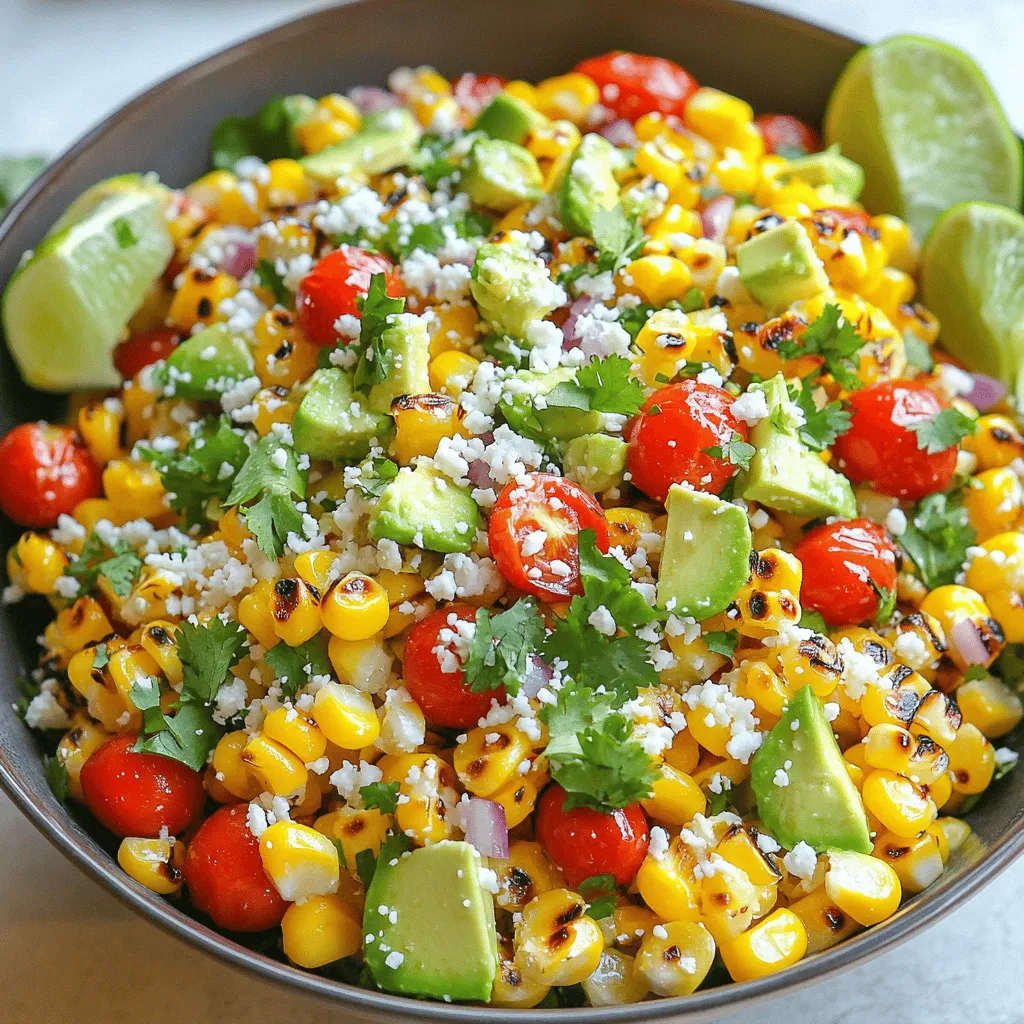 To make a vibrant Mexican street corn salad, you need fresh and tasty ingredients. Here’s what you will gather: - 4 ears of corn, husked and cleaned - 1 cup cherry tomatoes, halved - 1/2 red onion, finely diced - 1 avocado, diced - 1/2 cup cotija cheese, crumbled - 1/4 cup fresh cilantro, chopped - 1 jalapeño, finely chopped (seeds removed for less heat) - Juice of 2 limes - 2 tablespoons olive oil - 1 teaspoon chili powder - 1/2 teaspoon smoked paprika - Salt and pepper to taste Each ingredient adds a unique burst of flavor. The corn brings sweetness, while the tomatoes add juiciness. Red onion adds a sharp bite. The creamy avocado balances it all. Cotija cheese adds a salty kick. Cilantro gives freshness, and jalapeño adds just the right heat. Lime juice and olive oil create a zesty dressing. Chili powder and smoked paprika deepen the flavor profile. Check out the [Full Recipe] to see how to pull this all together! Start by grilling the corn. Preheat your grill to medium-high heat. Place the husked corn directly on the grill. Cook it for about 10 to 12 minutes. Turn the corn occasionally until it gets nice char marks and is tender. Remove the corn from the grill and let it cool slightly. Once the corn is cool enough to handle, it’s time to cut the kernels off the cob. Use a sharp knife to slice down the sides of the corn. This will give you fresh, juicy kernels for your salad. Place all the kernels into a large mixing bowl. Now, we’ll combine all the ingredients. In the bowl with the corn, add the halved cherry tomatoes, finely diced red onion, diced avocado, crumbled cotija cheese, chopped cilantro, and chopped jalapeño. Each of these ingredients adds a burst of flavor. Next, prepare the dressing. In a small bowl, whisk together the lime juice, olive oil, chili powder, smoked paprika, salt, and pepper. Mix until everything is well combined. This dressing will give your salad a zesty kick. Pour the dressing over the salad mixture. Gently toss everything together until well coated. Make sure all the ingredients are mixed evenly. Taste the salad and adjust the seasoning if needed. You can add more lime juice, salt, or pepper for extra flavor. After mixing, chill the salad in the refrigerator for at least 30 minutes. This chilling time allows the flavors to meld together beautifully. When you're ready to serve, you’ll have a refreshing and colorful Mexican Street Corn Salad to enjoy! For the full recipe, check out the details above. To make the perfect Mexican street corn salad, start by grilling the corn well. Grill the corn on medium-high heat. Turn it every few minutes for even cooking. Aim for a nice char without burning. This adds a smoky flavor that makes the dish shine. Next, seasoning is key. After mixing, taste the salad and adjust. If you want more zest, add lime juice. For extra kick, sprinkle in more chili powder or salt. This way, you make the salad just right for your taste. When serving, presentation matters. Use a large, colorful bowl to showcase the salad. Garnish with extra cilantro and a sprinkle of cotija cheese. This adds color and texture. You can also add lime wedges on the side. They offer a fresh touch and look nice. For a fun twist, serve the salad in small cups. This creates a great finger food option for gatherings. People will love the vibrant colors and flavors. Prepping ingredients ahead can save you time. Husk and clean your corn the day before. You can even grill the corn ahead and store it in the fridge. This way, assembly is quick and easy. If you need to save even more time, use canned or frozen corn. Both options work well in this salad. They cook faster and still taste great. Just drain canned corn and thaw frozen corn before mixing. This keeps your prep fast and simple. For the full recipe, check the earlier section. Enjoy making this delicious dish! {{image_2}} You can make your Mexican Street Corn Salad even more fun. Try adding spices for extra kick. Cumin gives a warm flavor. Chili flakes add heat. Both will make your salad pop. Different cheeses can change the taste too. Feta or Monterey Jack work well instead of cotija. This keeps it exciting every time you make it. Not a fan of avocado? You could use mango instead. It adds a sweet touch and bright color. If you want a different herb, swap cilantro for parsley. Parsley has a fresh taste and works great in this salad. These changes can make it your own twist on the classic. For a vegan option, look for plant-based cheese. There are many brands that taste great. This way, everyone can enjoy the salad. If you need a gluten-free version, don’t worry! All ingredients are naturally gluten-free. You can serve it without any changes. Enjoying this salad fits many diets. To keep your Mexican Street Corn Salad fresh, store it in an airtight container. This will help keep it crisp and tasty. The salad will stay fresh for about 3 days in the fridge. If you notice any browning on the avocado, simply mix it gently before serving. Can you freeze this salad? I don’t recommend it. Freezing can change the texture of the corn and avocado. If you must freeze it, place it in a freezer-safe bag and press out as much air as possible. For thawing, move it to the fridge overnight. When ready to serve, give it a good mix to restore some freshness. Got leftover ingredients? Use them in other tasty dishes! Here are some ideas: - Throw leftover corn in a quesadilla for extra flavor. - Use extra cherry tomatoes in a pasta salad. - Mix diced avocado into your morning omelet. These tips help prevent food waste and add variety to your meals. Enjoy the burst of flavor in every bite! For the full recipe, check out the [Full Recipe]. Mexican Street Corn Salad, or Elote Salad, comes from Mexico. It showcases grilled corn, fresh veggies, and bold flavors. This salad highlights sweet corn, creamy avocado, and zesty lime. You will find crumbled cotija cheese, which adds a salty touch. It balances flavors and textures beautifully. Yes, you can make this salad ahead. Just follow a few tips. Prepare the corn and mix the salad without the dressing. Store it in the fridge for up to 24 hours. When ready to serve, add the dressing. This keeps the flavors bright and fresh. To spice up your salad, add more jalapeño. Leave some seeds for extra heat. You can also sprinkle in chili powder or hot sauce. This will give your dish a bold kick. Taste as you go to find the right balance for you. Each serving of this salad has about 200 calories. It includes healthy fats from avocado and cheese. You get fiber from the corn and veggies, too. This dish is a great option for a light meal or side. It’s colorful and packed with nutrients! This blog covered a refreshing Mexican Street Corn Salad. I shared key ingredients, step-by-step cooking instructions, and tips for perfecting the dish. You learned ways to customize flavors and make substitutions. We also explored storage tips to keep leftovers fresh. In conclusion, this salad is easy to make and full of flavor. Enjoy it fresh, or adapt it to your taste. Whether for a party or a simple meal, it is sure to impress.