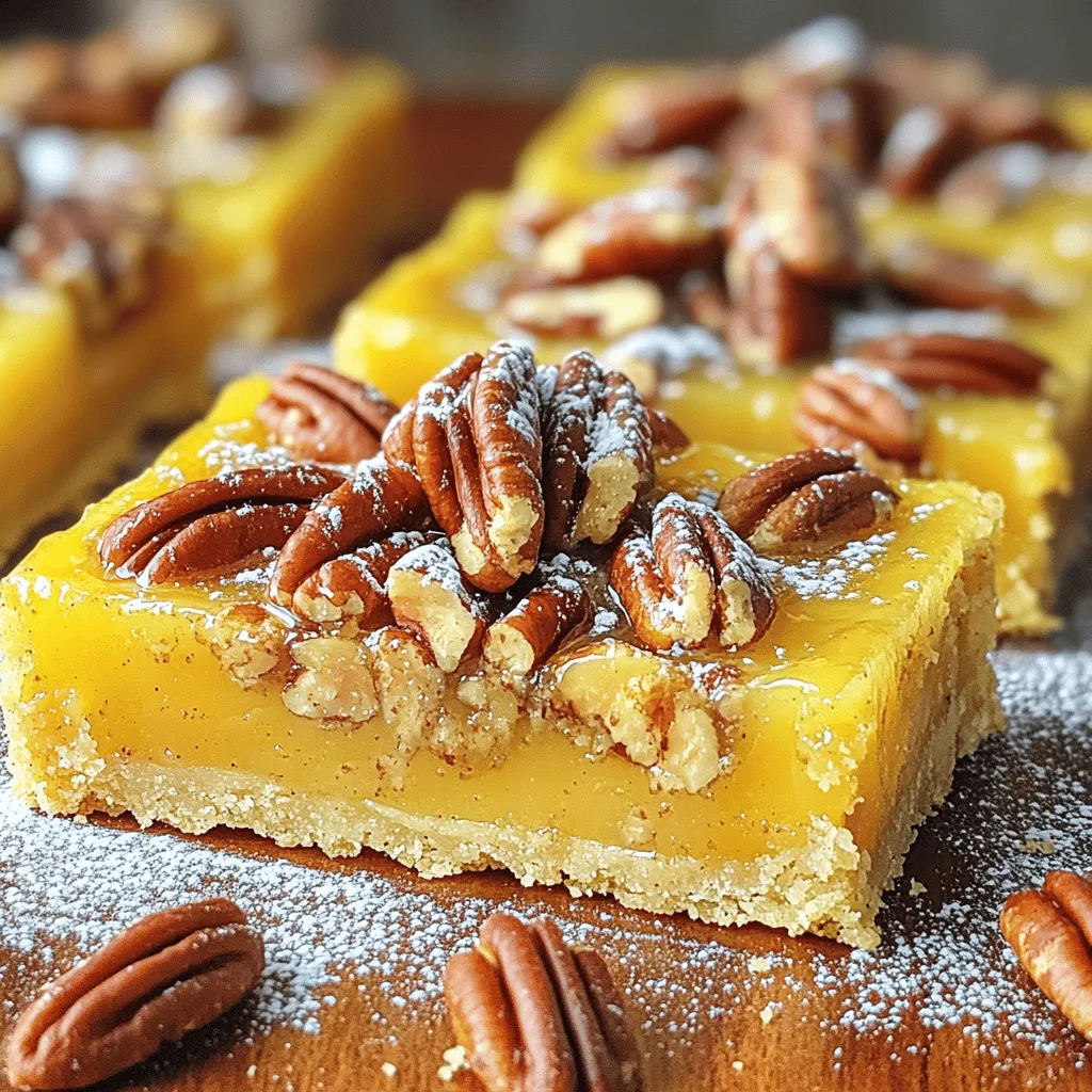 To make the Maple Pecan Pie Bars, gather these ingredients: - For the crust: - 1 cup all-purpose flour - ½ cup rolled oats - ½ cup brown sugar - ½ cup unsalted butter, melted - For the filling: - 1 cup pecans, roughly chopped - ¾ cup maple syrup - 2 large eggs - 1 teaspoon vanilla extract - ½ teaspoon salt - ½ teaspoon cinnamon - For garnish: - Powdered sugar (for dusting) - Whole pecans (for topping) These ingredients come together for a sweet and nutty treat. The crust has a nice crunch, while the filling brings all the warm flavors together. You can enjoy this recipe any time of year, but it shines during the holidays. For the complete recipe, refer to the Full Recipe section. 1. First, preheat your oven to 350°F (175°C). This step is key for even baking. 2. Next, prepare an 8-inch square baking pan. Line it with parchment paper, leaving some overhang. This makes it easy to lift the bars later. 3. Now, let’s make the crust mixture. In a medium bowl, combine: - 1 cup all-purpose flour - ½ cup rolled oats - ½ cup brown sugar - ½ cup unsalted butter, melted 4. Mix these ingredients together until they look crumbly. Use a fork or your hands if you like. 5. Press the mixture firmly into the bottom of your baking pan. This will form a solid crust. 1. Bake the crust in your preheated oven for 10 to 12 minutes. You want it to turn golden. 2. While the crust bakes, prepare the filling. In a large bowl, whisk together: - ¾ cup maple syrup - 2 large eggs - 1 teaspoon vanilla extract - ½ teaspoon salt - ½ teaspoon cinnamon 3. Mix until everything is well blended. This step helps the flavors combine. 4. Stir in 1 cup of roughly chopped pecans. Make sure they are evenly spread in the mixture. 5. Once your crust is done, remove it from the oven. Pour the pecan mixture over the hot crust. Use a spatula to spread it out evenly. 6. Return the pan to the oven. Bake for another 20 to 25 minutes until the filling is set and slightly puffed. 1. After baking, let the bars cool completely in the pan on a wire rack. This cooling time is important for the right texture. 2. When cool, lift the bars out using the parchment overhang. 3. Cut the bars into squares or rectangles. A sharp knife works best for clean cuts. 4. For an extra touch, dust the bars with powdered sugar. You can also add whole pecans on top for decoration. Serve with whipped cream for a delightful treat. This recipe is simple and rewarding. The taste of maple and pecans will surely impress you and your guests. To make a flaky crust, use cold butter. Cut it into small pieces before mixing. This helps create a light texture. Mix until the dough looks crumbly. Press the mixture firmly into the pan. This ensures a good base for your bars. If you want a twist, try using crushed graham crackers or almond flour. Both work well and add unique flavors. A shortbread crust can also be great for a sweeter taste. To elevate the filling's taste, consider adding a splash of bourbon. It pairs well with maple and pecans. You can also mix in orange zest for a fresh touch. Try adding spices like nutmeg or ginger. These can give your bars a warm flavor. A pinch of sea salt can enhance sweetness too. For a creative serving, cut your bars into fun shapes. Use cookie cutters for stars or hearts. This makes them more appealing for kids and guests. Dust the bars with powdered sugar for a lovely finish. Adding whole pecans on top can make them look fancy. Serve with whipped cream or vanilla ice cream for an indulgent treat. For the full recipe, check out the Maple Pecan Pie Bars recipe! {{image_2}} If you want to switch things up, try different nuts. Walnuts and almonds work well in this recipe. They add their own flavor and texture. You can also use seeds like sunflower or pumpkin seeds for a nut-free option. For those who follow a vegan diet, replace eggs with ground flaxseed mixed with water. This keeps the bars moist and tasty. To make your Maple Pecan Pie Bars even more special, think about adding chocolate or caramel. Drizzling melted chocolate on top can make them extra rich. You can also mix in some caramel sauce for a sweet twist. Seasonal spices like nutmeg or ginger can enhance the flavor, too. A pinch of these spices will make your bars stand out. If you need a gluten-free version, substitute the all-purpose flour with gluten-free flour. This keeps the taste but makes it safe for those with gluten allergies. For a low-sugar option, use a sugar substitute like stevia or monk fruit. This way, you can enjoy the sweetness without the extra sugar. To keep your Maple Pecan Pie Bars fresh, store them at room temperature. Place the bars in an airtight container. This helps to lock in moisture and flavor. Avoid direct sunlight or heat sources. These factors can cause the bars to dry out. For long-term storage, you can freeze your Maple Pecan Pie Bars. First, cut the bars into squares. Wrap each piece in plastic wrap. Then, place them in a freezer-safe container. This keeps them safe from freezer burn. When you're ready to eat, simply thaw them in the fridge overnight. For the best texture, enjoy them at room temperature. Maple Pecan Pie Bars can last about 3 days at room temperature. If stored in the fridge, they can stay fresh for up to a week. When frozen, they can last for about 2 months. Always check for any signs of spoilage before enjoying your treats. You want to look for a few signs. First, check the color. The top should be a nice golden brown. Next, gently shake the pan. The filling should be set but still slightly jiggly. Finally, a toothpick inserted in the center should come out clean or with just a few moist crumbs. If you see liquid sticking to it, they need more time. Bake them for an extra 5 minutes if needed. Yes, you can make Maple Pecan Pie Bars a day or two ahead of time. Just bake them, then cool completely. Once cooled, cover them tightly with plastic wrap or foil. Store them in the fridge to keep them fresh. You can also freeze them. Slice them before freezing for easy servings later. Just thaw in the fridge overnight when you're ready to enjoy. These bars pair well with a scoop of vanilla ice cream. The cold creaminess balances the sweet bars perfectly. You might also try whipped cream on top for extra indulgence. For drinks, serve them with hot coffee or a warm spiced cider. These beverages enhance the flavors in the bars and make a lovely dessert experience. In this article, we explored how to make delicious Maple Pecan Pie Bars. You learned about the ingredients, step-by-step baking instructions, and helpful tips for perfecting the crust and enhancing flavor. We also discussed storage methods and answered common questions. These bars are easy to customize and great for any occasion. Enjoy making them your own and delight your family and friends. Happy baking!