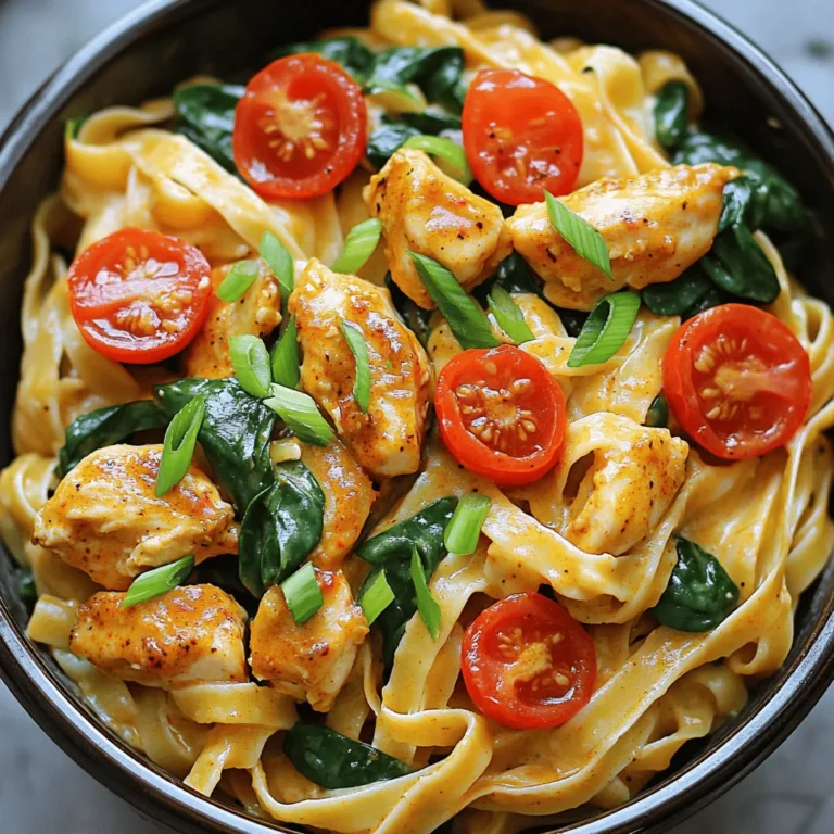 To make Creamy Cajun Chicken Pasta, gather these items: - 8 oz fettuccine pasta - 2 tablespoons olive oil - 1 pound boneless, skinless chicken breasts, cut into bite-sized pieces - 1 tablespoon Cajun seasoning - 1 teaspoon garlic powder - 1 teaspoon onion powder - 1/2 teaspoon smoked paprika - Salt and pepper to taste - 1 cup heavy cream - 1 cup grated Parmesan cheese - 1 cup cherry tomatoes, halved - 2 cups fresh spinach - 2 green onions, sliced (for garnish) For this recipe, measuring is key. Use a kitchen scale for chicken. It helps with accuracy. A standard measuring cup works well for liquids like cream and cheese. When you season, start with less. You can always add more if needed. Don’t have everything? No problem! Here are some easy swaps: - Use penne or rotini instead of fettuccine. - Swap olive oil for butter for a richer flavor. - If you can't find Cajun seasoning, mix equal parts paprika and cayenne. - For a lighter dish, use half-and-half instead of heavy cream. - You can replace spinach with kale for more nutrients. - If you need a dairy-free option, use coconut cream and nutritional yeast. Feel free to mix and match based on what you like or have at home. Enjoy crafting your personalized version of this dish! Check out the Full Recipe for all the steps to make this delicious meal. Start by boiling water in a large pot. Add salt to the water. This helps flavor the pasta. Once the water boils, add 8 oz of fettuccine. Cook it according to the package instructions. You want it to be al dente. This means it should be firm to bite. When it’s ready, drain the pasta. Save about half a cup of the pasta water for later. Grab a large skillet and heat 2 tablespoons of olive oil over medium heat. Add 1 pound of chicken pieces to the skillet. Sprinkle on 1 tablespoon of Cajun seasoning, 1 teaspoon of garlic powder, 1 teaspoon of onion powder, and 1/2 teaspoon of smoked paprika. Season with salt and pepper to taste. Cook the chicken for about 5-7 minutes. It should be browned and cooked through. Once the chicken is cooked, reduce the heat to low. Pour in 1 cup of heavy cream. Stir it well to mix with the chicken. Let it simmer for about 2-3 minutes. This thickens the sauce slightly. Then, gradually whisk in 1 cup of grated Parmesan cheese. Keep stirring until it melts and becomes creamy. Next, add in the halved cherry tomatoes and 2 cups of fresh spinach to the skillet. Cook until the spinach wilts. If the sauce seems too thick, add small amounts of the reserved pasta water. Keep adding until you reach your desired consistency. Finally, toss the drained fettuccine into the skillet. Mix until the pasta is fully coated in the creamy sauce. Plate the pasta and make it look nice. Garnish with sliced green onions on top. You can also add extra Parmesan if you want. This adds a nice touch. Enjoy your creamy Cajun chicken pasta! For the full recipe, check out the earlier section. To get the right texture, start with the cream. Use heavy cream for a rich sauce. Heat it slowly with the chicken for the best flavor. If your sauce gets too thick, add some reserved pasta water. This will help make it creamy without being heavy. Stir well to blend all flavors. For easy meal prep, cook the pasta and chicken ahead of time. Store them separately in the fridge. You can mix everything right before serving. This helps keep the pasta from getting soggy. Make sure to save some cheese and veggies to add freshness when you reheat. If you need to serve more people, just double the recipe. Use a large pot for the pasta and a big skillet for the chicken. Keep the cooking times the same for best results. You want everyone to enjoy this creamy dish. It’s simple to scale up while keeping the flavors intact. For the detailed recipe, check out the Full Recipe. {{image_2}} You can adjust the heat level in this dish. If you love spice, add extra Cajun seasoning. You can also use hotter peppers or hot sauce. For a milder dish, reduce the Cajun seasoning. You can also skip the spicy ingredients altogether. This way, you can enjoy the creamy flavor without the heat. If you want a meat-free version, replace chicken with hearty veggies. Try mushrooms, bell peppers, or zucchini. Cook the veggies in olive oil until soft. For protein, add chickpeas or tofu. Use vegetable broth instead of chicken for added flavor. This makes a rich and satisfying meal without meat. For a gluten-free option, choose gluten-free pasta. Many brands offer great substitutes that taste good. You can also use spiralized veggies like zucchini or squash. These add texture and flavor while keeping it light. Just adjust cooking time to ensure everything cooks well. Enjoy a delicious meal that fits your diet! To keep your creamy Cajun chicken pasta fresh, store it in an airtight container. Let the pasta cool first. Once cool, add it to the container and seal it tightly. Place it in the fridge. This way, it can last for up to three days. It’s important to avoid letting it sit out for too long. Bacteria can grow if left at room temperature. Reheating is simple. You can use the microwave or a skillet. If using a microwave, place the pasta in a bowl. Add a splash of water or cream to keep it moist. Heat it in short bursts, stirring in between. If you prefer a skillet, heat it over medium-low heat. Stir often and add a bit of water if it gets too thick. This method helps to keep the sauce creamy. If you want to freeze the pasta, do it before adding spinach and cheese. Cook the pasta and chicken as usual, then let everything cool down. Place it in a freezer-safe container. It can last for up to two months in the freezer. When you’re ready to eat, thaw it in the fridge overnight. Reheat it on the stove, adding the spinach and cheese right before serving. This keeps the flavors fresh and tasty. For the full recipe, check the details above. Cajun seasoning is a mix of spices with bold flavors. It often includes paprika, cayenne pepper, garlic powder, and onion powder. This blend adds heat and depth. You can find it in most grocery stores. Make sure to check the label for a blend that suits your taste. Yes, you can use other pasta types. Penne, rigatoni, or even gluten-free options work well. Each shape holds the creamy sauce nicely. Just remember to adjust the cooking time based on the pasta you choose. To make this dish dairy-free, swap the heavy cream for a plant-based cream. Use coconut cream or cashew cream as great options. For cheese, try nutritional yeast or a dairy-free cheese alternative. This keeps the flavor while being kind to your stomach. This pasta pairs well with a fresh green salad. You can also serve garlic bread or roasted vegetables. These sides add balance to the meal and make it even more enjoyable. To turn up the heat, add more Cajun seasoning. You can also include red pepper flakes or sliced jalapeños. Adjust the spice to your liking. Just remember, a little goes a long way when it comes to heat. For the complete recipe, check the Full Recipe section. This blog post gave you a clear guide on making Creamy Cajun Chicken Pasta. We covered the ingredients, cooking steps, and tips to ensure a great meal. Remember, you can tweak the recipe with substitutions or variations to suit your taste. Whether cooking for one or many, proper storage and reheating will keep your dish fresh. Now, you're ready to enjoy a tasty meal that everyone will love! Keep experimenting and have fun in the kitchen.