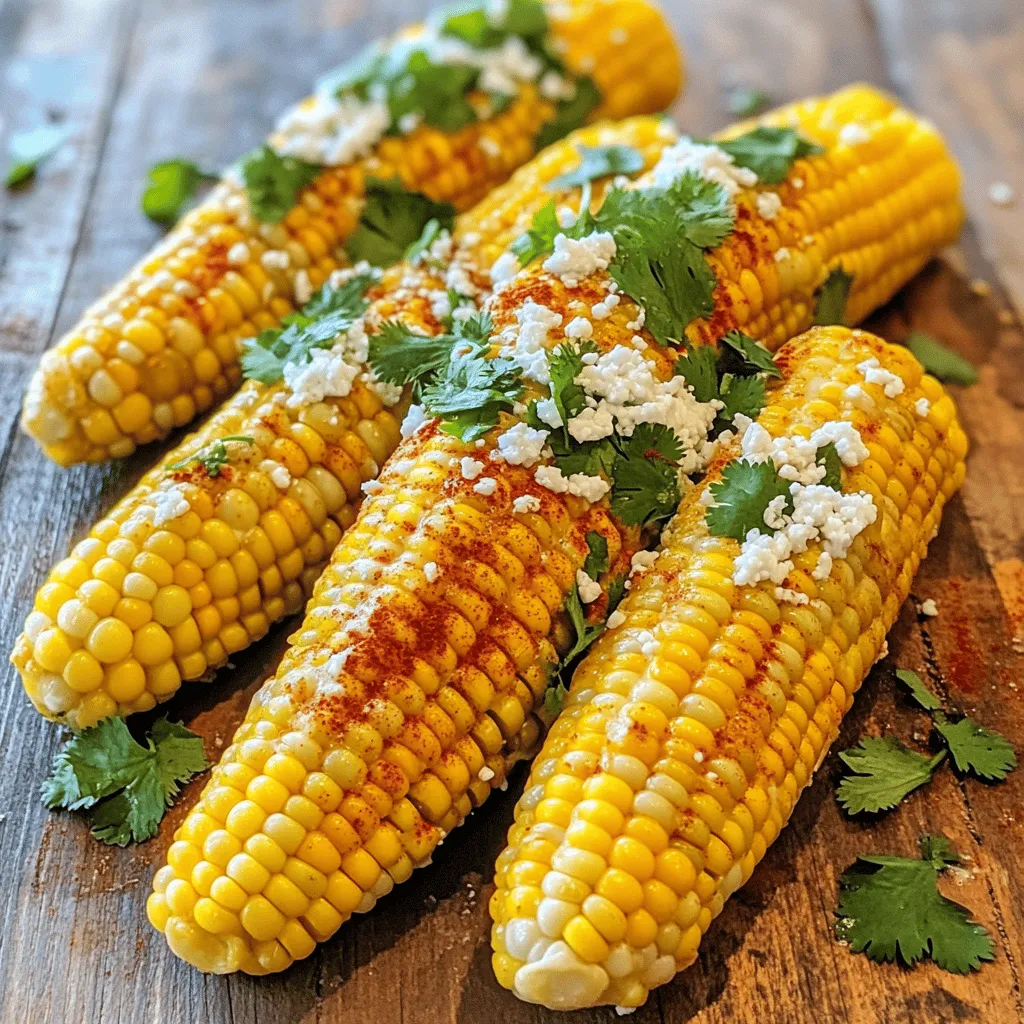 To make delicious chili lime corn on the cob, gather these key ingredients: - 4 ears of fresh corn, husked - 1/4 cup unsalted butter, softened - Zest of 1 lime - 2 tablespoons lime juice - 1 teaspoon chili powder (adjust for spice preference) - 1/2 teaspoon smoked paprika - 1/4 teaspoon salt These ingredients create a bright and tasty flavor that makes summer meals special. The fresh corn shines, while the lime and chili add a fun kick. You can make your corn even better with these optional ingredients: - 1/4 cup crumbled Cotija cheese - Fresh cilantro, chopped, for garnish Cotija cheese adds a creamy texture that pairs well with the spices. Fresh cilantro gives a burst of color and flavor. To prepare this dish, you will need a few tools: - A large pot for boiling water - A grill (optional) - A small bowl for mixing the butter - A brush for spreading the butter These simple tools help you create a flavorful treat with ease. You can find the full recipe in the earlier section if you need a reminder. - Boiling Corn on the Cob Start by boiling a large pot of water. I like to add a pinch of salt for flavor. Once the water is boiling, add your husked corn. Cook it for about 5-7 minutes. You want the corn to be tender but not mushy. After cooking, carefully remove the corn and let it cool a bit. - Cooling and Handling When the corn is cool enough to touch, hold the ear by the end. This makes it easy to handle. Be careful; it might still be warm. Make sure to keep it on a plate or cutting board as you prepare the butter. - Mixing Ingredients In a small bowl, add your softened butter. Then mix in the lime zest, lime juice, chili powder, smoked paprika, and salt. Use a fork or spoon to blend everything well. The butter should be smooth and well combined. - Spice Level Adjustments If you love heat, add more chili powder. You can also try other spices if you want to switch it up. Taste the butter and adjust until it’s perfect for you. - Buttering the Corn Once your corn is prepped, take a brush or a spoon and coat each ear with the chili lime butter. Make sure to cover all sides. This helps the flavors stick to the corn. - Optional Grilling for Char Marks If you want extra flavor, grill the buttered corn. Place it on a hot grill for about 2-3 minutes. Turn it often to get nice char marks. This step adds a smoky touch to your dish. For the full recipe, check the complete instructions and tips! To cook corn perfectly, start with fresh ears. Look for bright green husks. Peel back a bit to check the kernels. They should be plump and sweet. Boil in salted water for about 5-7 minutes. This brings out the sweetness of the corn. After boiling, let the corn cool slightly. Handle with care to avoid burns. You can control the heat in this dish. Start with one teaspoon of chili powder. If you like more spice, add more. Consider adding cayenne pepper for extra kick. Just a pinch can make a big difference. Cotija cheese adds a nice touch, but it’s not the only option. Feta cheese works well too. It has a similar tangy flavor. Parmesan cheese is a great choice if you want a sharper taste. Experiment to find your favorite. Chili lime corn pairs well with grilled meats. Try it next to chicken or steak for a full meal. It also complements tacos or salads nicely. For a light meal, serve it with fresh salsa. This dish shines at summer cookouts. It’s a hit at family gatherings or picnics. Serve it at barbecues or beach days for a fun touch. Everyone loves a tasty corn on the cob in the sun! {{image_2}} To make this dish vegan, swap the butter for a plant-based option. Use margarine or coconut oil instead. Both will still give you that creamy taste. For added richness, try using cashew cream. It adds a nice texture and flavor. You can change the spices to fit your taste. Instead of chili powder, use cayenne for heat. If you want a smoky flavor, try chipotle powder. For a zesty kick, add some garlic powder or cumin. Experimenting with spices makes this dish fun and unique. You can draw inspiration from Mexican street corn, known as elote. This version often includes lime juice, chili powder, and cheese. Mix in crumbled Cotija cheese for a salty bite. You can even add mayonnaise for creaminess. These regional twists offer a new way to enjoy chili lime corn. For the full recipe, check out the details above. To store leftover corn, let it cool first. Wrap each ear tightly in plastic wrap. You can also place it in an airtight container. This keeps the corn fresh. Store it in the refrigerator. Leftover corn stays good for up to three days. When you’re ready to eat the corn, you have a few great options. You can microwave it for about 1-2 minutes. Cover it with a damp paper towel to keep it moist. Another way is to heat it in a pan. Add a little butter to the pan for extra flavor. Cook it over medium heat until warm. This keeps the corn tasty and juicy. If you want to save corn for later, freezing is a great option. Start by cooking the corn as usual. Once cooled, cut the kernels off the cob. Place the kernels in a freezer-safe bag. Squeeze out as much air as possible before sealing. Label the bag with the date. Frozen corn will last for about six months. When you're ready to use it, just thaw in the refrigerator overnight. You can then use it in your favorite recipes, like the Chili Lime Corn on the Cob. Check out the Full Recipe for more ideas! The best corn for chili lime corn on the cob is sweet corn. Look for fresh ears that are bright yellow and firm. When you peel back the husk, the kernels should look plump and juicy. I prefer using corn that is in season for the best flavor. It has a natural sweetness that pairs well with the chili and lime. Yes, you can make chili lime corn on the cob without grilling. Simply boil the corn as I described in the recipe. After boiling, brush on the chili lime butter mixture. You can even roast the corn in the oven at 400°F for about 20 minutes. Just wrap the corn in foil to keep it moist. This method gives a nice flavor without using a grill. To adjust the recipe for larger servings, simply increase the number of corn ears and the butter mixture. For example, if you want to serve eight people, use eight ears of corn. Increase the butter, lime zest, and spices in proportion. A good rule is to double the recipe for every four extra ears. This way, everyone can enjoy this tasty summer treat! Don't forget to check out the Full Recipe for more details. This blog post explored how to make delicious chili lime corn on the cob. We covered essential ingredients, step-by-step cooking instructions, and tips for a perfect flavor. You learned about optional toppings and tried out variations like vegan versions or different spices. Enjoying this dish is great for BBQs or family meals. With your newfound skills, you can impress anyone with your tasty corn. Have fun cooking, and don't forget to experiment with flavors! Enjoy every bite of your chili lime corn creation.