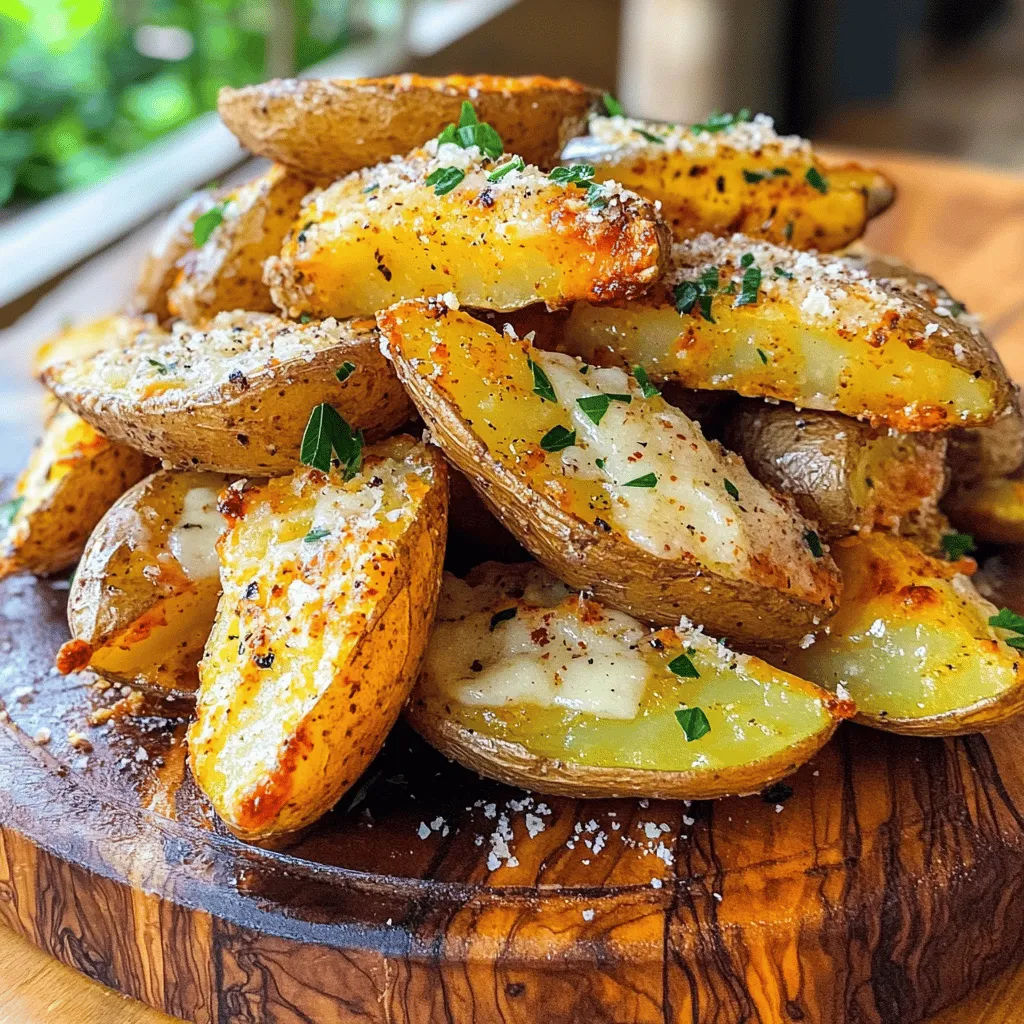 - 4 medium russet potatoes - 3 tablespoons olive oil - 5 cloves garlic - 1 teaspoon paprika - 1 teaspoon Italian seasoning - ½ teaspoon salt - ½ teaspoon black pepper - ½ cup grated Parmesan cheese - Fresh parsley for garnish Gathering fresh and simple ingredients makes this dish shine. I choose medium russet potatoes for their perfect texture. The olive oil adds richness, while minced garlic gives that bold flavor. I use paprika for a gentle kick and Italian seasoning for warmth. Salt and black pepper enhance all tastes. Finally, Parmesan cheese brings a delightful crust when baked. Fresh parsley makes a fun garnish that adds color and freshness. - Baking sheet - Parchment paper - Mixing bowl - Knife and cutting board To make your cooking smooth, you need a few tools. A baking sheet helps the wedges crisp up nicely. Parchment paper prevents sticking and makes cleanup easy. A mixing bowl lets you blend the flavors well. A sharp knife and cutting board help you cut the potatoes quickly. Having these tools ready will make your cooking time enjoyable. For the full recipe, check out [Full Recipe]. - Preheat the oven to 425°F (220°C). - Line the baking sheet with parchment paper. First, I love starting with a hot oven. Preheating it helps the potatoes cook evenly. Use parchment paper on the baking sheet. This step makes cleanup easy and prevents sticking. - Mix olive oil, minced garlic, and seasonings. In a large mixing bowl, I combine olive oil with minced garlic. Then, I add paprika, Italian seasoning, salt, and black pepper. Stir everything together until it’s well mixed. This mixture adds a lot of flavor to the wedges. - Toss potatoes and bake in the oven. - Adding Parmesan for the final touch. Next, I toss the potato wedges in the garlic mixture. I make sure each wedge gets coated well. Then, I spread them out on the baking sheet. It’s important to leave space between the wedges. This helps them crisp up nicely. Bake them for 25 to 30 minutes. Halfway through, I flip them over to ensure even cooking. After about 25 minutes, I take the baking sheet out. I sprinkle grated Parmesan cheese over the top of the wedges. Then, I put them back in the oven for 5 to 7 more minutes. This step allows the cheese to melt and create a tasty crust. Once they are golden brown, I let them cool for a minute. Then, I transfer them to a serving dish and garnish with fresh parsley. This adds a pop of color and freshness. For the full recipe, check the earlier section. To get crispy potato wedges, spacing is key. Lay them out on the baking sheet with room to breathe. If they touch, they can steam and turn soggy. Flip the wedges halfway through baking. This simple step helps them cook evenly and become golden brown on all sides. You can take these wedges to the next level with lemon zest or fresh herbs. A little zest adds a bright note that balances the garlic. Fresh garlic gives a stronger taste than powdered. If you’re in a pinch, powdered works, but fresh is always best. Using parchment paper is a must for easy cleanup. It keeps the wedges from sticking better than aluminum foil. Make sure to coat the potato wedges evenly in the oil mix. This helps them not only cook well but also adds flavor. {{image_2}} You can change the flavor of your baked garlic Parmesan potato wedges by using sweet potatoes. Sweet potatoes add a nice sweetness that contrasts well with the savory garlic and cheese. Just slice them into wedges like russet potatoes. You can also try adding other seasoning blends. For example, a sprinkle of smoked paprika gives a nice smoky flavor. You can even try a dash of curry powder for an exciting twist. Cheese plays a big role in flavor. You can use cheddar or vegan cheese instead of Parmesan. Cheddar adds a sharp bite that many love. If you go with vegan cheese, look for brands that melt well. Mixing different types of cheese also works great. Try combining mozzarella for gooeyness with Parmesan for that salty kick. This mix will create a rich cheese experience. You can also cook these wedges in an air fryer. Preheat your air fryer to 400°F (200°C). Place the seasoned wedges in the fryer basket in a single layer. Cook for about 15-20 minutes, shaking the basket halfway through. This method gives you crispy wedges without much oil. If you want to grill them, use a grill basket. Preheat your grill and place the wedges in the basket. Grill for about 20-25 minutes, turning occasionally. This method adds a smoky flavor that is hard to beat. For the full recipe, click here: [Full Recipe]. After you enjoy your baked garlic Parmesan potato wedges, let them cool down. Place them in the fridge within two hours. This cooling step is key for food safety. Use airtight containers to keep them fresh. This helps prevent moisture loss and keeps flavors intact. To reheat your potato wedges, the oven is your best friend. Preheat it to 400°F (200°C). Spread the wedges on a baking sheet. Bake for 10–15 minutes until they are hot and crispy again. You can also use a microwave, but they might lose some crunch. To keep them crispy, place a paper towel under the wedges. These delicious wedges last about 3–5 days in the fridge when stored properly. If you need longer storage, consider freezing them. Just place the cooled wedges in a freezer-safe bag. They can stay good for up to 2 months. When ready to eat, thaw and reheat for a tasty treat! Yes, you can prep the potato wedges in advance. Cut the potatoes and soak them in water to avoid browning. Drain and dry them before adding the garlic mixture. Store them in the fridge in an airtight container. When you're ready, just bake them as the recipe states. For reheating, place them in a preheated oven at 400°F (200°C) for about 10-15 minutes until hot and crispy. Potato wedges pair well with many foods. Here are some tasty ideas: - Burgers - Grilled chicken - Sandwiches - Tacos - Dips like ranch, ketchup, or garlic aioli These pairings can add fun flavors and textures to your meal. You can easily make potato wedges healthier by: - Using less oil, or using a spray to coat them - Baking instead of frying - Swapping regular potatoes for sweet potatoes - Reducing the amount of cheese or using a lighter cheese These changes can keep the delicious taste while making them better for you. For the best garlic flavor, use fresh garlic instead of powder. Mince the garlic finely to release more oils. You can also let the garlic sit for a few minutes after mincing to enhance the flavor. Mixing the garlic with olive oil helps infuse the flavor into the wedges evenly. Make sure not to burn the garlic when cooking, as it can turn bitter. You now know how to make Baked Garlic Parmesan Potato Wedges. We covered the ingredients, tools, and step-by-step instructions. Remember to space your wedges for that perfect crisp. You can mix in seasonal flavors or different cheeses for a tasty twist. Store leftovers well for later meals. The key to great flavor lies in how you prepare your garlic. Enjoy these delicious bites at your next meal, and don’t hesitate to share your ideas!