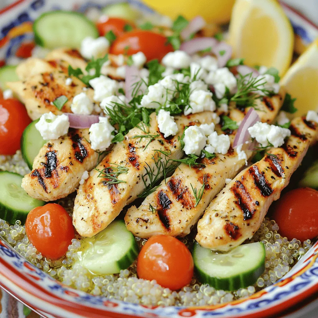 - 2 boneless, skinless chicken breasts - 1/4 cup olive oil - 3 tablespoons fresh lemon juice - Zest of 1 lemon - 2 tablespoons fresh dill, chopped - 3 cloves garlic, minced - Salt and pepper to taste - 1 cup quinoa, rinsed - 2 cups vegetable broth or water - 1 cup cherry tomatoes, halved - 1 cucumber, diced - 1/2 red onion, finely chopped - 1/3 cup feta cheese, crumbled - Fresh parsley for garnish - Additional olive oil and dill for serving For this Mediterranean Lemon-Dill Chicken Bowls recipe, I gather fresh, vibrant ingredients. The chicken marinated in olive oil and lemon juice brings a zesty flavor. Fresh dill and garlic add depth, making each bite a delight. The quinoa serves as a healthy base, with its nutty taste and fluffy texture. I rinse it well to remove any bitter flavor. Using vegetable broth instead of water enhances the taste further. I love the crunch of fresh vegetables in these bowls. Cherry tomatoes add sweetness, while cucumber brings a crisp texture. Red onion gives a mild bite, all balanced by creamy feta cheese. To finish, I sprinkle fresh parsley for color and add more olive oil and dill. This dish looks beautiful and tastes amazing. Check out the full recipe for more details! To make the marinade, mix olive oil, lemon juice, lemon zest, dill, minced garlic, salt, and pepper in a bowl. Whisk until combined. Place the chicken breasts in the bowl. Coat them well in the marinade. Cover the bowl and let it sit in the fridge for at least 30 minutes. For the best flavor, marinate for up to 2 hours. Start by rinsing the quinoa under cold water. In a saucepan, bring vegetable broth or water to a boil. Add the rinsed quinoa and stir. Lower the heat, cover the pan, and let it simmer for about 15 minutes. The quinoa is done when it’s fluffy and all the liquid is absorbed. After cooking, remove the pan from heat. Let it sit for 5 minutes before fluffing it with a fork. Preheat your grill or grill pan to medium-high heat. Take the chicken out of the marinade and place it on the grill. Cook each side for about 6-7 minutes. The chicken should have nice grill marks and be fully cooked. Let the chicken rest for 5 minutes before slicing it into strips for serving. To assemble your bowls, start with a layer of quinoa at the bottom. Next, add the grilled chicken strips on top. Include halved cherry tomatoes, diced cucumber, and finely chopped red onion. Sprinkle crumbled feta cheese over everything. For a beautiful presentation, serve in colorful bowls. You can also add lemon wedges on the side for extra brightness. Now you have a tasty and vibrant Mediterranean Lemon-Dill Chicken Bowl! For detailed instructions, check the Full Recipe. How long to marinate for optimal flavor Marinating chicken adds flavor and keeps it moist. I suggest marinating for at least 30 minutes. For the best taste, let it sit for up to 2 hours. This time lets the lemon and dill soak into the chicken. Suggested alternative marinades If you want to mix things up, try different marinades. A yogurt-based marinade adds creaminess. You can use balsamic vinegar for a tangy twist. Even a basic garlic and herb mix works well. Experimenting is fun and can lead to great new flavors! Common mistakes to avoid Rinsing quinoa is key to removing its bitter coating. Many people skip this step. Also, don’t skip letting it sit after cooking. This step makes it fluffy. Avoid overcooking; it should be tender but not mushy. Ways to enhance quinoa flavor To boost flavor, cook quinoa in vegetable broth instead of water. You can also add herbs or spices while it cooks. A bit of salt is a simple way to make it taste better, too. How to check for doneness without a thermometer To check if your chicken is done, cut into the thickest part. The meat should be white, not pink. Juices should run clear, not red. This is an easy way to ensure your chicken is safe to eat. Optional grilling techniques for added flavor For extra flavor, try marinating your chicken overnight. You can also add lemon slices on the grill. They give a nice smoky taste. If using a grill pan, consider adding fresh herbs to the pan for added aroma. {{image_2}} If you want to switch things up, consider these options: - Chicken Alternatives: Try tofu for a plant-based meal. Shrimp is another tasty choice. Both options soak up the lemon-dill flavor well. - Vegan Feta Cheese: You can substitute regular feta with vegan feta. It gives a similar tangy flavor and works great in the bowls. Looking to change the taste profile? Here are some ideas: - Different Herbs: Basil or mint can add fresh notes. Both herbs pair nicely with lemon and dill. - Spice Options: Add a pinch of cayenne or red pepper flakes for a kick. This will give your dish a nice heat without overpowering the other flavors. Get creative with how you serve your bowls: - Grain Options: Swap quinoa for couscous or brown rice. Each grain offers a unique texture and flavor. - Additional Toppings: Consider adding olives or sliced avocado. Both add creaminess and richness to your bowls. These variations can help you explore new tastes while enjoying your Mediterranean Lemon-Dill Chicken Bowls. For the full recipe, check out the provided link. To keep your Mediterranean Lemon-Dill Chicken Bowls fresh, store them in airtight containers. Make sure to cool down the bowls before sealing them. Place the chicken and quinoa in separate containers for better flavor retention. Store them in the fridge for up to four days. Yes, you can freeze portions of these bowls. Just make sure to separate the chicken and quinoa from vegetables. Use freezer-safe bags or containers to prevent freezer burn. When you’re ready to eat, thaw in the fridge overnight. Reheat the chicken and quinoa in the microwave or on the stove until hot. Each component lasts a different time: - Grilled chicken: 3-4 days in the fridge - Cooked quinoa: 5-7 days in the fridge - Fresh vegetables: 2-3 days, but best eaten fresh Watch for signs of spoilage like off smells or unusual colors. If something seems off, throw it away. Enjoy your meal with peace of mind! For the complete recipe, check out the [Full Recipe]. You can easily change the spice level. If you want it spicier, add red pepper flakes. You could also use a spicy marinade or hot sauce. For a milder taste, reduce the garlic. You can skip the red pepper altogether. Adjusting these flavors helps you find your perfect taste. Yes, you can make this dish ahead of time. Cook the chicken and quinoa in advance. Store them in separate containers in the fridge. They stay fresh for up to four days. This way, your meal is quick to serve on busy nights. You can serve many tasty sides. A simple green salad pairs well. You could also add roasted vegetables for more flavor. For drinks, try a light white wine like Sauvignon Blanc. Lemonade or herbal tea also works great for a refreshing touch. This dish is perfect for meal prepping. You can make several servings at once. It keeps well in the fridge or freezer. This saves time and gives you healthy lunches or dinners. Enjoying a homemade dish is easy when you prep ahead. This recipe for Mediterranean Lemon-Dill Chicken Bowls is easy and tasty. We covered the key ingredients, step-by-step instructions, and some useful tips. Remember, you can switch ingredients and flavors to fit your taste. This dish stores well, making it great for meal prep. Enjoy your delicious bowls, and feel free to experiment with different herbs or grains. You’ll impress your friends and family with your cooking skills. Happy cooking!