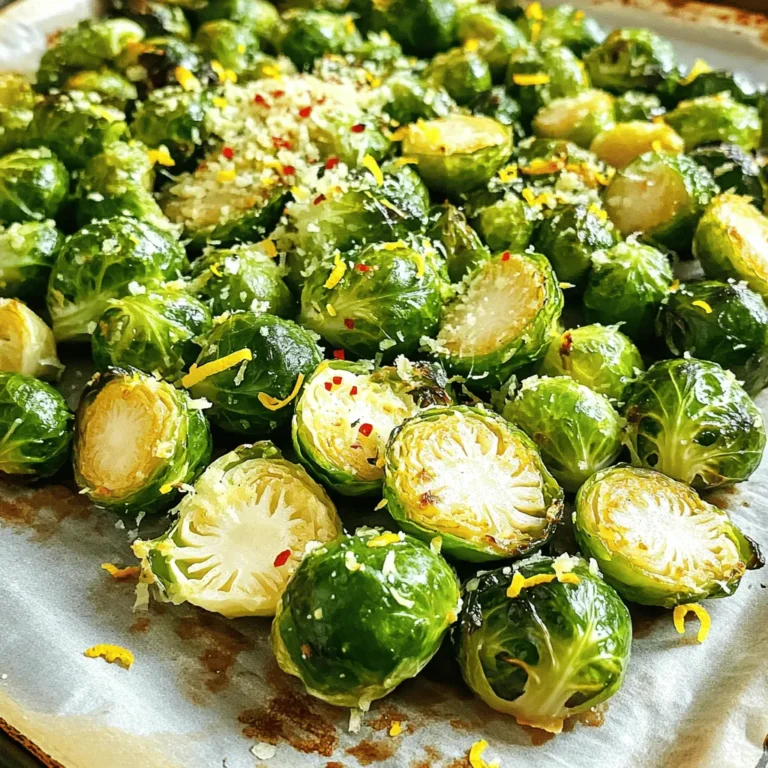 To make Lemon Garlic Roasted Brussels Sprouts, gather these ingredients: - 1 lb Brussels sprouts, halved - 3 tablespoons olive oil - 4 cloves garlic, minced - Zest of 1 lemon - Juice of 1 lemon - 1 teaspoon Dijon mustard - Salt and pepper to taste - ¼ teaspoon red pepper flakes (optional) - 2 tablespoons grated Parmesan cheese (optional) These ingredients create a vibrant, zesty dish. The Brussels sprouts bring crunch and flavor, while the lemon and garlic add brightness. If you don’t have a key ingredient, here are some easy swaps: - Use avocado oil instead of olive oil for a different flavor. - Replace garlic with shallots for a milder taste. - If you lack Dijon mustard, try yellow mustard as a substitute. - For a dairy-free option, skip the Parmesan cheese. These substitutions still keep the dish tasty and enjoyable. You can mix and match based on what you have at home. Brussels sprouts are low in calories but high in vitamins. They are a good source of: - Vitamin C - Vitamin K - Fiber The olive oil adds healthy fats, while garlic has antioxidants. Lemon juice boosts the flavor and provides vitamin C. Overall, this dish is not just delicious but also nutritious. It can fit into many diets, making it a great choice for meals. For the full recipe, check out [Full Recipe]. Start by washing 1 pound of Brussels sprouts. Cut off the tough stem ends. Slice each sprout in half. This helps them cook evenly. In a big bowl, mix the halved sprouts with 3 tablespoons of olive oil. Add 4 cloves of minced garlic, the zest and juice of 1 lemon, and 1 teaspoon of Dijon mustard. Season with salt and pepper. If you like heat, add ¼ teaspoon of red pepper flakes. Toss everything well until the sprouts are coated. Preheat your oven to 400°F (200°C). Line a baking sheet with parchment paper for easy cleanup. Spread the Brussels sprouts in a single layer on the sheet, cut side down. This helps to make them crispy. Roast in the oven for 20-25 minutes. Halfway through, stir them to ensure even cooking. When they are tender and caramelized, they are ready. If you want to add extra flavor, sprinkle 2 tablespoons of grated Parmesan cheese over the sprouts in the last 5 minutes of roasting. Once they are done, remove them from the oven. Let them cool for a few minutes. For a fresh kick, garnish with more lemon zest or a squeeze of lemon juice. Want to try this at home? Check out the Full Recipe for more details. To get your Brussels sprouts crispy, start by cutting them in half. Place them cut side down on the baking sheet. This helps them brown nicely. Use enough olive oil to coat them well. Too little oil makes them soggy. Keep your oven hot at 400°F (200°C). This high heat helps crisp them up. Stir them halfway through cooking. This ensures even roasting and browning. Adding flavor is key to great Brussels sprouts. The mix of lemon and garlic gives a bright taste. Try adding a bit of Dijon mustard for a tangy kick. Red pepper flakes add a nice heat if you like spice. You can also sprinkle Parmesan cheese on top near the end. It melts and adds a savory flavor. Fresh herbs like parsley or thyme can brighten the dish too. Avoid overcrowding the baking sheet. If the sprouts are too close, they will steam instead of roast. Don’t skip the preheating step; the heat is crucial for crispy results. If they seem bland, check your seasoning. Salt and pepper should be used generously. Lastly, don’t forget to toss them well before roasting. This helps the flavors mix evenly. For the complete method, refer to the Full Recipe. {{image_2}} You can make Lemon Garlic Roasted Brussels Sprouts even better by adding proteins. Try adding diced chicken or shrimp. Toss the protein in the same lemon garlic mix for great flavor. You can also roast other veggies, like carrots or sweet potatoes. They add color and taste to the dish. Just cut them to the same size as the Brussels sprouts for even cooking. To change the flavor, you can play with spices. If you like spice, add more red pepper flakes. You can also try smoked paprika for a smoky taste. If you prefer sweet flavors, drizzle honey or maple syrup over the sprouts before roasting. This gives a nice caramelized finish. Mixing flavors keeps your meals exciting and tasty. Making this dish vegan is easy! Just leave out the Parmesan cheese and use a vegan cheese option if you want. You can also add nuts like almonds or walnuts for extra crunch. These nuts add healthy fats and protein. This way, you keep it plant-based while also making it filling and nutritious. For the full recipe, be sure to check out the detailed steps! To store leftover Lemon Garlic Roasted Brussels Sprouts, place them in an airtight container. This helps keep them fresh. Store in the fridge for up to three days. Make sure they cool down before sealing the container. This step prevents moisture buildup. Reheat in the oven or on the stovetop for best results. To use the oven, set it to 350°F (175°C). Spread the sprouts on a baking sheet. Heat for about 10-15 minutes until warm. If using the stovetop, place them in a pan over medium heat. Stir often to avoid burning. You can freeze Brussels sprouts, but it’s best if they are raw. Blanch them first to keep their color and taste. Boil them in water for about three minutes, then cool them in icy water. Drain well, then pack in freezer bags. They can last up to six months in the freezer. When you’re ready to use them, simply roast them directly from frozen! For the complete recipe, check out the [Full Recipe]. Brussels sprouts are small but mighty. They are packed with vitamins C and K. These vitamins help support your immune system and bone health. They also have fiber, which is great for digestion. Eating Brussels sprouts may help lower the risk of heart disease. They also have antioxidants, which fight free radicals in your body. This can lower the risk of some cancers. Plus, they are low in calories, making them a healthy side dish. Yes, you can prepare Brussels sprouts in advance! You can wash and cut them a day before. Store them in the fridge in an airtight container. When you're ready to cook, just add the lemon and garlic mix. You can roast them straight from the fridge. This saves time when you have guests or a busy day. Just keep in mind that they taste best fresh. To make this dish appealing for kids, try these ideas. First, cut the Brussels sprouts smaller. This helps them cook faster and makes them easier to eat. You can also mix in some sweet flavors. Adding a touch of honey or maple syrup can balance the lemon and garlic. Another idea is to serve them with a dip. Kids love to dip! Try ranch or yogurt-based dips for extra fun. These simple changes can make the dish more kid-friendly while keeping it healthy. Brussels sprouts can be fun and tasty. We started with key ingredients and substitutions. Then, we went through each step to prepare and roast them just right. I shared tips for getting them crispy and avoiding mistakes. You can also add proteins or try different flavors for variety. Finally, I covered how to store and reheat them. Remember, you can make this dish a family favorite. Enjoy your cooking journey!