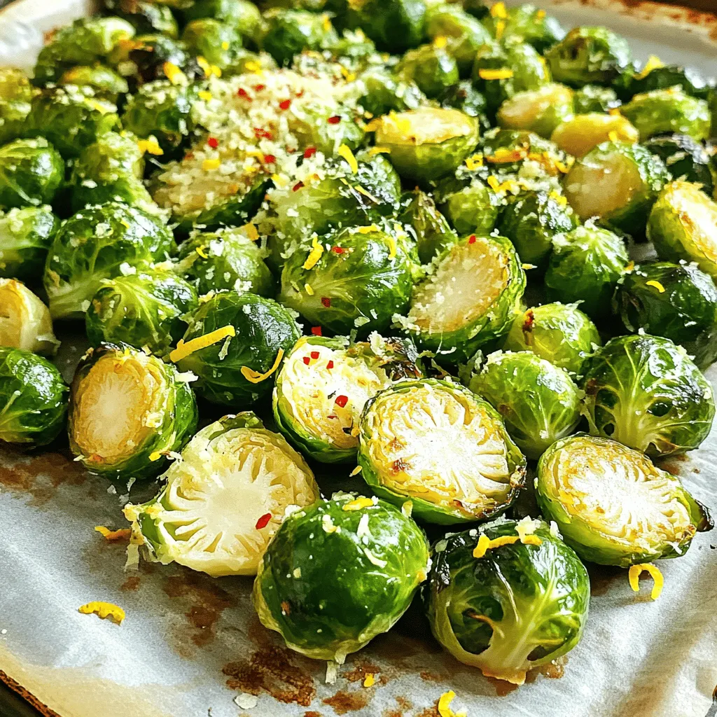 To make Lemon Garlic Roasted Brussels Sprouts, gather these ingredients: - 1 lb Brussels sprouts, halved - 3 tablespoons olive oil - 4 cloves garlic, minced - Zest of 1 lemon - Juice of 1 lemon - 1 teaspoon Dijon mustard - Salt and pepper to taste - ¼ teaspoon red pepper flakes (optional) - 2 tablespoons grated Parmesan cheese (optional) These ingredients create a vibrant, zesty dish. The Brussels sprouts bring crunch and flavor, while the lemon and garlic add brightness. If you don’t have a key ingredient, here are some easy swaps: - Use avocado oil instead of olive oil for a different flavor. - Replace garlic with shallots for a milder taste. - If you lack Dijon mustard, try yellow mustard as a substitute. - For a dairy-free option, skip the Parmesan cheese. These substitutions still keep the dish tasty and enjoyable. You can mix and match based on what you have at home. Brussels sprouts are low in calories but high in vitamins. They are a good source of: - Vitamin C - Vitamin K - Fiber The olive oil adds healthy fats, while garlic has antioxidants. Lemon juice boosts the flavor and provides vitamin C. Overall, this dish is not just delicious but also nutritious. It can fit into many diets, making it a great choice for meals. For the full recipe, check out [Full Recipe]. Start by washing 1 pound of Brussels sprouts. Cut off the tough stem ends. Slice each sprout in half. This helps them cook evenly. In a big bowl, mix the halved sprouts with 3 tablespoons of olive oil. Add 4 cloves of minced garlic, the zest and juice of 1 lemon, and 1 teaspoon of Dijon mustard. Season with salt and pepper. If you like heat, add ¼ teaspoon of red pepper flakes. Toss everything well until the sprouts are coated. Preheat your oven to 400°F (200°C). Line a baking sheet with parchment paper for easy cleanup. Spread the Brussels sprouts in a single layer on the sheet, cut side down. This helps to make them crispy. Roast in the oven for 20-25 minutes. Halfway through, stir them to ensure even cooking. When they are tender and caramelized, they are ready. If you want to add extra flavor, sprinkle 2 tablespoons of grated Parmesan cheese over the sprouts in the last 5 minutes of roasting. Once they are done, remove them from the oven. Let them cool for a few minutes. For a fresh kick, garnish with more lemon zest or a squeeze of lemon juice. Want to try this at home? Check out the Full Recipe for more details. To get your Brussels sprouts crispy, start by cutting them in half. Place them cut side down on the baking sheet. This helps them brown nicely. Use enough olive oil to coat them well. Too little oil makes them soggy. Keep your oven hot at 400°F (200°C). This high heat helps crisp them up. Stir them halfway through cooking. This ensures even roasting and browning. Adding flavor is key to great Brussels sprouts. The mix of lemon and garlic gives a bright taste. Try adding a bit of Dijon mustard for a tangy kick. Red pepper flakes add a nice heat if you like spice. You can also sprinkle Parmesan cheese on top near the end. It melts and adds a savory flavor. Fresh herbs like parsley or thyme can brighten the dish too. Avoid overcrowding the baking sheet. If the sprouts are too close, they will steam instead of roast. Don’t skip the preheating step; the heat is crucial for crispy results. If they seem bland, check your seasoning. Salt and pepper should be used generously. Lastly, don’t forget to toss them well before roasting. This helps the flavors mix evenly. For the complete method, refer to the Full Recipe. {{image_2}} You can make Lemon Garlic Roasted Brussels Sprouts even better by adding proteins. Try adding diced chicken or shrimp. Toss the protein in the same lemon garlic mix for great flavor. You can also roast other veggies, like carrots or sweet potatoes. They add color and taste to the dish. Just cut them to the same size as the Brussels sprouts for even cooking. To change the flavor, you can play with spices. If you like spice, add more red pepper flakes. You can also try smoked paprika for a smoky taste. If you prefer sweet flavors, drizzle honey or maple syrup over the sprouts before roasting. This gives a nice caramelized finish. Mixing flavors keeps your meals exciting and tasty. Making this dish vegan is easy! Just leave out the Parmesan cheese and use a vegan cheese option if you want. You can also add nuts like almonds or walnuts for extra crunch. These nuts add healthy fats and protein. This way, you keep it plant-based while also making it filling and nutritious. For the full recipe, be sure to check out the detailed steps! To store leftover Lemon Garlic Roasted Brussels Sprouts, place them in an airtight container. This helps keep them fresh. Store in the fridge for up to three days. Make sure they cool down before sealing the container. This step prevents moisture buildup. Reheat in the oven or on the stovetop for best results. To use the oven, set it to 350°F (175°C). Spread the sprouts on a baking sheet. Heat for about 10-15 minutes until warm. If using the stovetop, place them in a pan over medium heat. Stir often to avoid burning. You can freeze Brussels sprouts, but it’s best if they are raw. Blanch them first to keep their color and taste. Boil them in water for about three minutes, then cool them in icy water. Drain well, then pack in freezer bags. They can last up to six months in the freezer. When you’re ready to use them, simply roast them directly from frozen! For the complete recipe, check out the [Full Recipe]. Brussels sprouts are small but mighty. They are packed with vitamins C and K. These vitamins help support your immune system and bone health. They also have fiber, which is great for digestion. Eating Brussels sprouts may help lower the risk of heart disease. They also have antioxidants, which fight free radicals in your body. This can lower the risk of some cancers. Plus, they are low in calories, making them a healthy side dish. Yes, you can prepare Brussels sprouts in advance! You can wash and cut them a day before. Store them in the fridge in an airtight container. When you're ready to cook, just add the lemon and garlic mix. You can roast them straight from the fridge. This saves time when you have guests or a busy day. Just keep in mind that they taste best fresh. To make this dish appealing for kids, try these ideas. First, cut the Brussels sprouts smaller. This helps them cook faster and makes them easier to eat. You can also mix in some sweet flavors. Adding a touch of honey or maple syrup can balance the lemon and garlic. Another idea is to serve them with a dip. Kids love to dip! Try ranch or yogurt-based dips for extra fun. These simple changes can make the dish more kid-friendly while keeping it healthy. Brussels sprouts can be fun and tasty. We started with key ingredients and substitutions. Then, we went through each step to prepare and roast them just right. I shared tips for getting them crispy and avoiding mistakes. You can also add proteins or try different flavors for variety. Finally, I covered how to store and reheat them. Remember, you can make this dish a family favorite. Enjoy your cooking journey!