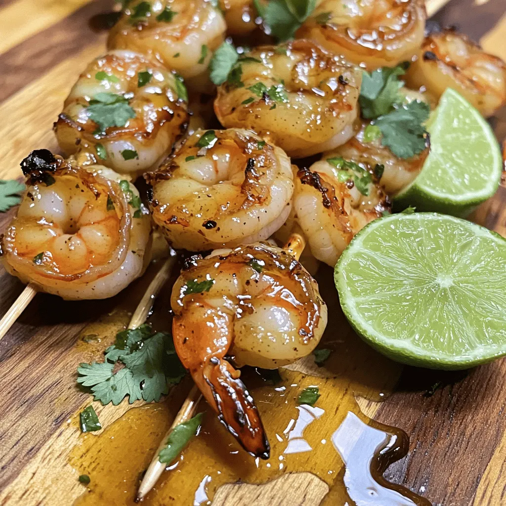 To make honey garlic shrimp skewers, gather these key ingredients: - 1 pound large shrimp, peeled and deveined - 1/4 cup honey - 3 tablespoons soy sauce - 2 cloves garlic, minced - 1 tablespoon fresh ginger, grated - 1 tablespoon rice vinegar - 1/2 teaspoon red pepper flakes (adjust based on spice preference) - Salt and pepper to taste - 1 tablespoon sesame oil - Fresh cilantro, chopped (for garnish) - Lime wedges (for serving) - Skewers (wooden or metal) Fresh ingredients make a big difference in flavor. When it comes to shrimp, look for a firm, slightly translucent look. Fresh shrimp should smell like the sea, not fishy. Using fresh garlic adds a strong, bold taste. Fresh ginger also brings a warm, spicy note that brightens the dish. Quality honey enhances sweetness and helps the shrimp caramelize nicely on the grill. Every ingredient works together to create a delicious dish. When you pick shrimp, consider these tips: - Look for size: Choose large shrimp for easy threading on skewers. - Check the color: Fresh shrimp should have a light pink or gray color. - Feel the texture: The shrimp should feel firm and springy. - Smell it: Fresh shrimp should smell clean. If it smells strong or sour, do not buy it. - Ask for wild: If possible, select wild-caught shrimp over farmed. They often have better flavor and texture. Using these tips will help you choose the best shrimp for your honey garlic skewers. For the full recipe, check out the detailed instructions and enjoy a tasty grilling experience! First, get your shrimp ready. Use one pound of large shrimp. Make sure they are peeled and deveined. This makes them easy to eat and cook. Rinse them under cold water and pat them dry with a paper towel. Dry shrimp help the marinade stick better. Next, we marinate the shrimp. In a mixing bowl, combine the honey, soy sauce, minced garlic, grated ginger, rice vinegar, red pepper flakes, and sesame oil. Whisk these ingredients together until smooth. Add the shrimp into the bowl and mix well. Make sure all the shrimp are coated. Cover the bowl and place it in the fridge. Let the shrimp marinate for at least 30 minutes. You can leave them for up to 2 hours for extra flavor. Now it’s time to grill the shrimp. Preheat your grill or grill pan to medium-high heat. If you use wooden skewers, soak them in water for 30 minutes. This helps prevent burning. Thread 4-5 shrimp onto each skewer, making sure they fit snugly. Save any leftover marinade for basting. Place the skewers on the grill. Cook each side for 2-3 minutes. Baste with the reserved marinade while cooking. The shrimp will turn pink and cook through in about 6-8 minutes. When done, take them off the grill and let them rest for a minute. Season with salt and pepper. Serve your skewers with fresh cilantro and lime wedges. Enjoy this tasty dish! For more details, check the Full Recipe. To make the best honey garlic shrimp skewers, start with the marinade. A great marinade makes your shrimp tasty. Use fresh honey, soy sauce, and garlic. These ingredients work well together. I like to mix in fresh ginger for a zingy flavor. You can add red pepper flakes for spice. Let the shrimp sit in the marinade for 30 minutes to 2 hours. This time helps the flavors soak in. Grilling shrimp can be quick and easy. Keep your grill hot, about medium-high heat. If you use wooden skewers, soak them first. This step stops them from burning. Place the skewers on the grill for 2-3 minutes per side. Baste with the leftover marinade for extra flavor. Watch for that pink color; it means the shrimp are done. Once cooked, let the skewers rest for a minute. This helps keep them juicy. I love serving them with fresh cilantro and lime wedges. You can also pair these skewers with rice or a fresh salad. For drinks, try a light white wine or sparkling water. For the full recipe, check the details earlier. Enjoy your tasty meal! {{image_2}} You can switch up the marinade for your shrimp skewers. Try a teriyaki sauce for a sweet, salty flavor. You can also use lime juice and chili powder for a zesty kick. A mix of olive oil, lemon juice, and herbs gives a fresh taste. Feel free to play with flavors that you enjoy. Shrimp is great, but you can also use chicken or beef. Cut the chicken into small pieces for even cooking. For steak, use tender cuts like sirloin or filet mignon. Fish like salmon or swordfish also work well. Each protein brings its own unique taste and texture. Adding veggies to your skewers makes them colorful and tasty. Bell peppers, zucchini, and cherry tomatoes are perfect choices. You can also use mushrooms or red onion for extra flavor. Just cut them into pieces that match the size of your shrimp or meat. Grilling veggies adds a nice char and sweetness. Explore the full recipe for honey garlic shrimp skewers to see how these variations can make your dish even better! If you have leftover honey garlic shrimp skewers, store them in an airtight container. Place a layer of parchment paper between the skewers to keep them from sticking. Store in the fridge for up to 2 days. This keeps the shrimp fresh and tasty. To reheat the skewers, you have a few options. The best way is to use the grill. Heat it to medium and grill the skewers for 2-3 minutes. This warms the shrimp without drying them out. You can also use a microwave. Place the skewers on a microwave-safe plate. Heat in 30-second bursts until warm. Be careful not to overcook them. If you want to save some skewers for later, freezing is a great choice. First, let the skewers cool completely. Wrap each skewer tightly in plastic wrap. Then, place them in a freezer bag. They can last up to 3 months in the freezer. When you’re ready to eat, thaw them in the fridge overnight before reheating. This keeps the shrimp juicy and full of flavor. For the full recipe, check out the detailed instructions above. You can marinate shrimp for 30 minutes to 2 hours. If you want strong flavor, go for 2 hours. If you marinate too long, the shrimp may get mushy. Yes, you can use frozen shrimp! Just thaw them first. Place them in cold water for a quick thaw. Make sure they are peeled and deveined before marinating. You can use maple syrup or agave nectar. Both give a sweet taste. Adjust the amount to your liking. Start with the same amount as honey in the recipe. Yes, this recipe is great for meal prep! The shrimp can be marinated ahead of time. Cook extra skewers and store them in the fridge. Reheat them for a quick meal. For the full recipe, check out my detailed guide. Using fresh ingredients is key for great shrimp skewers. We explored how to prep shrimp, marinate it, and grill to perfection. Remember to savor the flavors of your marinade and try different proteins and veggies. Proper storage keeps your leftovers tasty. With these tips, you can enjoy delicious skewers anytime. Keep experimenting to find your favorite twist on this dish. Cooking can be fun, and the rewards are big!