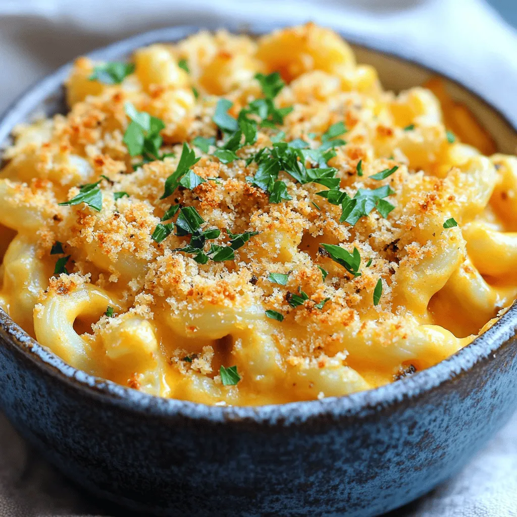 This creamy truffle baked macaroni and cheese is a comfort dish. It combines rich flavors with a crispy top. You can make it easily at home. This recipe serves six and takes about 50 minutes to prepare. To make this dish, you need these key ingredients: - 2 cups elbow macaroni - 4 cups sharp cheddar cheese, shredded - 1 cup Gruyère cheese, shredded - 1 cup milk - 1 cup heavy cream - 1/4 cup unsalted butter - 1/4 cup all-purpose flour - 2 teaspoons truffle oil - 1 teaspoon garlic powder - 1 teaspoon onion powder - Salt and pepper to taste - 1 cup panko breadcrumbs - 2 tablespoons fresh parsley, chopped (for garnish) These ingredients create a rich and creamy cheese sauce. The blend of cheddar and Gruyère gives deep flavor. The truffle oil adds a gourmet touch. You can customize your baked macaroni and cheese with these extras: - Cooked bacon for a savory twist - Smoked paprika for a hint of spice - Sautéed mushrooms for earthiness - Different cheeses like mozzarella or fontina These additions can enhance the taste and make the dish your own. Feel free to experiment! Start by boiling water in a large pot. Add a pinch of salt to the water. Once boiling, add 2 cups of elbow macaroni. Cook it until it is al dente, which usually takes about 7-8 minutes. Drain the macaroni and set it aside. This step makes sure your pasta has a nice bite. Now, grab a large pot and melt 1/4 cup of unsalted butter over medium heat. Once it melts, add 1/4 cup of all-purpose flour. Whisk them together for about 2 minutes. This mix is called a roux. Slowly pour in 1 cup of milk and 1 cup of heavy cream, whisking as you go. Keep whisking until it thickens, about 4-5 minutes. Next, stir in 1 teaspoon of garlic powder, 1 teaspoon of onion powder, salt, and pepper. Then, gradually add 4 cups of sharp cheddar cheese and 1 cup of Gruyère cheese. Stir until the cheese melts and the sauce is creamy. Finally, drizzle in 2 teaspoons of truffle oil for extra flavor. Take the cooked macaroni and mix it with the cheese sauce. Make sure every piece of pasta gets coated well. Grease a 9x13 inch baking dish and pour the mac and cheese inside. In a small bowl, mix 1 cup of panko breadcrumbs with a tablespoon of melted butter. Sprinkle this mixture evenly on top of your mac and cheese. Bake in the oven at 350°F (175°C) for 25-30 minutes. Look for a golden and crispy top. After baking, let it cool a bit. Garnish with 2 tablespoons of chopped fresh parsley. Enjoy your creamy and comforting dish! For more details, check the Full Recipe. To get the creamiest mac and cheese, use a mix of cheeses. Sharp cheddar gives a bold taste, while Gruyère adds depth. The heavy cream makes the dish rich. Always cook your macaroni just until al dente. This way, it holds up during baking. Stir your cheese sauce well to mix in all that creamy goodness. For a crunchy top, use panko breadcrumbs. They crisp up better than regular breadcrumbs. Mix them with melted butter for extra flavor. Spread the mixture evenly over your mac and cheese before baking. Bake it until the top turns golden brown. This adds a nice contrast to the creamy filling. Choosing the right cheeses is key. Sharp cheddar gives a strong flavor. Gruyère adds a nutty taste. You can also try mozzarella for stretchiness. Mixing cheeses creates a layered flavor profile. Don’t be afraid to experiment with your favorites. Each choice can change the dish in a fun way. For more cooking details, check out the Full Recipe. {{image_2}} Bacon adds a nice crunch and flavor to baked macaroni and cheese. You can cook 4-6 strips of bacon until crispy. Then, chop them into small pieces. Mix the bacon into the cheese sauce or sprinkle it on top before baking. The salty, smoky taste pairs well with the creamy cheese. You don’t have to stick to just cheddar and Gruyère. For a fun twist, try using mozzarella for a gooey texture. You can also add fontina for a rich flavor. Experimenting with cheese lets you create your perfect blend. Just keep the total amount of cheese the same. To make this dish vegetarian, simply skip the bacon. You can add veggies instead! Try mixing in steamed broccoli or sautéed mushrooms. These add color and taste without losing the creamy goodness. You can also use plant-based cheese if you want a dairy-free option. After you enjoy your baked macaroni and cheese, let it cool. Store leftovers in an airtight container. This keeps the dish fresh and tasty. You can keep it in the fridge for up to 3 days. Make sure to cover it well to avoid drying out. When you're ready to eat leftovers, I recommend reheating in the oven. Preheat your oven to 350°F (175°C). Place the macaroni in a baking dish. Add a splash of milk on top to help keep it moist. Cover with foil and heat for about 20 minutes. This method makes it creamy again and warms it through. You can also use the microwave, but it may not keep the texture as nice. If you want to save some for later, you can freeze it! First, let it cool completely. Then, portion it into freezer-safe containers. Make sure to label them with the date. It can stay good for up to 2 months. When you’re ready to eat, let it thaw in the fridge overnight. Then, reheat it using the oven for the best taste. Enjoy your creamy truffle baked macaroni and cheese anytime you want! Yes, you can make baked macaroni and cheese ahead of time. Prepare the dish up to the baking step. Cover it and store it in the fridge for up to 24 hours. When you are ready to bake, just pop it in the oven. You may need to add a few extra minutes to the cooking time. This makes it easy to serve on busy days or special occasions. If you don't have truffle oil, you can use olive oil or garlic-infused oil instead. These oils add flavor, though they won’t have the same earthy taste as truffle oil. You can also skip the oil if you prefer. Your baked macaroni and cheese will still be creamy and delicious. To make baked macaroni and cheese gluten-free, you need to swap out the flour and pasta. Use gluten-free pasta and a gluten-free flour blend for the roux. Check labels to ensure all ingredients are gluten-free. This way, you can enjoy this creamy dish without worry. This blog post covered everything you need for great baked macaroni and cheese. We explored essential ingredients, step-by-step cooking instructions, and tips for the perfect dish. I shared fun flavor variations and how to store leftovers. In the end, you can create a tasty meal easily with a few choices. Whether you pick extra cheese or a savory twist, enjoy making your own version. This recipe brings comfort and creativity to your kitchen!