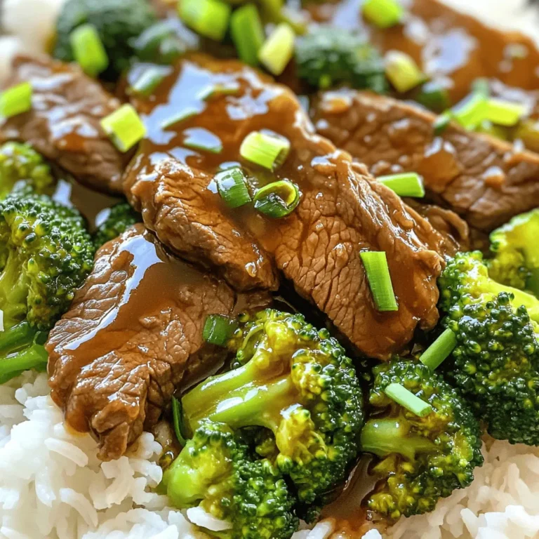 - 1 pound flank steak - 2 cups broccoli florets - 1/4 cup low sodium soy sauce - 2 tablespoons oyster sauce - 2 tablespoons cornstarch - 2 tablespoons sesame oil - 1 tablespoon brown sugar - 3 cloves garlic, minced - 1 teaspoon grated ginger - 1/4 cup beef broth - 2 tablespoons chopped green onions (for garnish) - Cooked rice (for serving) The key to this dish is the flank steak. It is tender and rich in flavor. The broccoli adds a nice crunch and color. The sauce brings everything together with a savory taste. - Instant Pot - Sauté spoon - Mixing bowl You need an Instant Pot for quick cooking. A sauté spoon helps mix ingredients well. A mixing bowl is great for marinating the beef. - Cooked rice - Optional garnishes Serve this dish over warm cooked rice. It soaks up the sauce well. You can add chopped green onions on top for a fresh touch. Enjoy your meal with family or friends! If you want the full recipe, check out the complete guide for step-by-step instructions. To start, I mix soy sauce, oyster sauce, sesame oil, brown sugar, garlic, ginger, and beef broth in a bowl. This mix forms a savory base for the beef. Once well combined, I add the thinly sliced flank steak to the bowl. It’s important to coat each piece so it absorbs the flavors. I let it marinate for 10-15 minutes. This short time helps the beef get tender and tasty while I prep the broccoli. Next, I set my Instant Pot to Sauté mode and add a tablespoon of sesame oil. When the oil is hot, I place the marinated beef in a single layer. Browning the beef is key. It seals in juices and adds a nice flavor. I sauté the beef for 2-3 minutes until it turns brown. After browning, I sprinkle cornstarch over the beef and stir. This step helps thicken the sauce later, making it rich and delicious. Now comes the fun part! I add the remaining marinade to the beef and stir everything together. Then, I layer the broccoli florets on top of the beef without stirring. This helps the broccoli steam perfectly. I close the lid, set the valve to Sealing, and select Manual or Pressure Cook mode. I set the cooking time for 10 minutes. Once the cooking is done, I let it naturally release pressure for 5 minutes. Afterward, I do a quick release for any extra steam. If the sauce needs thickening, I turn on Sauté mode again. I simmer it until I reach the right consistency. Finally, I serve the dish hot over rice, garnished with green onions. For the full recipe, check out the details! To enhance your Instant Pot Beef and Broccoli, consider adjusting the soy sauce. If you like it salty, keep the amount the same. For a milder taste, reduce the soy sauce by one tablespoon. You can also try adding a splash of rice vinegar for a tangy twist. If you want an alternative marinade, mix equal parts of teriyaki sauce and soy sauce. This gives a sweet and savory flavor. You could use hoisin sauce for a richer taste too. To ensure your beef is tender, choose flank steak and slice it thinly against the grain. This helps break down the muscle fibers. When you sauté the beef, do not overcrowd the pot. This allows each piece to brown well. For cooking broccoli, add it on top of the beef. This keeps it from becoming mushy. The steam from the beef cooks the broccoli perfectly. Make sure to check that the broccoli is bright green and tender but still crisp. Pair your beef and broccoli with cooked rice or noodles for a complete meal. Jasmine rice or egg noodles work well. Add some sesame seeds on top for a nice crunch and extra flavor. To present your dish, use a white plate to show off the colors. Arrange the beef and broccoli neatly, and sprinkle chopped green onions on top. This makes your meal look as good as it tastes. For the full recipe, check out the details above. {{image_2}} You can switch out beef for other proteins. Chicken works great for a lighter meal. Tofu is perfect for a vegetarian option. If you use chicken, cut it into bite-sized pieces. Cook it for about 5 minutes less than beef. Tofu needs less time too; sauté it until golden. This gives it a nice texture. To make a plant-based version, use firm tofu or tempeh. Both soak up flavor well. You can also use mushrooms for a hearty texture. Replace beef broth with vegetable broth to keep it vegan. Add some extra veggies like bell peppers or carrots for color and taste. Add different spices to change the flavor. Consider adding red pepper flakes for heat. You can also use hoisin sauce for a sweet twist. Try a splash of sesame oil for a nutty flavor. Explore regional styles by adding ingredients like sriracha for a Thai flair or soy sauce for a classic touch. Each variation makes the dish your own, so have fun with it! To keep your beef and broccoli fresh, store it in an airtight container. Place it in the fridge right away. Your dish will stay good for about 3 to 4 days. If you want it to last longer, freezing is a great option. To freeze, let the dish cool first. Then, portion it into freezer-safe bags or containers. Remove any air to prevent freezer burn. When you are ready to eat, thaw it overnight in the fridge. Reheat it gently on the stove or in the microwave. This helps keep the beef tender and the broccoli bright. The best way to reheat is on the stove. Use low heat and add a splash of water or broth. This keeps the dish moist and flavorful. If you use a microwave, heat in short bursts. Stir it often to ensure even heating. Enjoy your meal just like when it was fresh! To thicken your sauce, you can use cornstarch. After cooking, turn on the Sauté mode. Let the sauce simmer for a few minutes. Stir in a mix of cornstarch and water. This will help create a nice, thick sauce. Yes, you can use frozen broccoli. Just add it to the pot during the last few minutes of cooking. Frozen broccoli cooks faster than fresh. So, adjust the cook time to about 8 minutes. This way, your broccoli stays bright and tender. To avoid tough beef, choose flank steak and slice it thin against the grain. Marinate it for at least 10 minutes. This helps break down tough fibers. Also, don’t overcook it! Stick to the set cook time for the best results. Absolutely, you can double the recipe. Just ensure your Instant Pot can hold all the ingredients. You might need to adjust the cooking time slightly. Check the beef for tenderness after the normal time. If needed, add a few more minutes. This post guides you through making a tasty beef and broccoli dish using an Instant Pot. We covered key ingredients, tools needed, and step-by-step instructions. I also shared tips for perfecting flavors and options for variations, including vegan choices. Remember to store leftovers properly and use recommended methods for reheating. Enjoy experimenting with this dish, and don’t hesitate to make it your own. Cooking can be simple and fun—your new meal is just a recipe away!