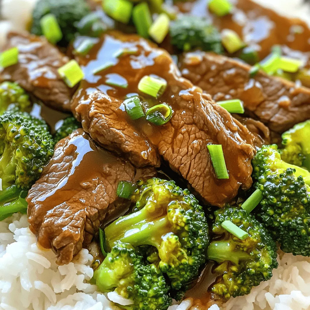 - 1 pound flank steak - 2 cups broccoli florets - 1/4 cup low sodium soy sauce - 2 tablespoons oyster sauce - 2 tablespoons cornstarch - 2 tablespoons sesame oil - 1 tablespoon brown sugar - 3 cloves garlic, minced - 1 teaspoon grated ginger - 1/4 cup beef broth - 2 tablespoons chopped green onions (for garnish) - Cooked rice (for serving) The key to this dish is the flank steak. It is tender and rich in flavor. The broccoli adds a nice crunch and color. The sauce brings everything together with a savory taste. - Instant Pot - Sauté spoon - Mixing bowl You need an Instant Pot for quick cooking. A sauté spoon helps mix ingredients well. A mixing bowl is great for marinating the beef. - Cooked rice - Optional garnishes Serve this dish over warm cooked rice. It soaks up the sauce well. You can add chopped green onions on top for a fresh touch. Enjoy your meal with family or friends! If you want the full recipe, check out the complete guide for step-by-step instructions. To start, I mix soy sauce, oyster sauce, sesame oil, brown sugar, garlic, ginger, and beef broth in a bowl. This mix forms a savory base for the beef. Once well combined, I add the thinly sliced flank steak to the bowl. It’s important to coat each piece so it absorbs the flavors. I let it marinate for 10-15 minutes. This short time helps the beef get tender and tasty while I prep the broccoli. Next, I set my Instant Pot to Sauté mode and add a tablespoon of sesame oil. When the oil is hot, I place the marinated beef in a single layer. Browning the beef is key. It seals in juices and adds a nice flavor. I sauté the beef for 2-3 minutes until it turns brown. After browning, I sprinkle cornstarch over the beef and stir. This step helps thicken the sauce later, making it rich and delicious. Now comes the fun part! I add the remaining marinade to the beef and stir everything together. Then, I layer the broccoli florets on top of the beef without stirring. This helps the broccoli steam perfectly. I close the lid, set the valve to Sealing, and select Manual or Pressure Cook mode. I set the cooking time for 10 minutes. Once the cooking is done, I let it naturally release pressure for 5 minutes. Afterward, I do a quick release for any extra steam. If the sauce needs thickening, I turn on Sauté mode again. I simmer it until I reach the right consistency. Finally, I serve the dish hot over rice, garnished with green onions. For the full recipe, check out the details! To enhance your Instant Pot Beef and Broccoli, consider adjusting the soy sauce. If you like it salty, keep the amount the same. For a milder taste, reduce the soy sauce by one tablespoon. You can also try adding a splash of rice vinegar for a tangy twist. If you want an alternative marinade, mix equal parts of teriyaki sauce and soy sauce. This gives a sweet and savory flavor. You could use hoisin sauce for a richer taste too. To ensure your beef is tender, choose flank steak and slice it thinly against the grain. This helps break down the muscle fibers. When you sauté the beef, do not overcrowd the pot. This allows each piece to brown well. For cooking broccoli, add it on top of the beef. This keeps it from becoming mushy. The steam from the beef cooks the broccoli perfectly. Make sure to check that the broccoli is bright green and tender but still crisp. Pair your beef and broccoli with cooked rice or noodles for a complete meal. Jasmine rice or egg noodles work well. Add some sesame seeds on top for a nice crunch and extra flavor. To present your dish, use a white plate to show off the colors. Arrange the beef and broccoli neatly, and sprinkle chopped green onions on top. This makes your meal look as good as it tastes. For the full recipe, check out the details above. {{image_2}} You can switch out beef for other proteins. Chicken works great for a lighter meal. Tofu is perfect for a vegetarian option. If you use chicken, cut it into bite-sized pieces. Cook it for about 5 minutes less than beef. Tofu needs less time too; sauté it until golden. This gives it a nice texture. To make a plant-based version, use firm tofu or tempeh. Both soak up flavor well. You can also use mushrooms for a hearty texture. Replace beef broth with vegetable broth to keep it vegan. Add some extra veggies like bell peppers or carrots for color and taste. Add different spices to change the flavor. Consider adding red pepper flakes for heat. You can also use hoisin sauce for a sweet twist. Try a splash of sesame oil for a nutty flavor. Explore regional styles by adding ingredients like sriracha for a Thai flair or soy sauce for a classic touch. Each variation makes the dish your own, so have fun with it! To keep your beef and broccoli fresh, store it in an airtight container. Place it in the fridge right away. Your dish will stay good for about 3 to 4 days. If you want it to last longer, freezing is a great option. To freeze, let the dish cool first. Then, portion it into freezer-safe bags or containers. Remove any air to prevent freezer burn. When you are ready to eat, thaw it overnight in the fridge. Reheat it gently on the stove or in the microwave. This helps keep the beef tender and the broccoli bright. The best way to reheat is on the stove. Use low heat and add a splash of water or broth. This keeps the dish moist and flavorful. If you use a microwave, heat in short bursts. Stir it often to ensure even heating. Enjoy your meal just like when it was fresh! To thicken your sauce, you can use cornstarch. After cooking, turn on the Sauté mode. Let the sauce simmer for a few minutes. Stir in a mix of cornstarch and water. This will help create a nice, thick sauce. Yes, you can use frozen broccoli. Just add it to the pot during the last few minutes of cooking. Frozen broccoli cooks faster than fresh. So, adjust the cook time to about 8 minutes. This way, your broccoli stays bright and tender. To avoid tough beef, choose flank steak and slice it thin against the grain. Marinate it for at least 10 minutes. This helps break down tough fibers. Also, don’t overcook it! Stick to the set cook time for the best results. Absolutely, you can double the recipe. Just ensure your Instant Pot can hold all the ingredients. You might need to adjust the cooking time slightly. Check the beef for tenderness after the normal time. If needed, add a few more minutes. This post guides you through making a tasty beef and broccoli dish using an Instant Pot. We covered key ingredients, tools needed, and step-by-step instructions. I also shared tips for perfecting flavors and options for variations, including vegan choices. Remember to store leftovers properly and use recommended methods for reheating. Enjoy experimenting with this dish, and don’t hesitate to make it your own. Cooking can be simple and fun—your new meal is just a recipe away!
