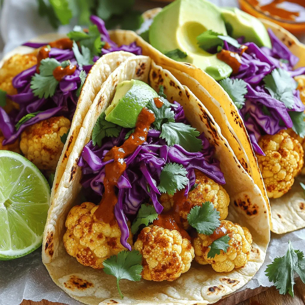 - 1 medium cauliflower, cut into florets - 2 tablespoons olive oil - 1 teaspoon smoked paprika - 1 teaspoon ground cumin - 1 teaspoon garlic powder - 1/2 teaspoon salt - 1/4 teaspoon black pepper - 8 small corn tortillas The star of our dish is the cauliflower. It gets tender and flavorful when roasted. I use olive oil to help the spices stick. Smoked paprika adds a touch of smokiness. Ground cumin brings warmth and earthiness. Garlic powder gives a nice savory kick. Salt and black pepper enhance all the flavors. The corn tortillas are soft and perfect for holding all the goodness. - 1 cup red cabbage, thinly sliced - 1 avocado, sliced - 1/4 cup fresh cilantro, chopped For toppings, I love using red cabbage. Its crunch adds great texture. Avocado brings creaminess and richness to each bite. Fresh cilantro adds a burst of flavor and freshness. These toppings make the tacos bright and colorful. - Hot sauce - Lime wedges For some heat, I suggest adding hot sauce. It gives the tacos a spicy kick. Lime wedges are great too. A squeeze of lime adds zest and balances the flavors. You can mix and match these add-ins to suit your taste. For the full recipe, check out the [Full Recipe]. First, preheat your oven to 425°F (220°C). This step is key for great roasting. Next, take a large bowl and toss the cauliflower florets with olive oil, smoked paprika, ground cumin, garlic powder, salt, and black pepper. Mix well until every piece is coated. This blend of spices brings bold flavors that elevate the dish. Spread the seasoned cauliflower onto a baking sheet. Make sure the florets sit in a single layer. This helps them roast evenly. Bake for about 25 minutes. Flip the cauliflower halfway through to ensure all sides get that nice golden color. Keep an eye on them; they should be tender and golden by the end of the baking time. While the cauliflower roasts, heat the corn tortillas in a dry skillet over medium heat. Warm them for about 30 seconds on each side. This makes the tortillas soft and easy to fold. Once the cauliflower is ready, it’s time to assemble your tacos. Place a generous scoop of roasted cauliflower on each tortilla. Top with sliced red cabbage, creamy avocado, and fresh cilantro. Serve immediately with lime wedges on the side for squeezing. A drizzle of hot sauce is perfect for extra spice. For the full recipe, check out the detailed instructions above. When you season your cauliflower, think bold. I love using spices like smoked paprika, cumin, and garlic powder. They bring out the best flavors. You can also try different blends, like taco seasoning or chipotle powder. For added depth, marinate the cauliflower for 30 minutes. This gives the spices time to soak in. I recommend roasting the cauliflower at 425°F (220°C). This high heat makes it crispy outside and tender inside. Spread the florets evenly on the pan for even cooking. If you want a quicker method, try air frying. Set it to 400°F (200°C) and cook for about 15 minutes. Shake the basket halfway through for great results. Pair these tacos with simple sides. A fresh salad or black beans works well. You can also serve them with rice for a hearty meal. For drinks, try a light beer or sparkling water with lime. The bright flavors of the tacos blend nicely with these options. For the full recipe, check out the detailed cooking instructions above. {{image_2}} You can enhance your Vegan Cauliflower Tacos by adding beans or lentils. Black beans or pinto beans work well. They bring extra protein and fiber. Lentils also add a rich texture. Use cooked lentils for a hearty bite. Tofu is another great option. You can cube and season it like the cauliflower. Bake or pan-fry until golden. This adds a nice crunch. Switch up the flavor by choosing a different profile. For a Southwest twist, add corn and chili powder. This will give your tacos a vibrant kick. If you prefer Asian-inspired flavors, use soy sauce and ginger. Top with sesame seeds for added texture. Both styles offer a fun twist on the classic recipe. Need gluten-free options? Use corn tortillas instead of flour ones. They taste great and hold up well. If you're avoiding nuts, skip any nut-based toppings. This keeps the recipe safe for those with allergies. You can still enjoy a fresh and tasty meal without them. To store your cauliflower tacos, place them in an airtight container. This helps keep the flavors fresh. You can refrigerate them for up to three days. If you have leftover toppings, store them separately. This prevents sogginess and keeps everything crisp. If you want to freeze the tacos, first cool them completely. Wrap each taco in foil or plastic wrap. Then, put them in a freezer-safe bag. They can last up to three months in the freezer. To reheat, thaw them in the fridge overnight. Then, warm them in the oven at 350°F (175°C) for about 10 minutes. This helps restore that delightful crunch. Cooked cauliflower can stay fresh in the fridge for about three to five days. The tortillas, once cooked, are best eaten within two days. Always check for any signs of spoilage before eating. This way, you ensure a tasty meal every time! For the full recipe, check out the detailed steps above. To make your Vegan Cauliflower Tacos spicier, you can add chili powder or fresh jalapeños. Chili powder adds warmth without overpowering the dish. Fresh jalapeños give a crisp and sharp heat. You can slice the jalapeños thin or chop them finely. Mix them with the cauliflower before roasting. You can also serve hot sauce on the side for extra kick. This way, everyone can adjust the spice to their taste. Yes, you can meal prep Vegan Cauliflower Tacos! Start by roasting the cauliflower and then store it in an airtight container. Keep the tortillas, cabbage, avocado, and cilantro separate to keep them fresh. You can prepare the cauliflower up to three days ahead. When it’s time to eat, just heat the tortillas and assemble the tacos. This saves you time on busy days and makes meals quick and easy. You can serve many tasty sides with Vegan Cauliflower Tacos. Some great options include: - Black beans for protein - Mexican rice for a hearty meal - Fresh salsa for a zesty touch - Corn salad for a crunchy side Each of these complements the tacos well and adds more flavor to your meal. You can also enjoy a refreshing drink like agua fresca or a cool beer alongside. Check out the Full Recipe to enhance your dining experience! You've explored how to create delicious vegan cauliflower tacos. We started with key ingredients like cauliflower and spices, then moved on to toppings like avocado and cilantro. I shared step-by-step instructions for preparing, roasting, and assembling the tacos. We discussed tips for seasoning and cooking methods, plus variations to suit your taste. Lastly, we covered storage tips and answered common questions. These tacos are easy to make and packed with flavor. Enjoy experimenting with your favorite toppings and add-ins!