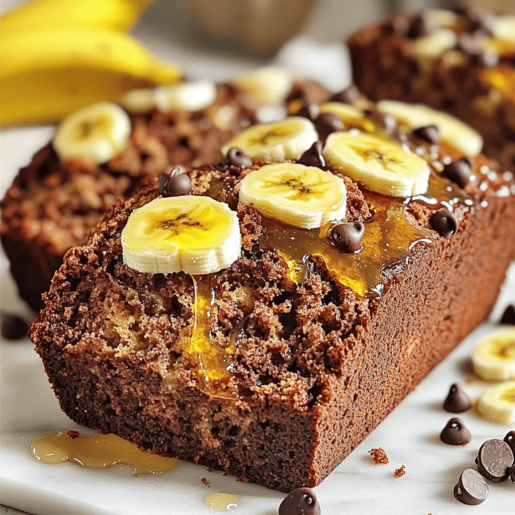 - 3 ripe bananas, mashed - 1/2 cup unsalted butter, melted - 1/2 cup brown sugar - 1/4 cup granulated sugar For the best chocolate chip banana bread, you need ripe bananas. Ripe bananas give the bread its sweet flavor. Look for bananas with brown spots. They are perfect for baking. You will also need unsalted butter. Melted butter helps mix the ingredients smoothly. Next, use both brown and granulated sugar. Brown sugar adds moisture and a caramel taste. Granulated sugar gives a light crunch. Together, they balance the flavors well. - 1/2 cup semi-sweet chocolate chips - 1/4 cup chopped walnuts Chocolate chips are a must for this recipe. They melt into gooey pockets of joy. If you love nuts, add chopped walnuts. They give a nice crunch and flavor. Both of these ingredients are optional, but they make the bread even better! - Loaf pan - Mixing bowls - Measuring cups and spoons You will need a loaf pan to bake the bread. A 9x5 inch pan works best. Gather mixing bowls to combine the ingredients. Measuring cups and spoons ensure you use the right amounts. With these tools, you will create a perfect loaf. For the full recipe, check the details above. Enjoy baking! 1. Start by preheating your oven to 350°F (175°C). This ensures even baking. 2. Next, prepare your loaf pan. Grease a 9x5 inch loaf pan. You can also line it with parchment paper for easy removal later. 1. In a large bowl, combine the melted butter with the mashed bananas. Mix them well until smooth. 2. Add the brown sugar and granulated sugar to the bowl. Stir until the sugars blend into the banana mixture. 3. Beat in the eggs, one at a time. Make sure each egg mixes in fully before adding the next. Then, stir in the vanilla extract. 1. Sprinkle the baking soda and salt over the batter. Gently fold these in to combine. 2. Gradually add the all-purpose flour. Mix until just combined, but do not overwork the batter. 3. Now, fold in the chocolate chips and walnuts if you are using them. Make sure they spread evenly throughout the batter. Now you are ready to bake! Pour the batter into the prepared loaf pan. This recipe is simple and will lead you to a delicious treat. For more details, you can check the Full Recipe. How to know when banana bread is done? You can tell banana bread is done by using a toothpick. Insert it into the center of the loaf. If it comes out clean or with a few crumbs, your bread is ready. If it has wet batter, bake it for a few more minutes. The top should be golden brown and firm to the touch. Importance of not overmixing Mixing the batter too much can make your banana bread tough. It is best to mix until just combined. This way, you keep your bread soft and fluffy. Remember, a few lumps in the batter are okay! Best ways to enjoy chocolate chip banana bread You can enjoy chocolate chip banana bread warm or at room temperature. Slice it thick and spread a little butter on top. You can also add a drizzle of honey for a sweet touch. Pairing options for breakfast or dessert This banana bread pairs well with coffee or tea for breakfast. For dessert, serve it with vanilla ice cream or whipped cream. You can even add fresh fruit like strawberries or blueberries on the side. Storing banana bread properly To store banana bread, wrap it tightly in plastic wrap or foil. This keeps it fresh and moist. Place it in an airtight container at room temperature. It can last up to 4 days this way. Reheating advice To reheat banana bread, slice off a piece and place it in the microwave for about 10-15 seconds. You can also warm it in the oven at 350°F for about 5 minutes. This way, it tastes just as good as fresh! {{image_2}} If you want a classic banana bread, skip the chocolate chips. The ripe bananas add enough sweetness and flavor. You can still have a moist and soft bread without them. Just follow the Full Recipe and leave out the chips. You can add chopped nuts for crunch or keep it simple. To make a healthier version, try these options: - Substituting sugars or fats: Use honey or maple syrup in place of sugar. You can also use applesauce to cut down on butter. This will still keep your bread rich and tasty. - Using whole wheat flour: Swap all-purpose flour for whole wheat flour. This gives you more fiber and nutrients. The taste will still be great, and it's a smart choice! Want to add some zing? Here are fun ideas: - Incorporating spices like cinnamon or nutmeg: Adding just a pinch of these spices can elevate your bread. They bring warmth and depth to the flavor. Just a teaspoon goes a long way! - Experimenting with add-ins like coconut or peanut butter: You can fold in shredded coconut for a tropical twist. Or, add a few spoonfuls of peanut butter for a nutty flavor. Both options are delicious and fun to try! Chocolate chip banana bread is not only tasty but also offers good nutrition. Each serving, about one slice, has around 200 calories. This means you can enjoy it without guilt. Here’s a quick look at the macronutrients: - Carbs: 30 grams - Fat: 8 grams - Protein: 3 grams These nutrients come from the healthy ingredients in the recipe. The bananas add natural sweetness, while the butter provides richness. Bananas are a star in this recipe. They are high in potassium, which helps keep your heart healthy. They also provide energy and improve digestion. Nuts, like walnuts, bring healthy fats and protein. They may help lower cholesterol and support brain health. If you want to make this banana bread gluten-free, swap all-purpose flour for a gluten-free blend. You can also use almond flour for a nutty flavor. For a vegan version, replace eggs with flaxseed meal or applesauce. This keeps the bread moist and delicious. Enjoy the full recipe and make it your own! You can ripen bananas fast in a few ways. - Paper bag method: Place the bananas in a paper bag. Close it loosely. The trapped ethylene gas speeds ripening. - Oven method: Set your oven to 300°F (150°C). Place unpeeled bananas on a baking sheet. Bake for 15-20 minutes. Let them cool before using. - Microwave method: Pierce the banana skin with a fork. Microwave for 30 seconds. Check and repeat if needed. These methods help you get ripe bananas for your chocolate chip banana bread. Yes, you can freeze chocolate chip banana bread. Here’s how: - Cool completely: Let the bread cool fully after baking. - Wrap well: Use plastic wrap to cover the bread tightly. Then wrap it in aluminum foil. - Label and date: Write the date on the foil. This helps you remember when you froze it. - Thawing: To thaw, move the bread to the fridge overnight. For a quick thaw, leave it at room temperature for a few hours. Freezing keeps your bread fresh and tasty for later. If your banana bread is dense, several things could cause this. - Overmixing: Mixing too much can lead to dense bread. Stir just until combined. - Too many bananas: Using too many ripe bananas can add too much moisture. Stick to three. - Incorrect measuring: Ensure you measure flour correctly. Use the spoon and level method for accuracy. Try these tips to make your banana bread light and fluffy. If you want the full recipe, check out the Choco-Banana Bliss Bread. You learned how to make delicious chocolate chip banana bread. We discussed the main and optional ingredients, along with the equipment you need. I provided clear, step-by-step instructions to guide you through mixing and baking. Remember the tips for serving and storing your bread, as well as variations you can try. Don't hesitate to experiment with flavors and healthier options. Enjoy your baking and savor every slice of this tasty treat!